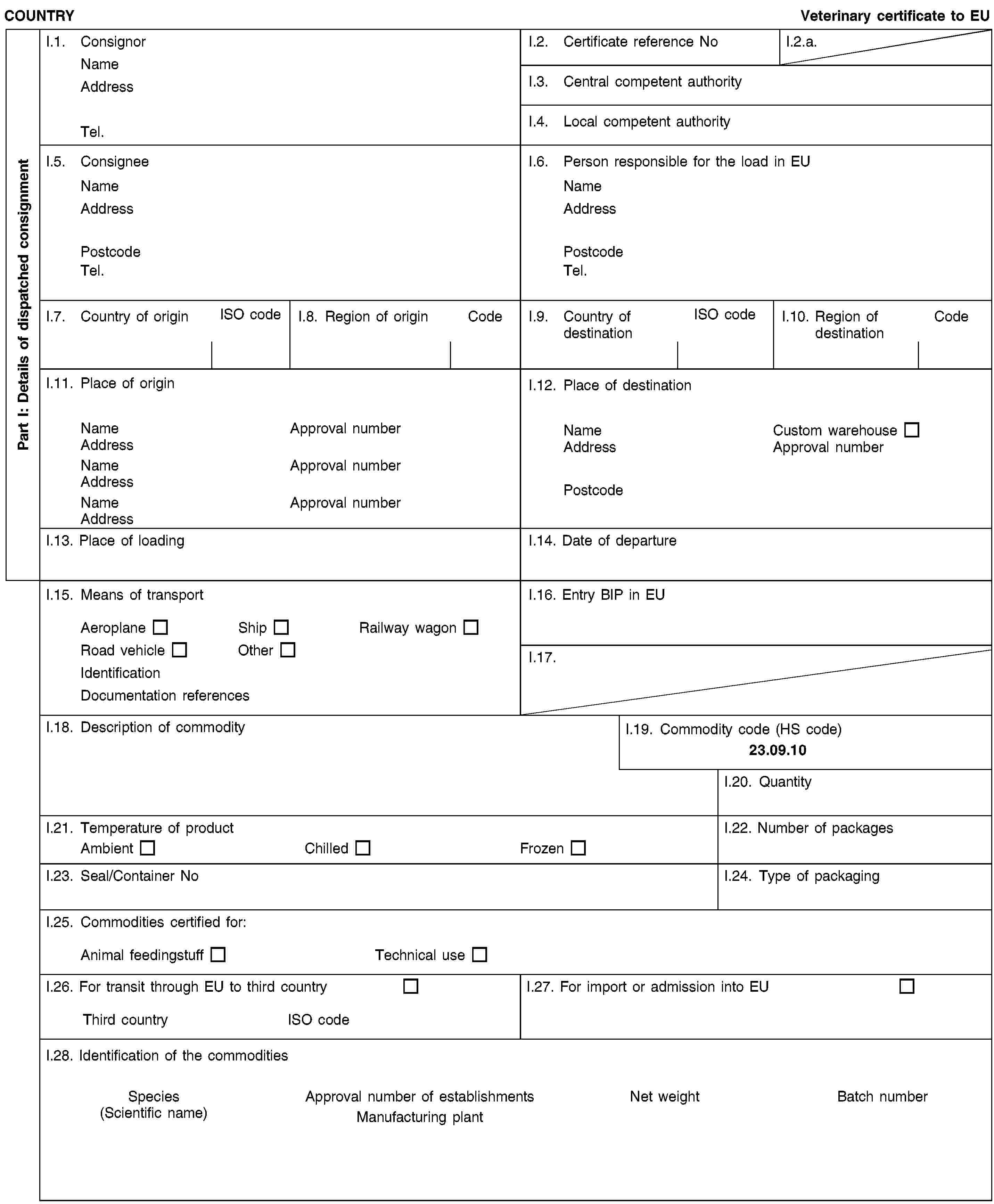 Part I: Details of dispatched consignmentCOUNTRYVeterinary certificate to EUI.1. ConsignorNameAddressTel.I.2. Certificate reference NoI.2.a.I.3. Central competent authorityI.4. Local competent authorityI.5. ConsigneeNameAddressPostcodeTel.I.6. Person responsible for the load in EUNameAddressPostcodeTel.I.7. Country of originISO codeI.8. Region of originCodeI.9. Country of destinationISO codeI.10. Region of destinationCodeI.11. Place of originNameApproval numberAddressNameApproval numberAddressNameApproval numberAddressI.12. Place of destinationNameCustom warehouseAddressApproval numberPostcodeI.13. Place of loadingI.14. Date of departureI.15. Means of transportAeroplaneShipRailway wagonRoad vehicleOtherIdentificationDocumentation referencesI.16. Entry BIP in EUI.17.I.18. Description of commodityI.19. Commodity code (HS code)23.09.10I.20. QuantityI.21. Temperature of productAmbientChilledFrozenI.22. Number of packagesI.23. Seal/Container NoI.24. Type of packagingI.25. Commodities certified for:Animal feedingstuffTechnical useI.26. For transit through EU to third countryThird countryISO codeI.27. For import or admission into EUI.28. Identification of the commoditiesSpecies(Scientific name)Approval number of establishmentsManufacturing plantNet weightBatch number