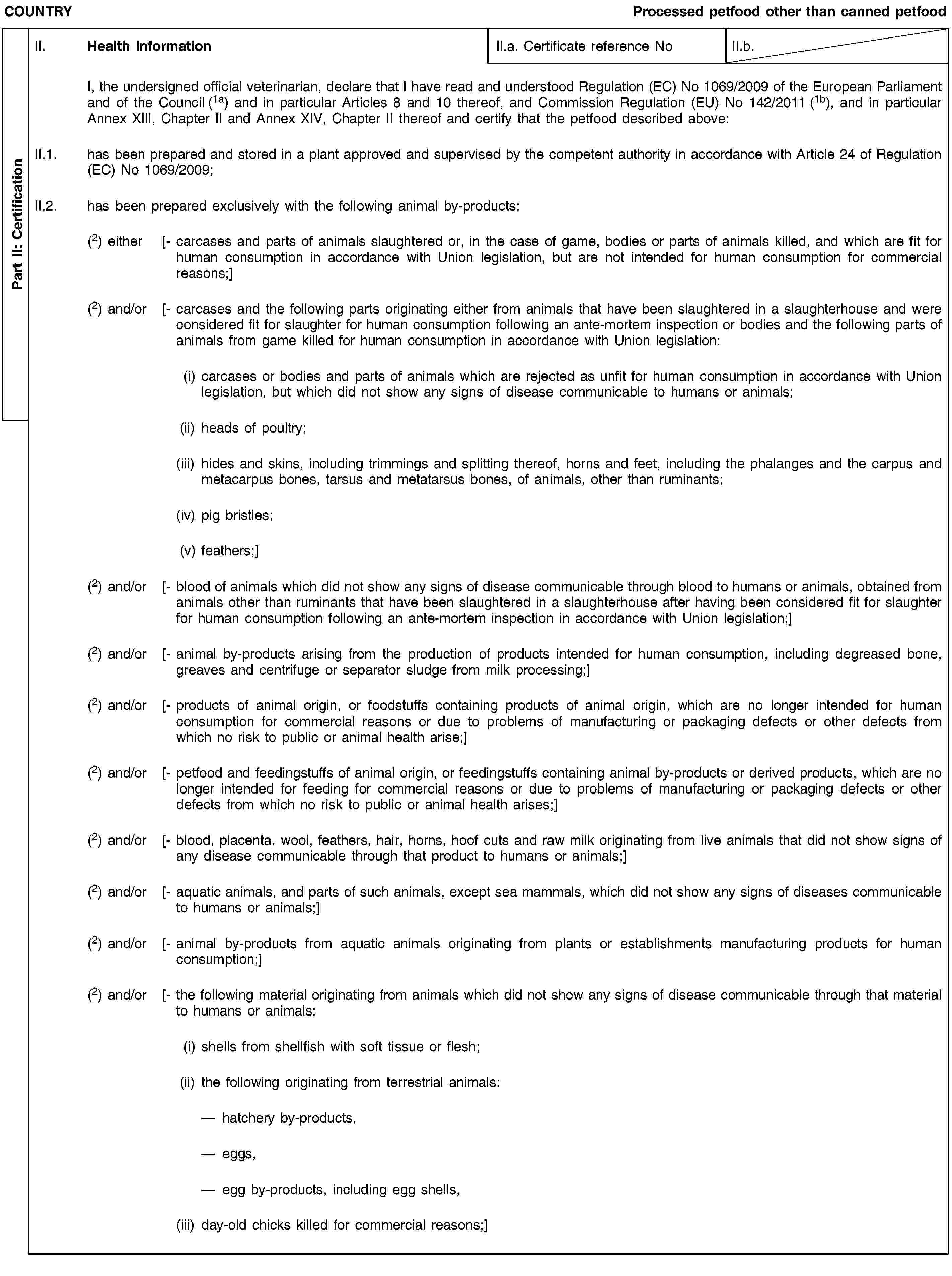 Part II: CertificationCOUNTRYProcessed petfood other than canned petfoodII. Health informationII.a. Certificate reference NoII.b.I, the undersigned official veterinarian, declare that I have read and understood Regulation (EC) No 1069/2009 of the European Parliament and of the Council (1a) and in particular Articles 8 and 10 thereof, and Commission Regulation (EU) No 142/2011 (1b), and in particular Annex XIII, Chapter II and Annex XIV, Chapter II thereof and certify that the petfood described above:II.1. has been prepared and stored in a plant approved and supervised by the competent authority in accordance with Article 24 of Regulation (EC) No 1069/2009;II.2. has been prepared exclusively with the following animal by-products:(2) either [- carcases and parts of animals slaughtered or, in the case of game, bodies or parts of animals killed, and which are fit for human consumption in accordance with Union legislation, but are not intended for human consumption for commercial reasons;](2) and/or [- carcases and the following parts originating either from animals that have been slaughtered in a slaughterhouse and were considered fit for slaughter for human consumption following an ante-mortem inspection or bodies and the following parts of animals from game killed for human consumption in accordance with Union legislation:(i) carcases or bodies and parts of animals which are rejected as unfit for human consumption in accordance with Union legislation, but which did not show any signs of disease communicable to humans or animals;(ii) heads of poultry;(iii) hides and skins, including trimmings and splitting thereof, horns and feet, including the phalanges and the carpus and metacarpus bones, tarsus and metatarsus bones, of animals, other than ruminants;(iv) pig bristles;(v) feathers;](2) and/or [- blood of animals which did not show any signs of disease communicable through blood to humans or animals, obtained from animals other than ruminants that have been slaughtered in a slaughterhouse after having been considered fit for slaughter for human consumption following an ante-mortem inspection in accordance with Union legislation;](2) and/or [- animal by-products arising from the production of products intended for human consumption, including degreased bone, greaves and centrifuge or separator sludge from milk processing;](2) and/or [- products of animal origin, or foodstuffs containing products of animal origin, which are no longer intended for human consumption for commercial reasons or due to problems of manufacturing or packaging defects or other defects from which no risk to public or animal health arise;](2) and/or [- petfood and feedingstuffs of animal origin, or feedingstuffs containing animal by-products or derived products, which are no longer intended for feeding for commercial reasons or due to problems of manufacturing or packaging defects or other defects from which no risk to public or animal health arises;](2) and/or [- blood, placenta, wool, feathers, hair, horns, hoof cuts and raw milk originating from live animals that did not show signs of any disease communicable through that product to humans or animals;](2) and/or [- aquatic animals, and parts of such animals, except sea mammals, which did not show any signs of diseases communicable to humans or animals;](2) and/or [- animal by-products from aquatic animals originating from plants or establishments manufacturing products for human consumption;](2) and/or [- the following material originating from animals which did not show any signs of disease communicable through that material to humans or animals:(i) shells from shellfish with soft tissue or flesh;(ii) the following originating from terrestrial animals:hatchery by-products,eggs,egg by-products, including egg shells,(iii) day-old chicks killed for commercial reasons;]