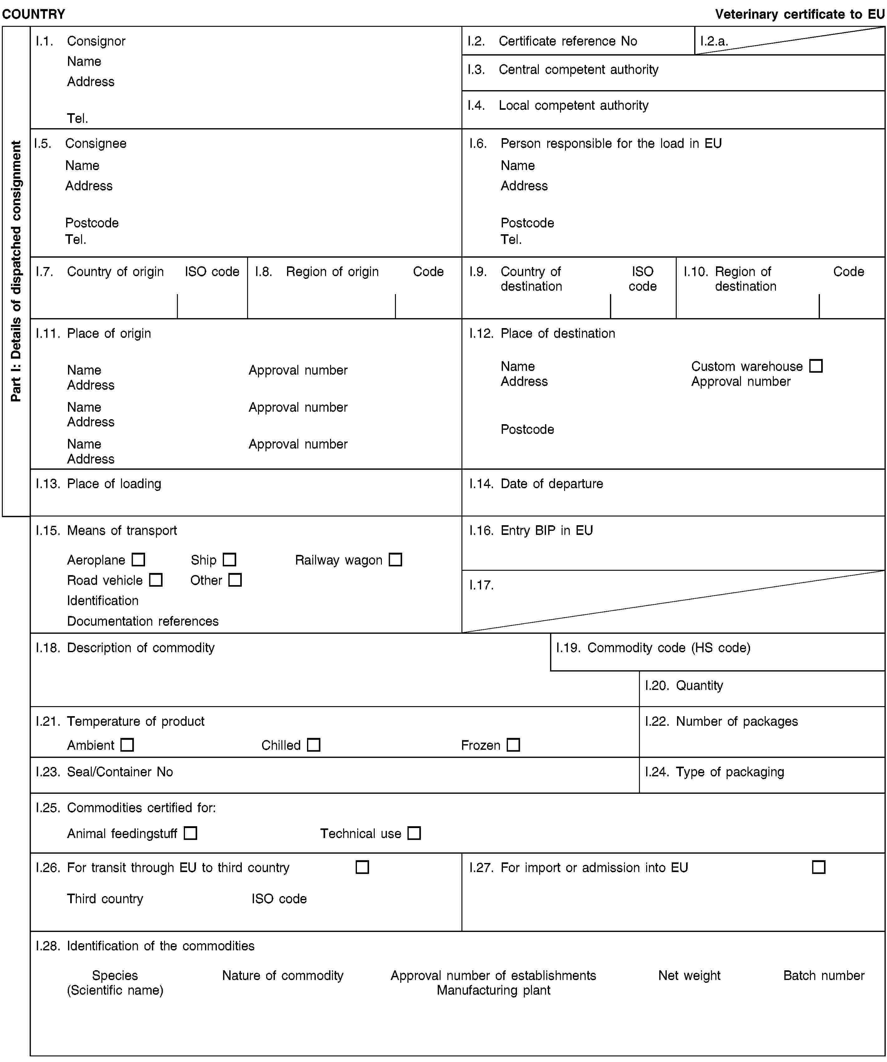 Part I: Details of dispatched consignmentCOUNTRYVeterinary certificate to EUI.1. ConsignorNameAddressTel.I.2. Certificate reference NoI.2.a.I.3. Central competent authorityI.4. Local competent authorityI.5. ConsigneeNameAddressPostcodeTel.I.6. Person responsible for the load in EUNameAddressPostcodeTel.I.7. Country of originISO codeI.8. Region of originCodeI.9. Country of destinationISO codeI.10. Region of destinationCodeI.11. Place of originNameApproval numberAddressNameApproval numberAddressNameApproval numberAddressI.12. Place of destinationNameCustom warehouseAddressApproval numberPostcodeI.13. Place of loadingI.14. Date of departureI.15. Means of transportAeroplaneShipRailway wagonRoad vehicleOtherIdentificationDocumentation referencesI.16. Entry BIP in EUI.17.I.18. Description of commodityI.19. Commodity code (HS code)I.20. QuantityI.21. Temperature of productAmbientChilledFrozenI.22. Number of packagesI.23. Seal/Container NoI.24. Type of packagingI.25. Commodities certified for:Animal feedingstuffTechnical useI.26. For transit through EU to third countryThird countryISO codeI.27. For import or admission into EUI.28. Identification of the commoditiesSpecies(Scientific name)Nature of commodityApproval number of establishmentsManufacturing plantNet weightBatch number