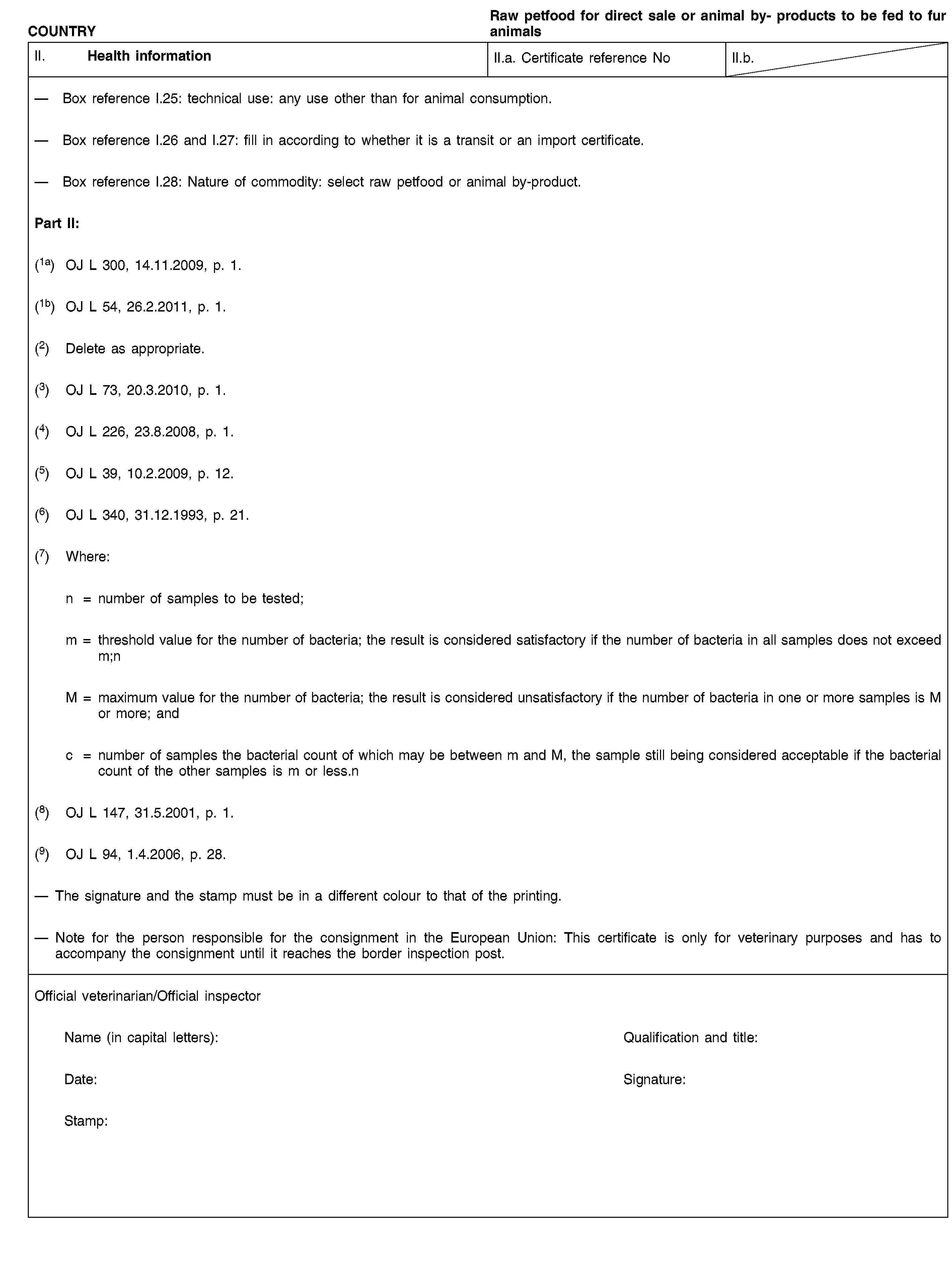 COUNTRYRaw petfood for direct sale or animal by- products to be fed to fur animalsII. Health informationII.a. Certificate reference NoII.b.Box reference I.25: technical use: any use other than for animal consumption.Box reference I.26 and I.27: fill in according to whether it is a transit or an import certificate.Box reference I.28: Nature of commodity: select raw petfood or animal by-product.Part II:(1a) OJ L 300, 14.11.2009, p. 1.(1b) OJ L 54, 26.2.2011, p. 1.(2) Delete as appropriate.(3) OJ L 73, 20.3.2010, p. 1.(4) OJ L 226, 23.8.2008, p. 1.(5) OJ L 39, 10.2.2009, p. 12.(6) OJ L 340, 31.12.1993, p. 21.(7) Where:n = number of samples to be tested;m = threshold value for the number of bacteria; the result is considered satisfactory if the number of bacteria in all samples does not exceed m;nM = maximum value for the number of bacteria; the result is considered unsatisfactory if the number of bacteria in one or more samples is M or more; andc = number of samples the bacterial count of which may be between m and M, the sample still being considered acceptable if the bacterial count of the other samples is m or less.n(8) OJ L 147, 31.5.2001, p. 1.(9) OJ L 94, 1.4.2006, p. 28.The signature and the stamp must be in a different colour to that of the printing.Note for the person responsible for the consignment in the European Union: This certificate is only for veterinary purposes and has to accompany the consignment until it reaches the border inspection post.Official veterinarian/Official inspectorName (in capital letters):Qualification and title:Date:Signature:Stamp: