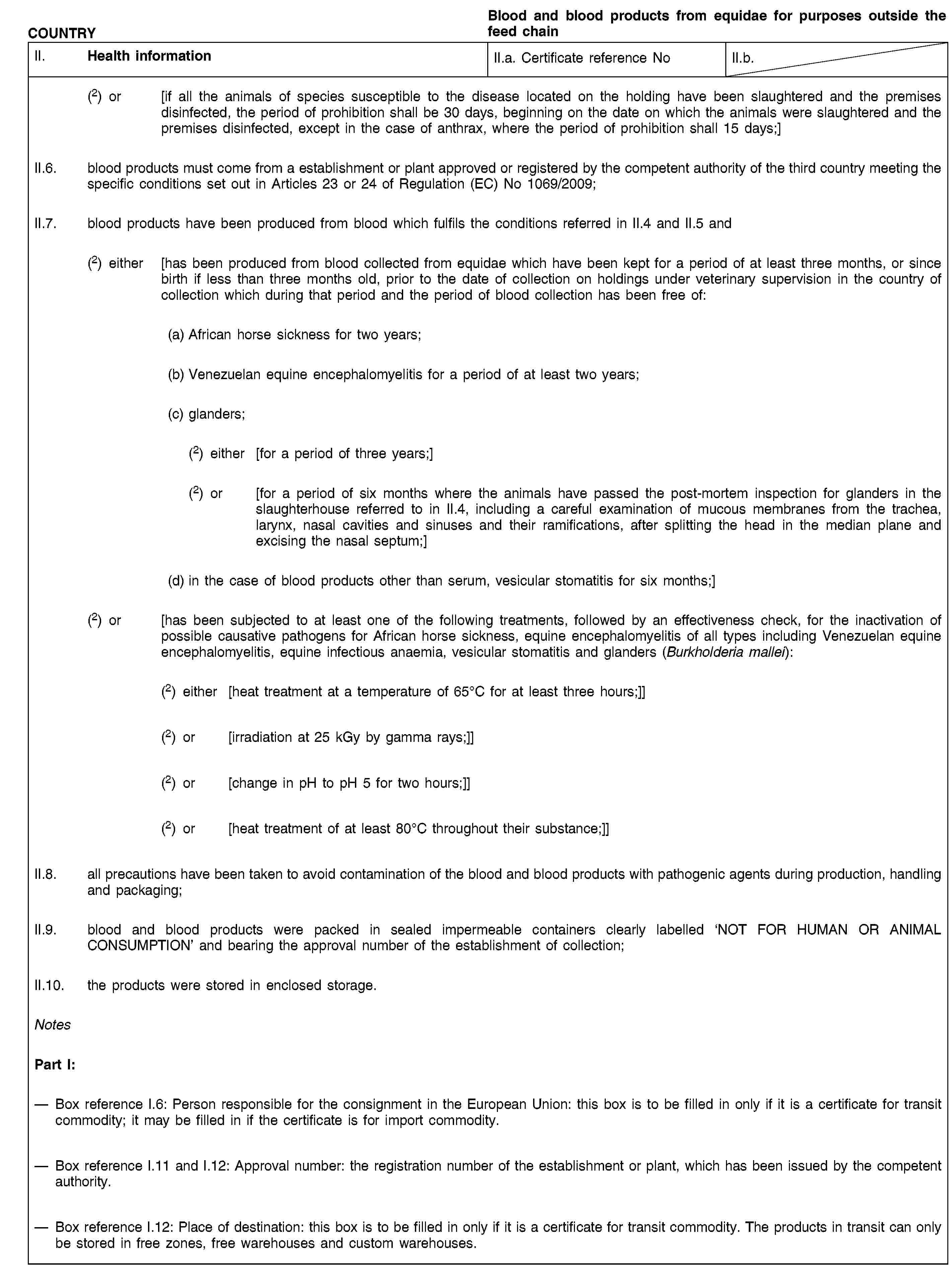 COUNTRYBlood and blood products from equidae for purposes outside the feed chainII. Health informationII.a. Certificate reference NoII.b.(2) or [if all the animals of species susceptible to the disease located on the holding have been slaughtered and the premises disinfected, the period of prohibition shall be 30 days, beginning on the date on which the animals were slaughtered and the premises disinfected, except in the case of anthrax, where the period of prohibition shall 15 days;]II.6. blood products must come from a establishment or plant approved or registered by the competent authority of the third country meeting the specific conditions set out in Articles 23 or 24 of Regulation (EC) No 1069/2009;II.7. blood products have been produced from blood which fulfils the conditions referred in II.4 and II.5 and(2) either [has been produced from blood collected from equidae which have been kept for a period of at least three months, or since birth if less than three months old, prior to the date of collection on holdings under veterinary supervision in the country of collection which during that period and the period of blood collection has been free of:(a) African horse sickness for two years;(b) Venezuelan equine encephalomyelitis for a period of at least two years;(c) glanders;(2) either [for a period of three years;](2) or [for a period of six months where the animals have passed the post-mortem inspection for glanders in the slaughterhouse referred to in II.4, including a careful examination of mucous membranes from the trachea, larynx, nasal cavities and sinuses and their ramifications, after splitting the head in the median plane and excising the nasal septum;](d) in the case of blood products other than serum, vesicular stomatitis for six months;](2) or [has been subjected to at least one of the following treatments, followed by an effectiveness check, for the inactivation of possible causative pathogens for African horse sickness, equine encephalomyelitis of all types including Venezuelan equine encephalomyelitis, equine infectious anaemia, vesicular stomatitis and glanders (Burkholderia mallei):(2) either [heat treatment at a temperature of 65°C for at least three hours;]](2) or [irradiation at 25 kGy by gamma rays;]](2) or [change in pH to pH 5 for two hours;]](2) or [heat treatment of at least 80°C throughout their substance;]]II.8. all precautions have been taken to avoid contamination of the blood and blood products with pathogenic agents during production, handling and packaging;II.9. blood and blood products were packed in sealed impermeable containers clearly labelled ‘NOT FOR HUMAN OR ANIMAL CONSUMPTION’ and bearing the approval number of the establishment of collection;II.10. the products were stored in enclosed storage.NotesPart I:Box reference I.6: Person responsible for the consignment in the European Union: this box is to be filled in only if it is a certificate for transit commodity; it may be filled in if the certificate is for import commodity.Box reference I.11 and I.12: Approval number: the registration number of the establishment or plant, which has been issued by the competent authority.Box reference I.12: Place of destination: this box is to be filled in only if it is a certificate for transit commodity. The products in transit can only be stored in free zones, free warehouses and custom warehouses.