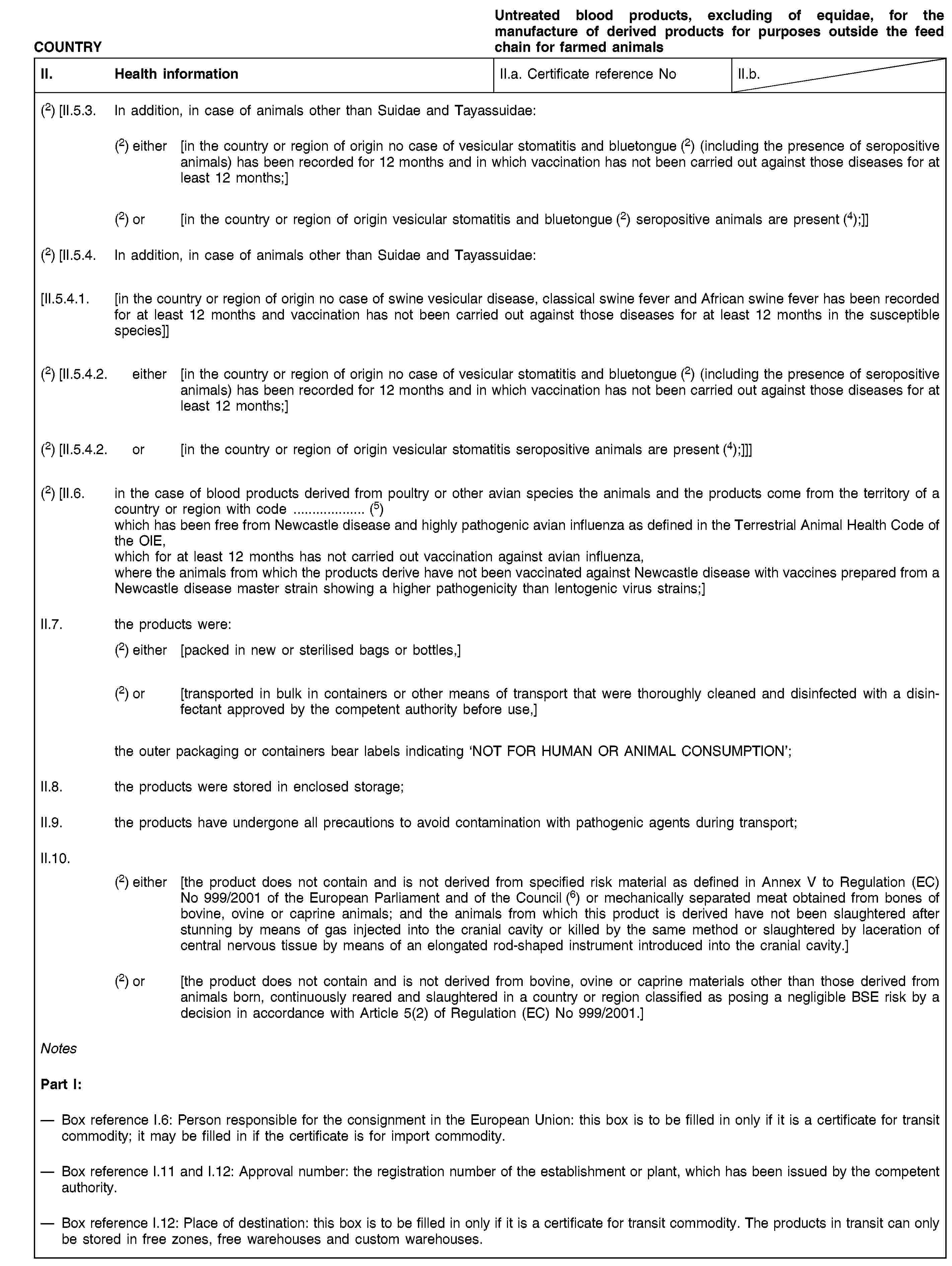 COUNTRYUntreated blood products, excluding of equidae, for the manufacture of derived products for purposes outside the feed chain for farmed animalsII. Health informationII.a. Certificate reference NoII.b.(2) [II.5.3. In addition, in case of animals other than Suidae and Tayassuidae:(2) either [in the country or region of origin no case of vesicular stomatitis and bluetongue (2) (including the presence of seropositive animals) has been recorded for 12 months and in which vaccination has not been carried out against those diseases for at least 12 months;](2) or [in the country or region of origin vesicular stomatitis and bluetongue (2) seropositive animals are present (4);]](2) [II.5.4. In addition, in case of animals other than Suidae and Tayassuidae:[II.5.4.1. [in the country or region of origin no case of swine vesicular disease, classical swine fever and African swine fever has been recorded for at least 12 months and vaccination has not been carried out against those diseases for at least 12 months in the susceptible species]](2) [II.5.4.2. either [in the country or region of origin no case of vesicular stomatitis and bluetongue (2) (including the presence of seropositive animals) has been recorded for 12 months and in which vaccination has not been carried out against those diseases for at least 12 months;](2) [II.5.4.2. or [in the country or region of origin vesicular stomatitis seropositive animals are present (4);]]](2) [II.6. in the case of blood products derived from poultry or other avian species the animals and the products come from the territory of a country or region with code … (5)which has been free from Newcastle disease and highly pathogenic avian influenza as defined in the Terrestrial Animal Health Code of the OIE,which for at least 12 months has not carried out vaccination against avian influenza,where the animals from which the products derive have not been vaccinated against Newcastle disease with vaccines prepared from a Newcastle disease master strain showing a higher pathogenicity than lentogenic virus strains;]II.7. the products were:(2) either [packed in new or sterilised bags or bottles,](2) or [transported in bulk in containers or other means of transport that were thoroughly cleaned and disinfected with a disinfectant approved by the competent authority before use,]the outer packaging or containers bear labels indicating ‘NOT FOR HUMAN OR ANIMAL CONSUMPTION’;II.8. the products were stored in enclosed storage;II.9. the products have undergone all precautions to avoid contamination with pathogenic agents during transport;II.10.(2) either [the product does not contain and is not derived from specified risk material as defined in Annex V to Regulation (EC) No 999/2001 of the European Parliament and of the Council (6) or mechanically separated meat obtained from bones of bovine, ovine or caprine animals; and the animals from which this product is derived have not been slaughtered after stunning by means of gas injected into the cranial cavity or killed by the same method or slaughtered by laceration of central nervous tissue by means of an elongated rod-shaped instrument introduced into the cranial cavity.](2) or [the product does not contain and is not derived from bovine, ovine or caprine materials other than those derived from animals born, continuously reared and slaughtered in a country or region classified as posing a negligible BSE risk by a decision in accordance with Article 5(2) of Regulation (EC) No 999/2001.]NotesPart I:Box reference I.6: Person responsible for the consignment in the European Union: this box is to be filled in only if it is a certificate for transit commodity; it may be filled in if the certificate is for import commodity.Box reference I.11 and I.12: Approval number: the registration number of the establishment or plant, which has been issued by the competent authority.Box reference I.12: Place of destination: this box is to be filled in only if it is a certificate for transit commodity. The products in transit can only be stored in free zones, free warehouses and custom warehouses.