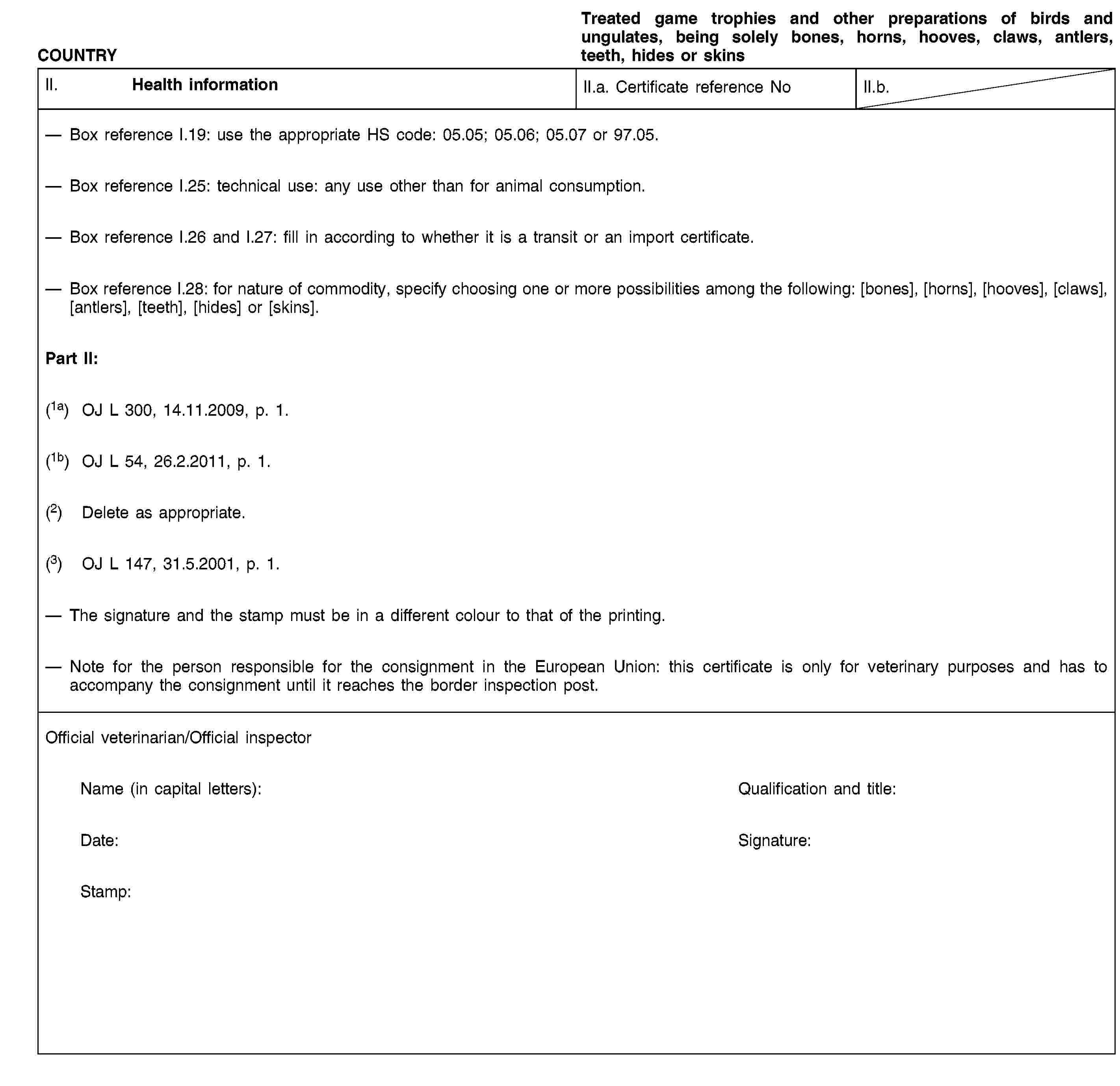 COUNTRYTreated game trophies and other preparations of birds and ungulates, being solely bones, horns, hooves, claws, antlers, teeth, hides or skinsII. Health informationII.a. Certificate reference NoII.b.Box reference I.19: use the appropriate HS code: 05.05; 05.06; 05.07 or 97.05.Box reference I.25: technical use: any use other than for animal consumption.Box reference I.26 and I.27: fill in according to whether it is a transit or an import certificate.Box reference I.28: for nature of commodity, specify choosing one or more possibilities among the following: [bones], [horns], [hooves], [claws], [antlers], [teeth], [hides] or [skins].Part II:(1a) OJ L 300, 14.11.2009, p. 1.(1b) OJ L 54, 26.2.2011, p. 1.(2) Delete as appropriate.(3) OJ L 147, 31.5.2001, p. 1.The signature and the stamp must be in a different colour to that of the printing.Note for the person responsible for the consignment in the European Union: this certificate is only for veterinary purposes and has to accompany the consignment until it reaches the border inspection post.Official veterinarian/Official inspectorName (in capital letters):Qualification and title:Date:Signature:Stamp:
