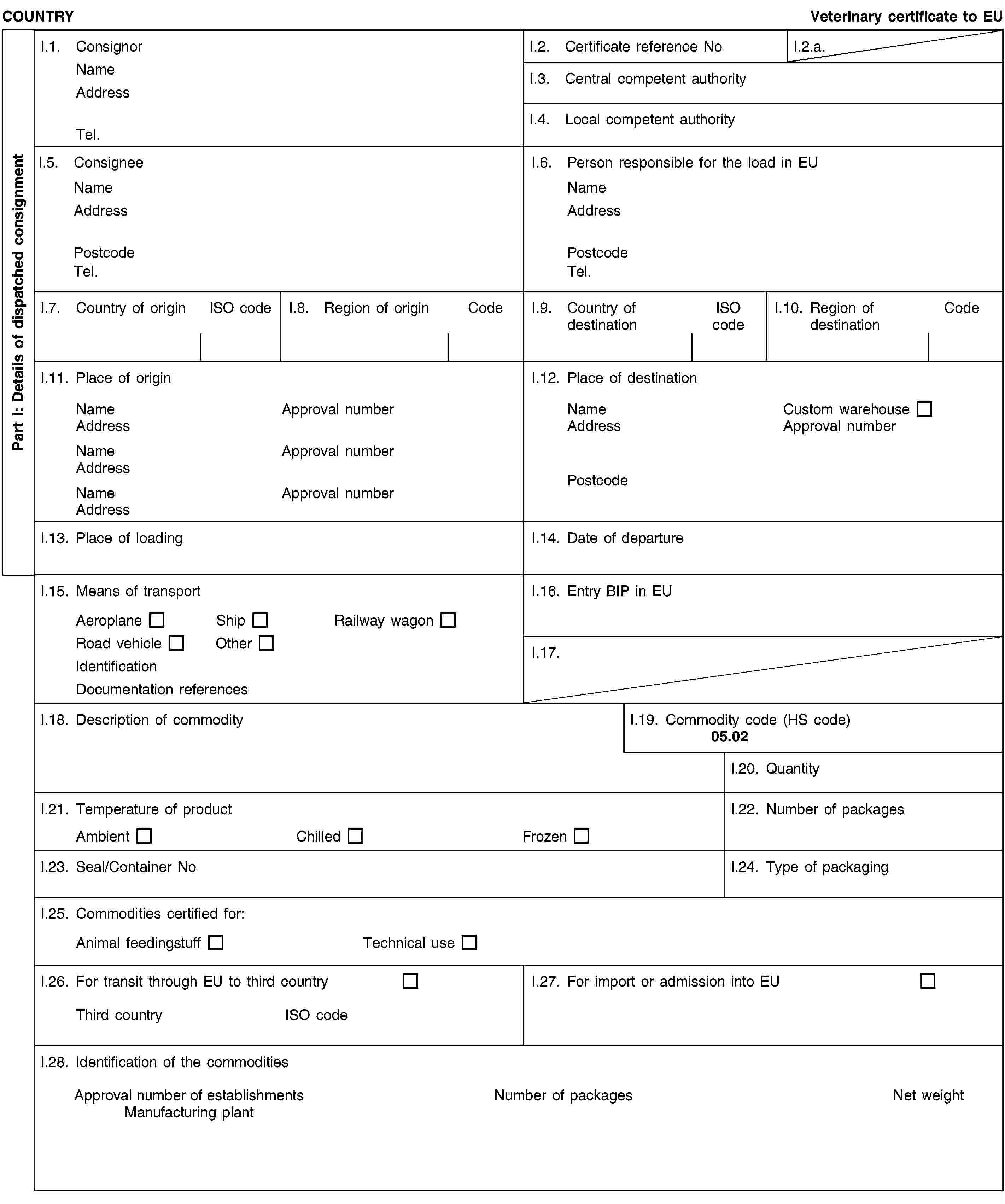 Part I: Details of dispatched consignmentCOUNTRYVeterinary certificate to EUI.1. ConsignorNameAddressTel.I.2. Certificate reference NoI.2.a.I.3. Central competent authorityI.4. Local competent authorityI.5. ConsigneeNameAddressPostcodeTel.I.6. Person responsible for the load in EUNameAddressPostcodeTel.I.7. Country of originISO codeI.8. Region of originCodeI.9. Country of destinationISO codeI.10. Region of destinationCodeI.11. Place of originNameApproval numberAddressNameApproval numberAddressNameApproval numberAddressI.12. Place of destinationNameCustom warehouseAddressApproval numberPostcodeI.13. Place of loadingI.14. Date of departureI.15. Means of transportAeroplaneShipRailway wagonRoad vehicleOtherIdentificationDocumentation referencesI.16. Entry BIP in EUI.17.I.18. Description of commodityI.19. Commodity code (HS code)05.02I.20. QuantityI.21. Temperature of productAmbientChilledFrozenI.22. Number of packagesI.23. Seal/Container NoI.24. Type of packagingI.25. Commodities certified for:Animal feedingstuffTechnical useI.26. For transit through EU to third countryThird countryISO codeI.27. For import or admission into EUI.28. Identification of the commoditiesApproval number of establishmentsManufacturing plantNumber of packagesNet weight