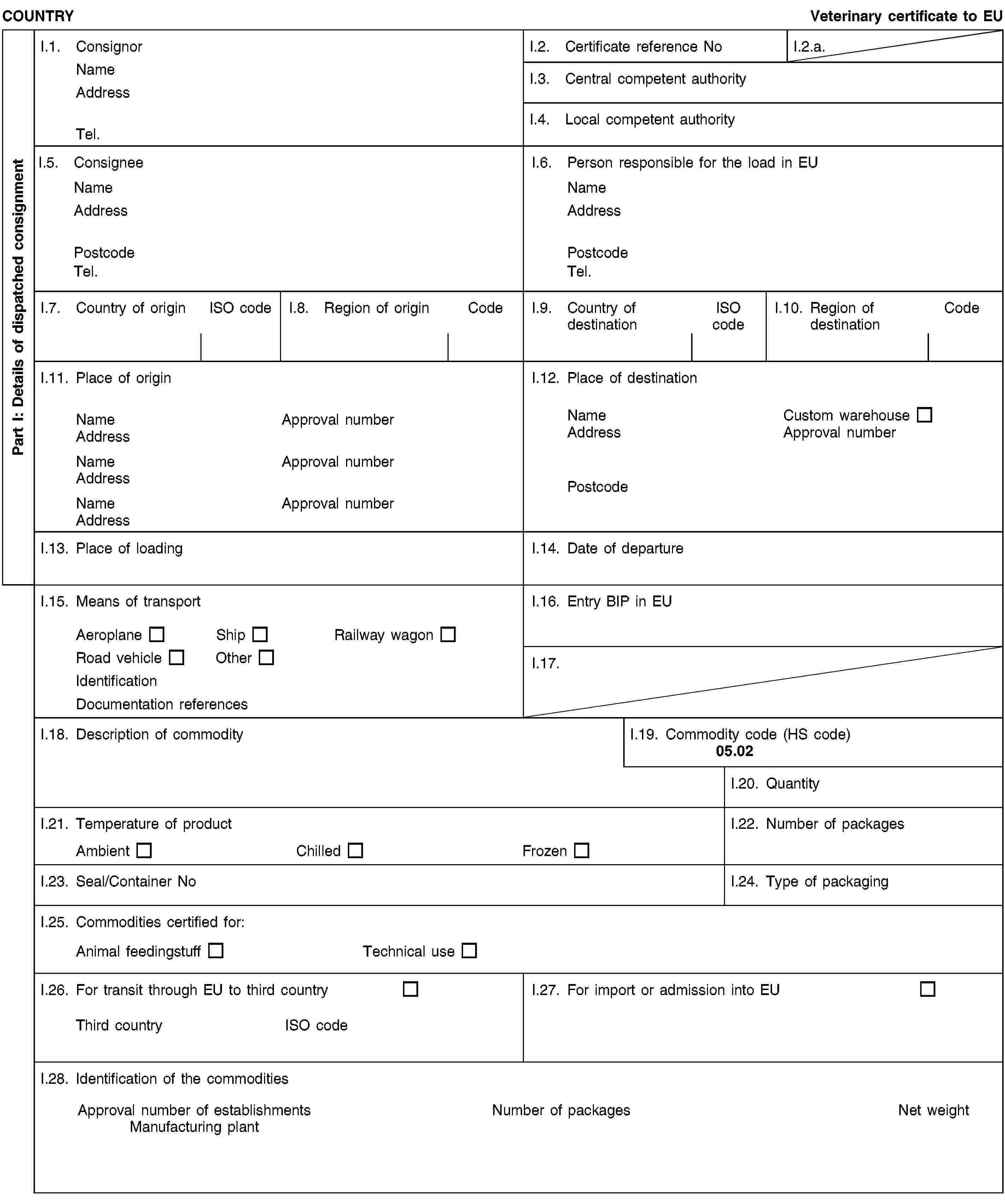 Part I: Details of dispatched consignmentCOUNTRYVeterinary certificate to EUI.1. ConsignorNameAddressTel.I.2. Certificate reference NoI.2.a.I.3. Central competent authorityI.4. Local competent authorityI.5. ConsigneeNameAddressPostcodeTel.I.6. Person responsible for the load in EUNameAddressPostcodeTel.I.7. Country of originISO codeI.8. Region of originCodeI.9. Country of destinationISO codeI.10. Region of destinationCodeI.11. Place of originNameApproval numberAddressNameApproval numberAddressNameApproval numberAddressI.12. Place of destinationNameCustom warehouseAddressApproval numberPostcodeI.13. Place of loadingI.14. Date of departureI.15. Means of transportAeroplaneShipRailway wagonRoad vehicleOtherIdentificationDocumentation referencesI.16. Entry BIP in EUI.17.I.18. Description of commodityI.19. Commodity code (HS code)05.02I.20. QuantityI.21. Temperature of productAmbientChilledFrozenI.22. Number of packagesI.23. Seal/Container NoI.24. Type of packagingI.25. Commodities certified for:Animal feedingstuffTechnical useI.26. For transit through EU to third countryThird countryISO codeI.27. For import or admission into EUI.28. Identification of the commoditiesApproval number of establishmentsManufacturing plantNumber of packagesNet weight