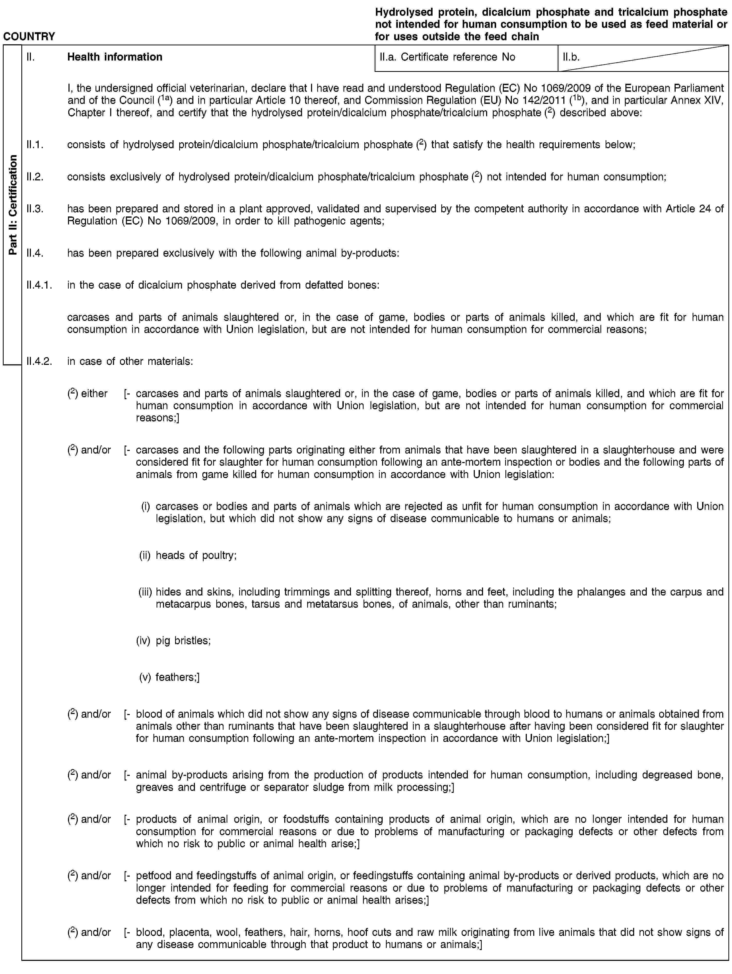 Part II: CertificationCOUNTRYHydrolysed protein, dicalcium phosphate and tricalcium phosphate not intended for human consumption to be used as feed material or for uses outside the feed chainII. Health informationII.a. Certificate reference NoII.b.I, the undersigned official veterinarian, declare that I have read and understood Regulation (EC) No 1069/2009 of the European Parliament and of the Council (1a) and in particular Article 10 thereof, and Commission Regulation (EU) No 142/2011 (1b), and in particular Annex XIV, Chapter I thereof, and certify that the hydrolysed protein/dicalcium phosphate/tricalcium phosphate (2) described above:II.1. consists of hydrolysed protein/dicalcium phosphate/tricalcium phosphate (2) that satisfy the health requirements below;II.2. consists exclusively of hydrolysed protein/dicalcium phosphate/tricalcium phosphate (2) not intended for human consumption;II.3. has been prepared and stored in a plant approved, validated and supervised by the competent authority in accordance with Article 24 of Regulation (EC) No 1069/2009, in order to kill pathogenic agents;II.4. has been prepared exclusively with the following animal by-products:II.4.1. in the case of dicalcium phosphate derived from defatted bones:carcases and parts of animals slaughtered or, in the case of game, bodies or parts of animals killed, and which are fit for human consumption in accordance with Union legislation, but are not intended for human consumption for commercial reasons;II.4.2. in case of other materials:(2) either [- carcases and parts of animals slaughtered or, in the case of game, bodies or parts of animals killed, and which are fit for human consumption in accordance with Union legislation, but are not intended for human consumption for commercial reasons;](2) and/or [- carcases and the following parts originating either from animals that have been slaughtered in a slaughterhouse and were considered fit for slaughter for human consumption following an ante-mortem inspection or bodies and the following parts of animals from game killed for human consumption in accordance with Union legislation:(i) carcases or bodies and parts of animals which are rejected as unfit for human consumption in accordance with Union legislation, but which did not show any signs of disease communicable to humans or animals;(ii) heads of poultry;(iii) hides and skins, including trimmings and splitting thereof, horns and feet, including the phalanges and the carpus and metacarpus bones, tarsus and metatarsus bones, of animals, other than ruminants;(iv) pig bristles;(v) feathers;](2) and/or [- blood of animals which did not show any signs of disease communicable through blood to humans or animals obtained from animals other than ruminants that have been slaughtered in a slaughterhouse after having been considered fit for slaughter for human consumption following an ante-mortem inspection in accordance with Union legislation;](2) and/or [- animal by-products arising from the production of products intended for human consumption, including degreased bone, greaves and centrifuge or separator sludge from milk processing;](2) and/or [- products of animal origin, or foodstuffs containing products of animal origin, which are no longer intended for human consumption for commercial reasons or due to problems of manufacturing or packaging defects or other defects from which no risk to public or animal health arise;](2) and/or [- petfood and feedingstuffs of animal origin, or feedingstuffs containing animal by-products or derived products, which are no longer intended for feeding for commercial reasons or due to problems of manufacturing or packaging defects or other defects from which no risk to public or animal health arises;](2) and/or [- blood, placenta, wool, feathers, hair, horns, hoof cuts and raw milk originating from live animals that did not show signs of any disease communicable through that product to humans or animals;]