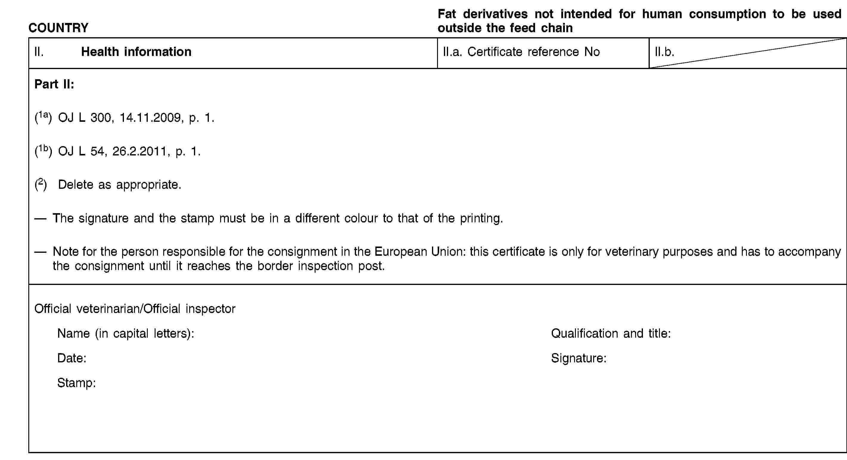 COUNTRYFat derivatives not intended for human consumption to be used outside the feed chainII. Health informationII.a. Certificate reference NoII.b.Part II:(1a) OJ L 300, 14.11.2009, p. 1.(1b) OJ L 54, 26.2.2011, p. 1.(2) Delete as appropriate.The signature and the stamp must be in a different colour to that of the printing.Note for the person responsible for the consignment in the European Union: this certificate is only for veterinary purposes and has to accompany the consignment until it reaches the border inspection post.Official veterinarian/Official inspectorName (in capital letters):Qualification and title:Date:Signature:Stamp: