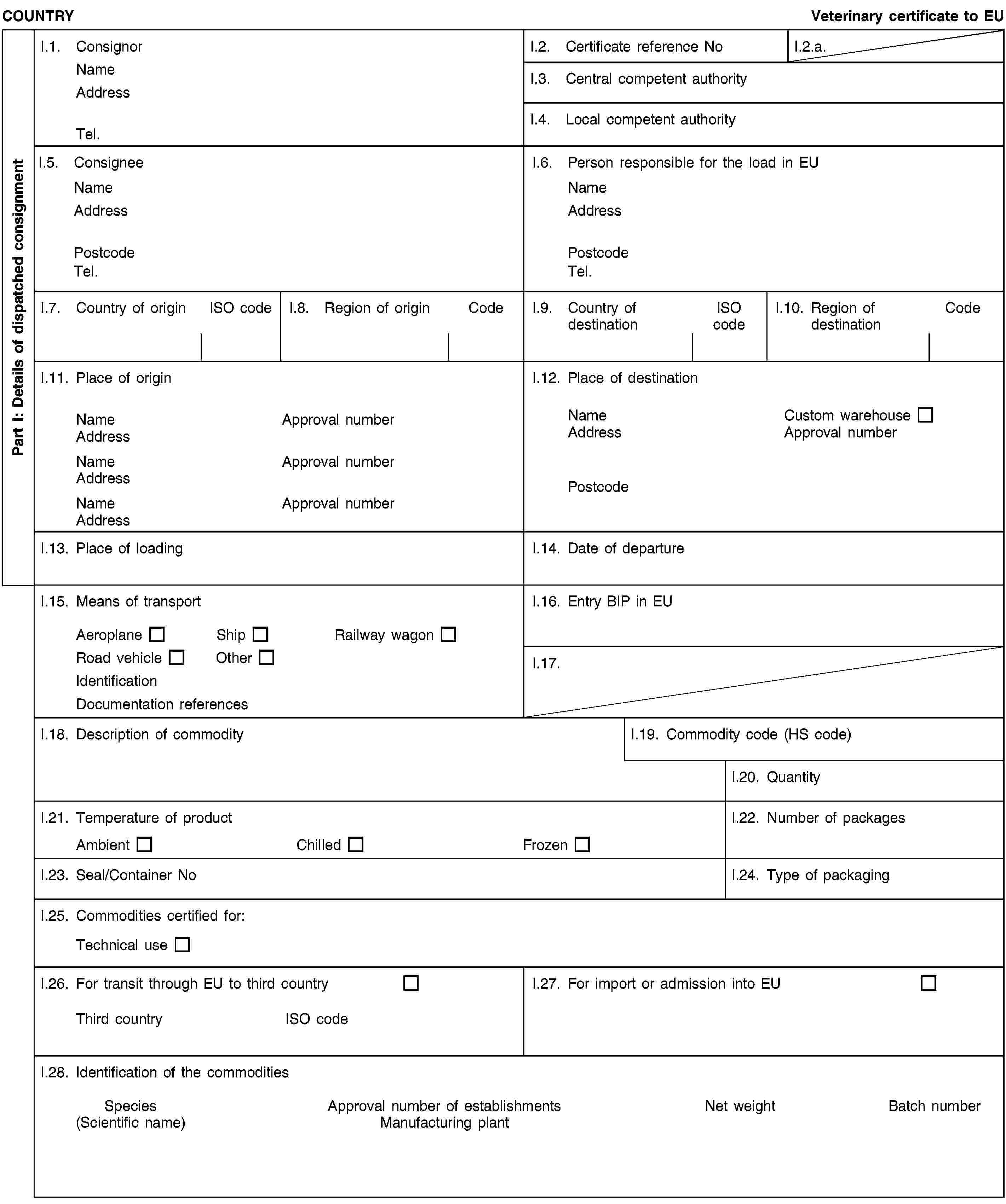 Part I: Details of dispatched consignmentCOUNTRYVeterinary certificate to EUI.1. ConsignorNameAddressTel.I.2. Certificate reference NoI.2.a.I.3. Central competent authorityI.4. Local competent authorityI.5. ConsigneeNameAddressPostcodeTel.I.6. Person responsible for the load in EUNameAddressPostcodeTel.I.7. Country of originISO codeI.8. Region of originCodeI.9. Country of destinationISO codeI.10. Region of destinationCodeI.11. Place of originNameApproval numberAddressNameApproval numberAddressNameApproval numberAddressI.12. Place of destinationNameCustom warehouseAddressApproval numberPostcodeI.13. Place of loadingI.14. Date of departureI.15. Means of transportAeroplaneShipRailway wagonRoad vehicleOtherIdentificationDocumentation referencesI.16. Entry BIP in EUI.17.I.18. Description of commodityI.19. Commodity code (HS code)I.20. QuantityI.21. Temperature of productAmbientChilledFrozenI.22. Number of packagesI.23. Seal/Container NoI.24. Type of packagingI.25. Commodities certified for:Technical useI.26. For transit through EU to third countryThird countryISO codeI.27. For import or admission into EUI.28. Identification of the commoditiesSpecies(Scientific name)Approval number of establishmentsManufacturing plantNet weightBatch number