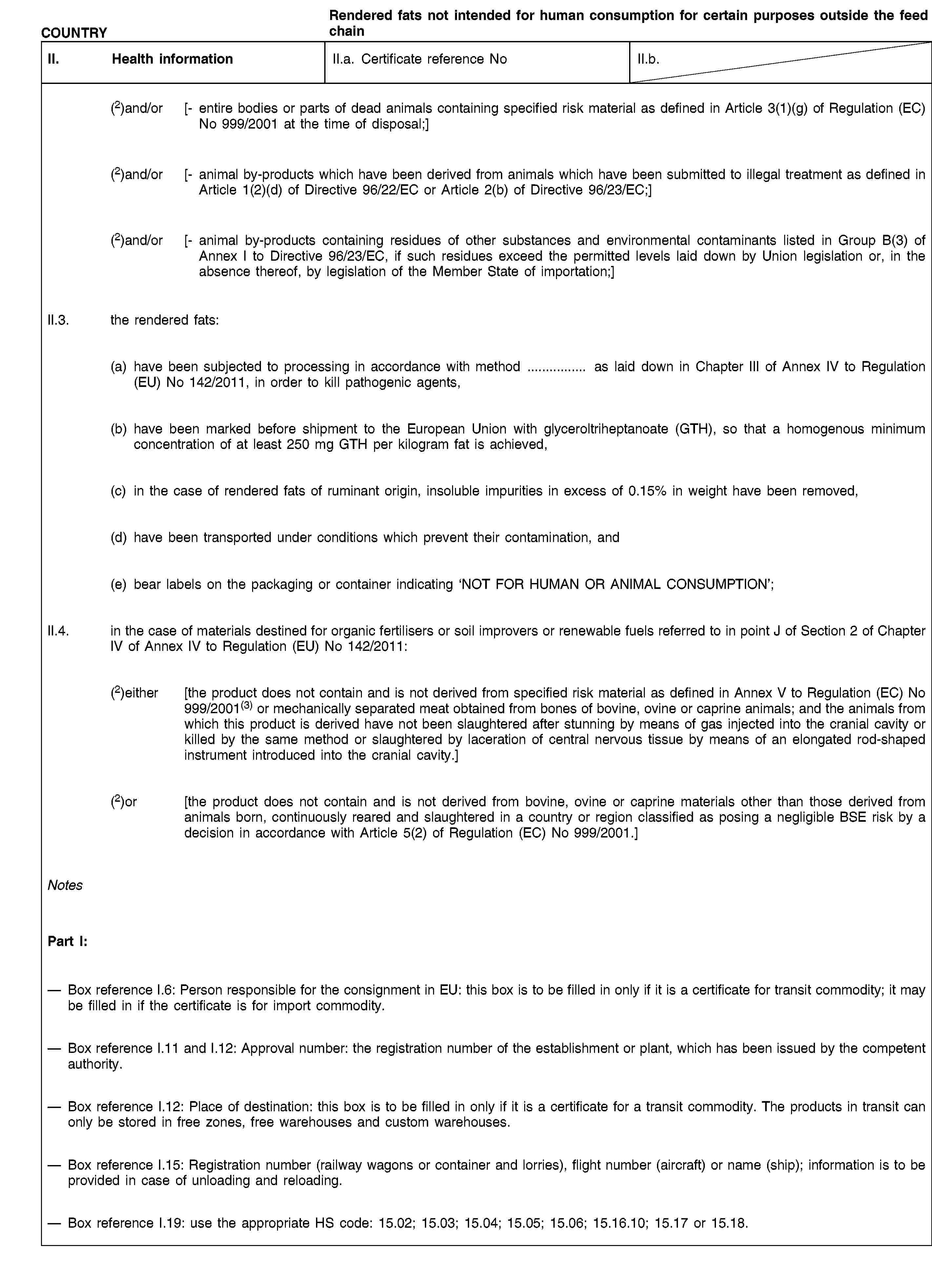 COUNTRYRendered fats not intended for human consumption for certain purposes outside the feed chainII. Health informationII.a. Certificate reference NoII.b.(2)and/or [- entire bodies or parts of dead animals containing specified risk material as defined in Article 3(1)(g) of Regulation (EC) No 999/2001 at the time of disposal;](2)and/or [- animal by-products which have been derived from animals which have been submitted to illegal treatment as defined in Article 1(2)(d) of Directive 96/22/EC or Article 2(b) of Directive 96/23/EC;](2)and/or [- animal by-products containing residues of other substances and environmental contaminants listed in Group B(3) of Annex I to Directive 96/23/EC, if such residues exceed the permitted levels laid down by Union legislation or, in the absence thereof, by legislation of the Member State of importation;]II.3. the rendered fats:(a) have been subjected to processing in accordance with method … as laid down in Chapter III of Annex IV to Regulation (EU) No 142/2011, in order to kill pathogenic agents,(b) have been marked before shipment to the European Union with glyceroltriheptanoate (GTH), so that a homogenous minimum concentration of at least 250 mg GTH per kilogram fat is achieved,(c) in the case of rendered fats of ruminant origin, insoluble impurities in excess of 0.15% in weight have been removed,(d) have been transported under conditions which prevent their contamination, and(e) bear labels on the packaging or container indicating ‘NOT FOR HUMAN OR ANIMAL CONSUMPTION’;II.4. in the case of materials destined for organic fertilisers or soil improvers or renewable fuels referred to in point J of Section 2 of Chapter IV of Annex IV to Regulation (EU) No 142/2011:(2)either [the product does not contain and is not derived from specified risk material as defined in Annex V to Regulation (EC) No 999/2001(3) or mechanically separated meat obtained from bones of bovine, ovine or caprine animals; and the animals from which this product is derived have not been slaughtered after stunning by means of gas injected into the cranial cavity or killed by the same method or slaughtered by laceration of central nervous tissue by means of an elongated rod-shaped instrument introduced into the cranial cavity.](2)or [the product does not contain and is not derived from bovine, ovine or caprine materials other than those derived from animals born, continuously reared and slaughtered in a country or region classified as posing a negligible BSE risk by a decision in accordance with Article 5(2) of Regulation (EC) No 999/2001.]NotesPart I:Box reference I.6: Person responsible for the consignment in EU: this box is to be filled in only if it is a certificate for transit commodity; it may be filled in if the certificate is for import commodity.Box reference I.11 and I.12: Approval number: the registration number of the establishment or plant, which has been issued by the competent authority.Box reference I.12: Place of destination: this box is to be filled in only if it is a certificate for a transit commodity. The products in transit can only be stored in free zones, free warehouses and custom warehouses.Box reference I.15: Registration number (railway wagons or container and lorries), flight number (aircraft) or name (ship); information is to be provided in case of unloading and reloading.Box reference I.19: use the appropriate HS code: 15.02; 15.03; 15.04; 15.05; 15.06; 15.16.10; 15.17 or 15.18.