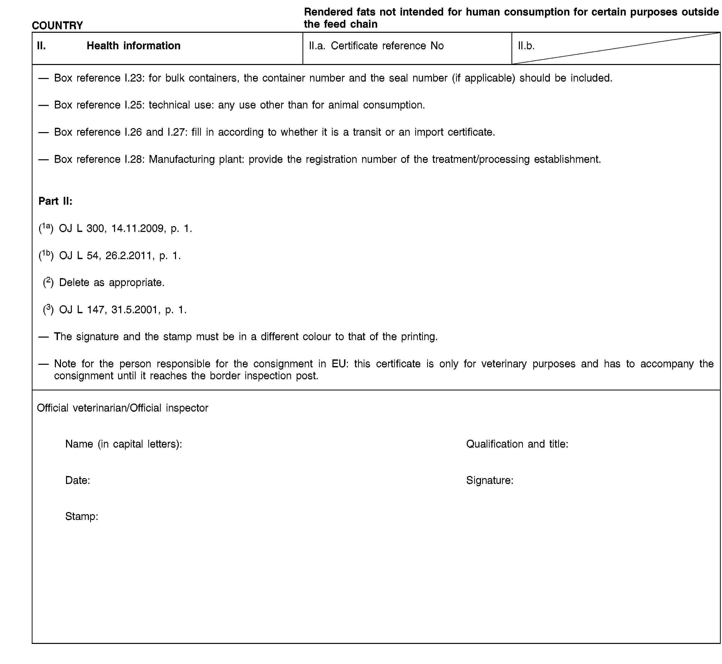 COUNTRYRendered fats not intended for human consumption for certain purposes outside the feed chainII. Health informationII.a. Certificate reference NoII.b.Box reference I.23: for bulk containers, the container number and the seal number (if applicable) should be included.Box reference I.25: technical use: any use other than for animal consumption.Box reference I.26 and I.27: fill in according to whether it is a transit or an import certificate.Box reference I.28: Manufacturing plant: provide the registration number of the treatment/processing establishment.Part II:(1a) OJ L 300, 14.11.2009, p. 1.(1b) OJ L 54, 26.2.2011, p. 1.(2) Delete as appropriate.(3) OJ L 147, 31.5.2001, p. 1.The signature and the stamp must be in a different colour to that of the printing.Note for the person responsible for the consignment in EU: this certificate is only for veterinary purposes and has to accompany the consignment until it reaches the border inspection post.Official veterinarian/Official inspectorName (in capital letters):Qualification and title:Date:Signature:Stamp: