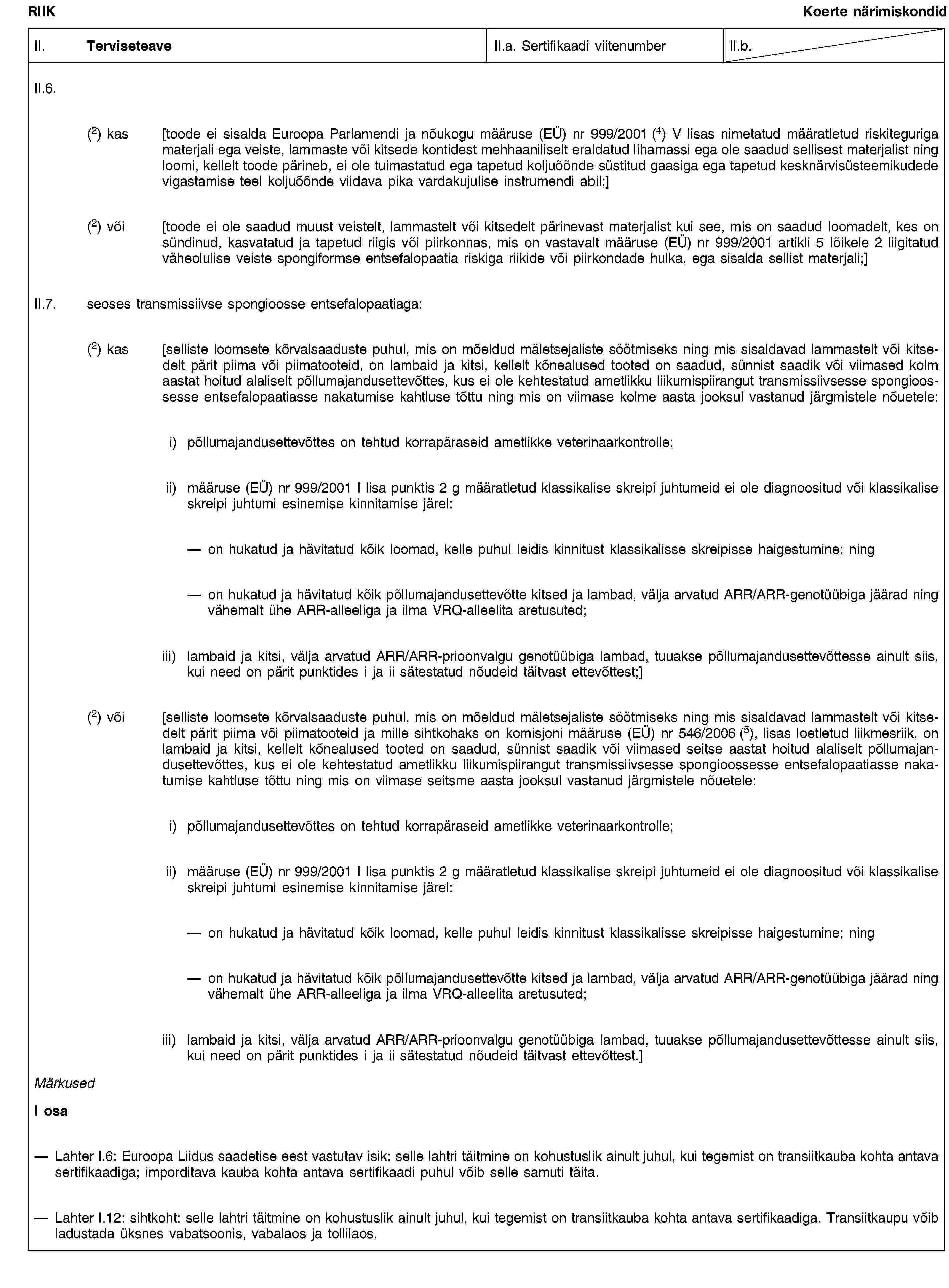 RIIKKoerte närimiskondidII. TerviseteaveII.a. Sertifikaadi viitenumberII.b.II.6.(2) kas [toode ei sisalda Euroopa Parlamendi ja nõukogu määruse (EÜ) nr 999/2001 (4) V lisas nimetatud määratletud riskiteguriga materjali ega veiste, lammaste või kitsede kontidest mehhaaniliselt eraldatud lihamassi ega ole saadud sellisest materjalist ning loomi, kellelt toode pärineb, ei ole tuimastatud ega tapetud koljuõõnde süstitud gaasiga ega tapetud kesknärvisüsteemikudede vigastamise teel koljuõõnde viidava pika vardakujulise instrumendi abil;](2) või [toode ei ole saadud muust veistelt, lammastelt või kitsedelt pärinevast materjalist kui see, mis on saadud loomadelt, kes on sündinud, kasvatatud ja tapetud riigis või piirkonnas, mis on vastavalt määruse (EÜ) nr 999/2001 artikli 5 lõikele 2 liigitatud väheolulise veiste spongiformse entsefalopaatia riskiga riikide või piirkondade hulka, ega sisalda sellist materjali;]II.7. seoses transmissiivse spongioosse entsefalopaatiaga:(2) kas [selliste loomsete kõrvalsaaduste puhul, mis on mõeldud mäletsejaliste söötmiseks ning mis sisaldavad lammastelt või kitsedelt pärit piima või piimatooteid, on lambaid ja kitsi, kellelt kõnealused tooted on saadud, sünnist saadik või viimased kolm aastat hoitud alaliselt põllumajandusettevõttes, kus ei ole kehtestatud ametlikku liikumispiirangut transmissiivsesse spongioossesse entsefalopaatiasse nakatumise kahtluse tõttu ning mis on viimase kolme aasta jooksul vastanud järgmistele nõuetele:i) põllumajandusettevõttes on tehtud korrapäraseid ametlikke veterinaarkontrolle;ii) määruse (EÜ) nr 999/2001 I lisa punktis 2 g määratletud klassikalise skreipi juhtumeid ei ole diagnoositud või klassikalise skreipi juhtumi esinemise kinnitamise järel:on hukatud ja hävitatud kõik loomad, kelle puhul leidis kinnitust klassikalisse skreipisse haigestumine; ningon hukatud ja hävitatud kõik põllumajandusettevõtte kitsed ja lambad, välja arvatud ARR/ARR-genotüübiga jäärad ning vähemalt ühe ARR-alleeliga ja ilma VRQ-alleelita aretusuted;iii) lambaid ja kitsi, välja arvatud ARR/ARR-prioonvalgu genotüübiga lambad, tuuakse põllumajandusettevõttesse ainult siis, kui need on pärit punktides i ja ii sätestatud nõudeid täitvast ettevõttest;](2) või [selliste loomsete kõrvalsaaduste puhul, mis on mõeldud mäletsejaliste söötmiseks ning mis sisaldavad lammastelt või kitsedelt pärit piima või piimatooteid ja mille sihtkohaks on komisjoni määruse (EÜ) nr 546/2006 (5), lisas loetletud liikmesriik, on lambaid ja kitsi, kellelt kõnealused tooted on saadud, sünnist saadik või viimased seitse aastat hoitud alaliselt põllumajandusettevõttes, kus ei ole kehtestatud ametlikku liikumispiirangut transmissiivsesse spongioossesse entsefalopaatiasse nakatumise kahtluse tõttu ning mis on viimase seitsme aasta jooksul vastanud järgmistele nõuetele:i) põllumajandusettevõttes on tehtud korrapäraseid ametlikke veterinaarkontrolle;ii) määruse (EÜ) nr 999/2001 I lisa punktis 2 g määratletud klassikalise skreipi juhtumeid ei ole diagnoositud või klassikalise skreipi juhtumi esinemise kinnitamise järel:on hukatud ja hävitatud kõik loomad, kelle puhul leidis kinnitust klassikalisse skreipisse haigestumine; ningon hukatud ja hävitatud kõik põllumajandusettevõtte kitsed ja lambad, välja arvatud ARR/ARR-genotüübiga jäärad ning vähemalt ühe ARR-alleeliga ja ilma VRQ-alleelita aretusuted;iii) lambaid ja kitsi, välja arvatud ARR/ARR-prioonvalgu genotüübiga lambad, tuuakse põllumajandusettevõttesse ainult siis, kui need on pärit punktides i ja ii sätestatud nõudeid täitvast ettevõttest.]MärkusedI osaLahter I.6: Euroopa Liidus saadetise eest vastutav isik: selle lahtri täitmine on kohustuslik ainult juhul, kui tegemist on transiitkauba kohta antava sertifikaadiga; imporditava kauba kohta antava sertifikaadi puhul võib selle samuti täita.Lahter I.12: sihtkoht: selle lahtri täitmine on kohustuslik ainult juhul, kui tegemist on transiitkauba kohta antava sertifikaadiga. Transiitkaupu võib ladustada üksnes vabatsoonis, vabalaos ja tollilaos.