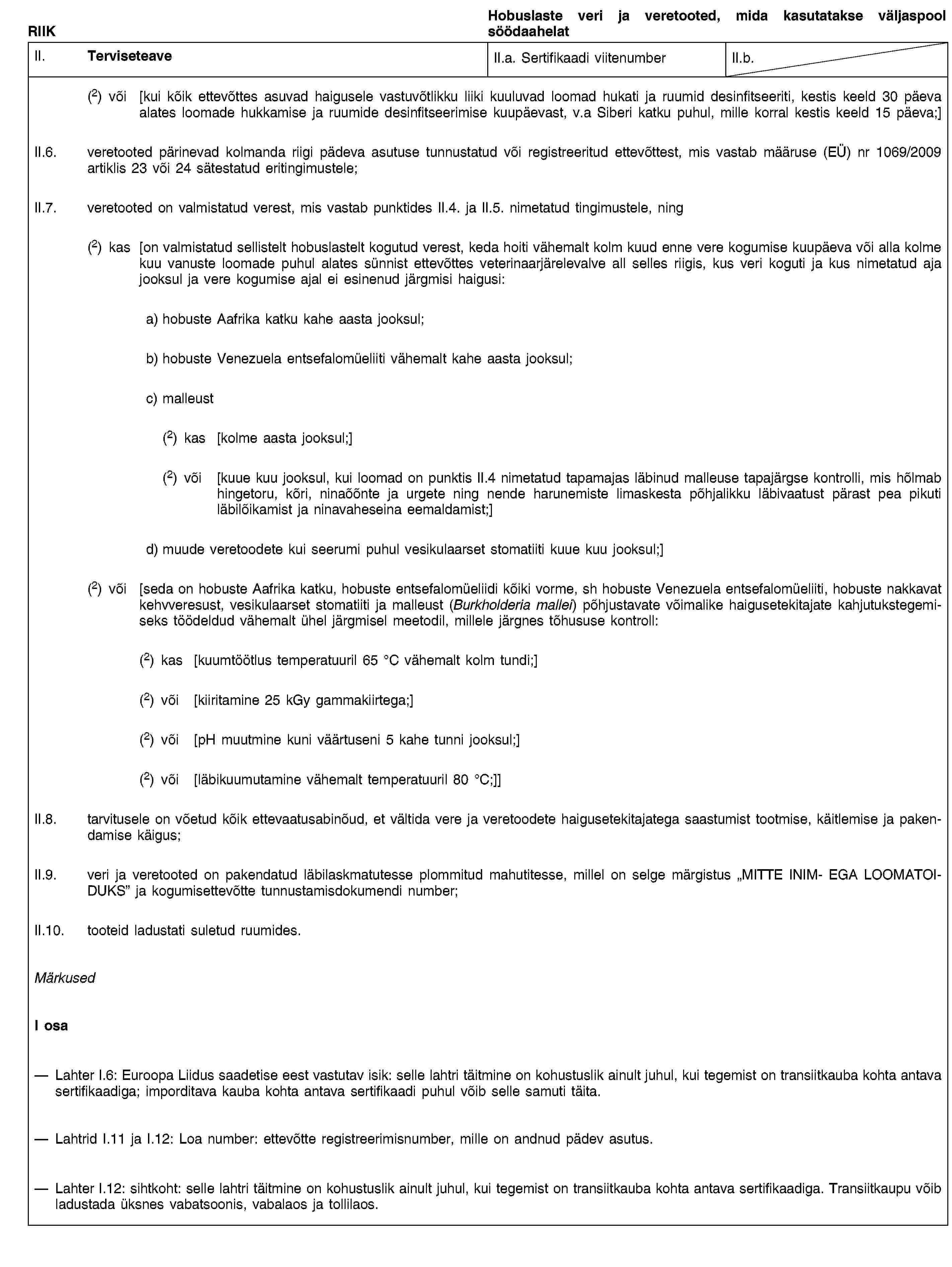 RIIKHobuslaste veri ja veretooted, mida kasutatakse väljaspool söödaahelatII. TerviseteaveII.a. Sertifikaadi viitenumberII.b.(2) või [kui kõik ettevõttes asuvad haigusele vastuvõtlikku liiki kuuluvad loomad hukati ja ruumid desinfitseeriti, kestis keeld 30 päeva alates loomade hukkamise ja ruumide desinfitseerimise kuupäevast, v.a Siberi katku puhul, mille korral kestis keeld 15 päeva;]II.6. veretooted pärinevad kolmanda riigi pädeva asutuse tunnustatud või registreeritud ettevõttest, mis vastab määruse (EÜ) nr 1069/2009 artiklis 23 või 24 sätestatud eritingimustele;II.7. veretooted on valmistatud verest, mis vastab punktides II.4. ja II.5. nimetatud tingimustele, ning(2) kas [on valmistatud sellistelt hobuslastelt kogutud verest, keda hoiti vähemalt kolm kuud enne vere kogumise kuupäeva või alla kolme kuu vanuste loomade puhul alates sünnist ettevõttes veterinaarjärelevalve all selles riigis, kus veri koguti ja kus nimetatud aja jooksul ja vere kogumise ajal ei esinenud järgmisi haigusi:a) hobuste Aafrika katku kahe aasta jooksul;b) hobuste Venezuela entsefalomüeliiti vähemalt kahe aasta jooksul;c) malleust(2) kas [kolme aasta jooksul;](2) või [kuue kuu jooksul, kui loomad on punktis II.4 nimetatud tapamajas läbinud malleuse tapajärgse kontrolli, mis hõlmab hingetoru, kõri, ninaõõnte ja urgete ning nende harunemiste limaskesta põhjalikku läbivaatust pärast pea pikuti läbilõikamist ja ninavaheseina eemaldamist;]d) muude veretoodete kui seerumi puhul vesikulaarset stomatiiti kuue kuu jooksul;](2) või [seda on hobuste Aafrika katku, hobuste entsefalomüeliidi kõiki vorme, sh hobuste Venezuela entsefalomüeliiti, hobuste nakkavat kehvveresust, vesikulaarset stomatiiti ja malleust (Burkholderia mallei) põhjustavate võimalike haigusetekitajate kahjutukstegemiseks töödeldud vähemalt ühel järgmisel meetodil, millele järgnes tõhususe kontroll:(2) kas [kuumtöötlus temperatuuril 65 °C vähemalt kolm tundi;](2) või [kiiritamine 25 kGy gammakiirtega;](2) või [pH muutmine kuni väärtuseni 5 kahe tunni jooksul;](2) või [läbikuumutamine vähemalt temperatuuril 80 °C;]]II.8. tarvitusele on võetud kõik ettevaatusabinõud, et vältida vere ja veretoodete haigusetekitajatega saastumist tootmise, käitlemise ja pakendamise käigus;II.9. veri ja veretooted on pakendatud läbilaskmatutesse plommitud mahutitesse, millel on selge märgistus „MITTE INIM- EGA LOOMATOIDUKS” ja kogumisettevõtte tunnustamisdokumendi number;II.10. tooteid ladustati suletud ruumides.MärkusedI osaLahter I.6: Euroopa Liidus saadetise eest vastutav isik: selle lahtri täitmine on kohustuslik ainult juhul, kui tegemist on transiitkauba kohta antava sertifikaadiga; imporditava kauba kohta antava sertifikaadi puhul võib selle samuti täita.Lahtrid I.11 ja I.12: Loa number: ettevõtte registreerimisnumber, mille on andnud pädev asutus.Lahter I.12: sihtkoht: selle lahtri täitmine on kohustuslik ainult juhul, kui tegemist on transiitkauba kohta antava sertifikaadiga. Transiitkaupu võib ladustada üksnes vabatsoonis, vabalaos ja tollilaos.