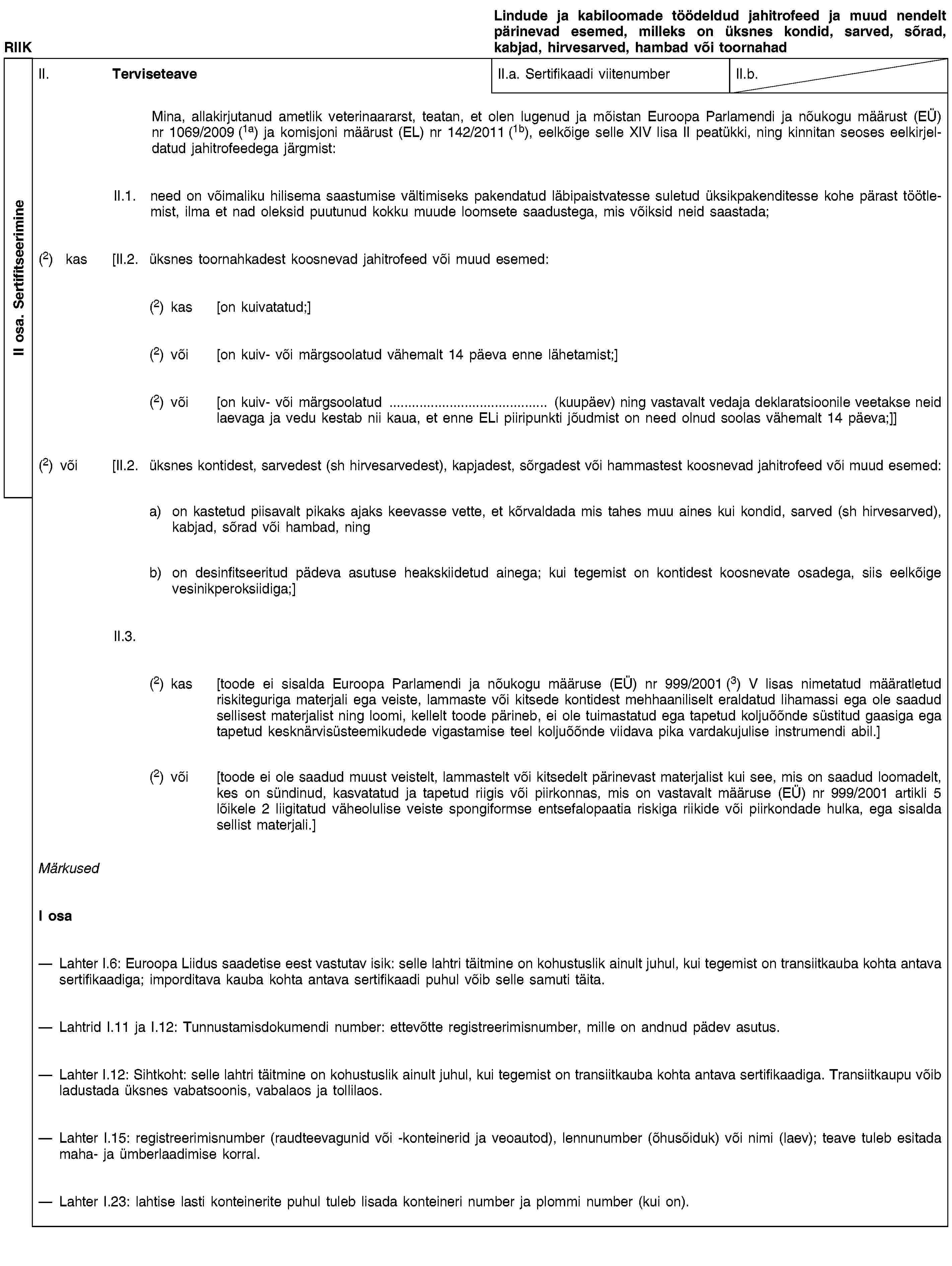 II osa. SertifitseerimineRIIKLindude ja kabiloomade töödeldud jahitrofeed ja muud nendelt pärinevad esemed, milleks on üksnes kondid, sarved, sõrad, kabjad, hirvesarved, hambad või toornahadII. TerviseteaveII.a. Sertifikaadi viitenumberII.b.Mina, allakirjutanud ametlik veterinaararst, teatan, et olen lugenud ja mõistan Euroopa Parlamendi ja nõukogu määrust (EÜ) nr 1069/2009 (1a) ja komisjoni määrust (EL) nr 142/2011 (1b), eelkõige selle XIV lisa II peatükki, ning kinnitan seoses eelkirjeldatud jahitrofeedega järgmist:II.1. need on võimaliku hilisema saastumise vältimiseks pakendatud läbipaistvatesse suletud üksikpakenditesse kohe pärast töötlemist, ilma et nad oleksid puutunud kokku muude loomsete saadustega, mis võiksid neid saastada;(2) kas [II.2. üksnes toornahkadest koosnevad jahitrofeed või muud esemed:(2) kas [on kuivatatud;](2) või [on kuiv- või märgsoolatud vähemalt 14 päeva enne lähetamist;](2) või [on kuiv- või märgsoolatud … (kuupäev) ning vastavalt vedaja deklaratsioonile veetakse neid laevaga ja vedu kestab nii kaua, et enne ELi piiripunkti jõudmist on need olnud soolas vähemalt 14 päeva;]](2) või [II.2. üksnes kontidest, sarvedest (sh hirvesarvedest), kapjadest, sõrgadest või hammastest koosnevad jahitrofeed või muud esemed:a) on kastetud piisavalt pikaks ajaks keevasse vette, et kõrvaldada mis tahes muu aines kui kondid, sarved (sh hirvesarved), kabjad, sõrad või hambad, ningb) on desinfitseeritud pädeva asutuse heakskiidetud ainega; kui tegemist on kontidest koosnevate osadega, siis eelkõige vesinikperoksiidiga;]II.3.(2) kas [toode ei sisalda Euroopa Parlamendi ja nõukogu määruse (EÜ) nr 999/2001 (3) V lisas nimetatud määratletud riskiteguriga materjali ega veiste, lammaste või kitsede kontidest mehhaaniliselt eraldatud lihamassi ega ole saadud sellisest materjalist ning loomi, kellelt toode pärineb, ei ole tuimastatud ega tapetud koljuõõnde süstitud gaasiga ega tapetud kesknärvisüsteemikudede vigastamise teel koljuõõnde viidava pika vardakujulise instrumendi abil.](2) või [toode ei ole saadud muust veistelt, lammastelt või kitsedelt pärinevast materjalist kui see, mis on saadud loomadelt, kes on sündinud, kasvatatud ja tapetud riigis või piirkonnas, mis on vastavalt määruse (EÜ) nr 999/2001 artikli 5 lõikele 2 liigitatud väheolulise veiste spongiformse entsefalopaatia riskiga riikide või piirkondade hulka, ega sisalda sellist materjali.]MärkusedI osaLahter I.6: Euroopa Liidus saadetise eest vastutav isik: selle lahtri täitmine on kohustuslik ainult juhul, kui tegemist on transiitkauba kohta antava sertifikaadiga; imporditava kauba kohta antava sertifikaadi puhul võib selle samuti täita.Lahtrid I.11 ja I.12: Tunnustamisdokumendi number: ettevõtte registreerimisnumber, mille on andnud pädev asutus.Lahter I.12: Sihtkoht: selle lahtri täitmine on kohustuslik ainult juhul, kui tegemist on transiitkauba kohta antava sertifikaadiga. Transiitkaupu võib ladustada üksnes vabatsoonis, vabalaos ja tollilaos.Lahter I.15: registreerimisnumber (raudteevagunid või -konteinerid ja veoautod), lennunumber (õhusõiduk) või nimi (laev); teave tuleb esitada maha- ja ümberlaadimise korral.Lahter I.23: lahtise lasti konteinerite puhul tuleb lisada konteineri number ja plommi number (kui on).