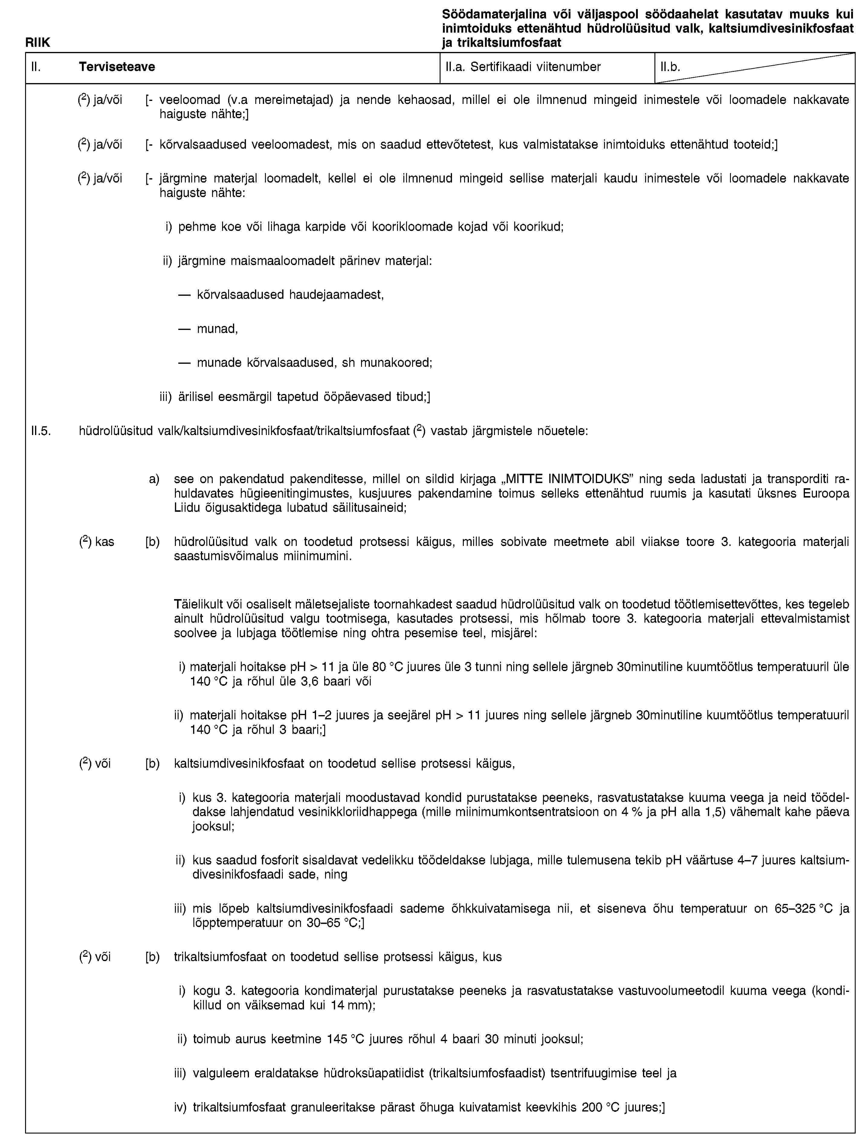 RIIKSöödamaterjalina või väljaspool söödaahelat kasutatav muuks kui inimtoiduks ettenähtud hüdrolüüsitud valk, kaltsiumdivesinikfosfaat ja trikaltsiumfosfaatII. TerviseteaveII.a. Sertifikaadi viitenumberII.b.(2) ja/või [- veeloomad (v.a mereimetajad) ja nende kehaosad, millel ei ole ilmnenud mingeid inimestele või loomadele nakkavate haiguste nähte;](2) ja/või [- kõrvalsaadused veeloomadest, mis on saadud ettevõtetest, kus valmistatakse inimtoiduks ettenähtud tooteid;](2) ja/või [- järgmine materjal loomadelt, kellel ei ole ilmnenud mingeid sellise materjali kaudu inimestele või loomadele nakkavate haiguste nähte:i) pehme koe või lihaga karpide või koorikloomade kojad või koorikud;ii) järgmine maismaaloomadelt pärinev materjal:kõrvalsaadused haudejaamadest,munad,munade kõrvalsaadused, sh munakoored;iii) ärilisel eesmärgil tapetud ööpäevased tibud;]II.5. hüdrolüüsitud valk/kaltsiumdivesinikfosfaat/trikaltsiumfosfaat (2) vastab järgmistele nõuetele:a) see on pakendatud pakenditesse, millel on sildid kirjaga „MITTE INIMTOIDUKS” ning seda ladustati ja transporditi rahuldavates hügieenitingimustes, kusjuures pakendamine toimus selleks ettenähtud ruumis ja kasutati üksnes Euroopa Liidu õigusaktidega lubatud säilitusaineid;(2) kas [b) hüdrolüüsitud valk on toodetud protsessi käigus, milles sobivate meetmete abil viiakse toore 3. kategooria materjali saastumisvõimalus miinimumini.Täielikult või osaliselt mäletsejaliste toornahkadest saadud hüdrolüüsitud valk on toodetud töötlemisettevõttes, kes tegeleb ainult hüdrolüüsitud valgu tootmisega, kasutades protsessi, mis hõlmab toore 3. kategooria materjali ettevalmistamist soolvee ja lubjaga töötlemise ning ohtra pesemise teel, misjärel:i) materjali hoitakse pH > 11 ja üle 80 °C juures üle 3 tunni ning sellele järgneb 30minutiline kuumtöötlus temperatuuril üle 140 °C ja rõhul üle 3,6 baari võiii) materjali hoitakse pH 1–2 juures ja seejärel pH > 11 juures ning sellele järgneb 30minutiline kuumtöötlus temperatuuril 140 °C ja rõhul 3 baari;](2) või [b) kaltsiumdivesinikfosfaat on toodetud sellise protsessi käigus,i) kus 3. kategooria materjali moodustavad kondid purustatakse peeneks, rasvatustatakse kuuma veega ja neid töödeldakse lahjendatud vesinikkloriidhappega (mille miinimumkontsentratsioon on 4 % ja pH alla 1,5) vähemalt kahe päeva jooksul;ii) kus saadud fosforit sisaldavat vedelikku töödeldakse lubjaga, mille tulemusena tekib pH väärtuse 4–7 juures kaltsiumdivesinikfosfaadi sade, ningiii) mis lõpeb kaltsiumdivesinikfosfaadi sademe õhkkuivatamisega nii, et siseneva õhu temperatuur on 65–325 °C ja lõpptemperatuur on 30–65 °C;](2) või [b) trikaltsiumfosfaat on toodetud sellise protsessi käigus, kusi) kogu 3. kategooria kondimaterjal purustatakse peeneks ja rasvatustatakse vastuvoolumeetodil kuuma veega (kondikillud on väiksemad kui 14 mm);ii) toimub aurus keetmine 145 °C juures rõhul 4 baari 30 minuti jooksul;iii) valguleem eraldatakse hüdroksüapatiidist (trikaltsiumfosfaadist) tsentrifuugimise teel jaiv) trikaltsiumfosfaat granuleeritakse pärast õhuga kuivatamist keevkihis 200 °C juures;]