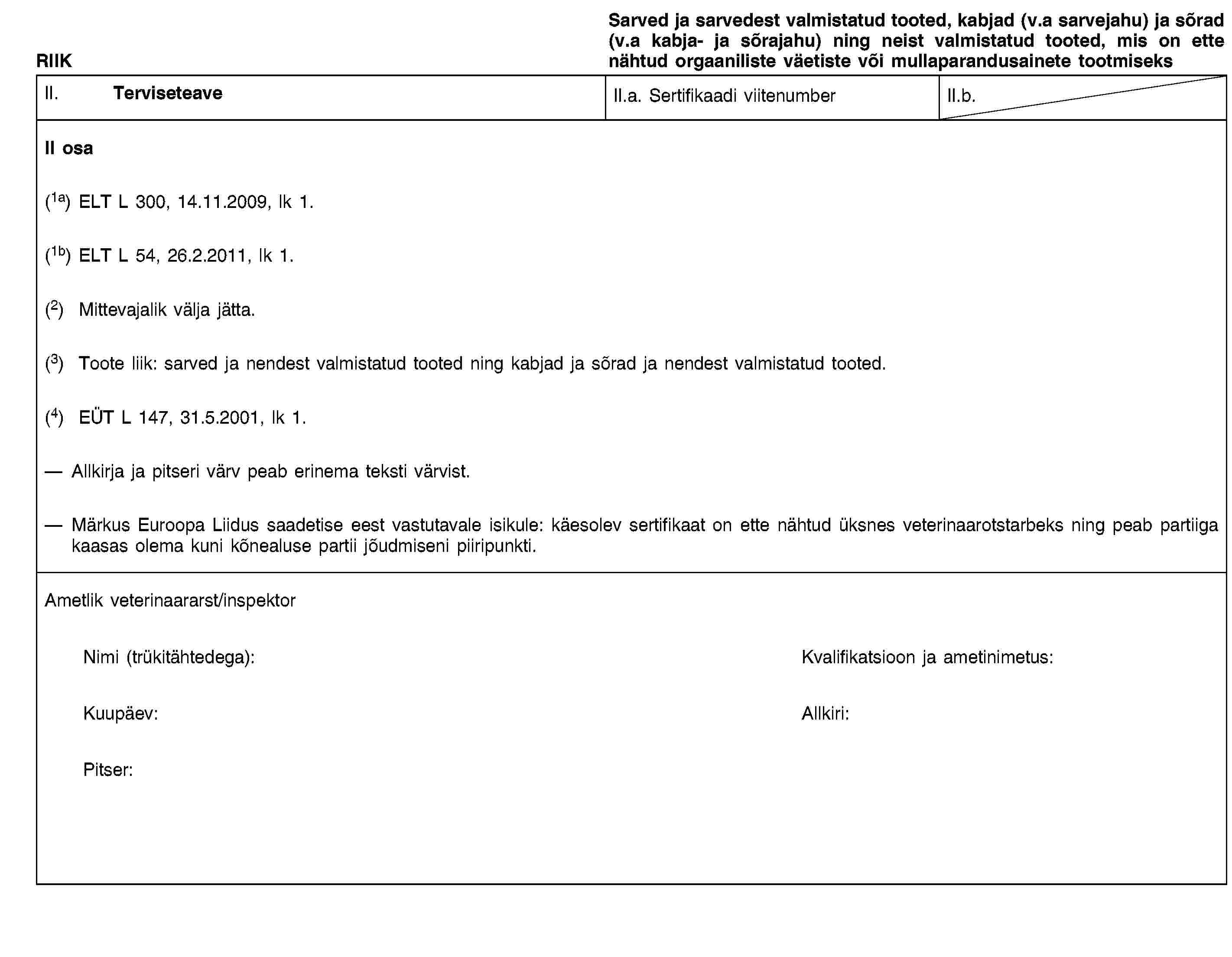 RIIKSarved ja sarvedest valmistatud tooted, kabjad (v.a sarvejahu) ja sõrad (v.a kabja- ja sõrajahu) ning neist valmistatud tooted, mis on ette nähtud orgaaniliste väetiste või mullaparandusainete tootmiseksII. TerviseteaveII.a. Sertifikaadi viitenumberII.b.II osa(1a) ELT L 300, 14.11.2009, lk 1.(1b) ELT L 54, 26.2.2011, lk 1.(2) Mittevajalik välja jätta.(3) Toote liik: sarved ja nendest valmistatud tooted ning kabjad ja sõrad ja nendest valmistatud tooted.(4) EÜT L 147, 31.5.2001, lk 1.Allkirja ja pitseri värv peab erinema teksti värvist.Märkus Euroopa Liidus saadetise eest vastutavale isikule: käesolev sertifikaat on ette nähtud üksnes veterinaarotstarbeks ning peab partiiga kaasas olema kuni kõnealuse partii jõudmiseni piiripunkti.Ametlik veterinaararst/inspektorNimi (trükitähtedega):Kvalifikatsioon ja ametinimetus:Kuupäev:Allkiri:Pitser: