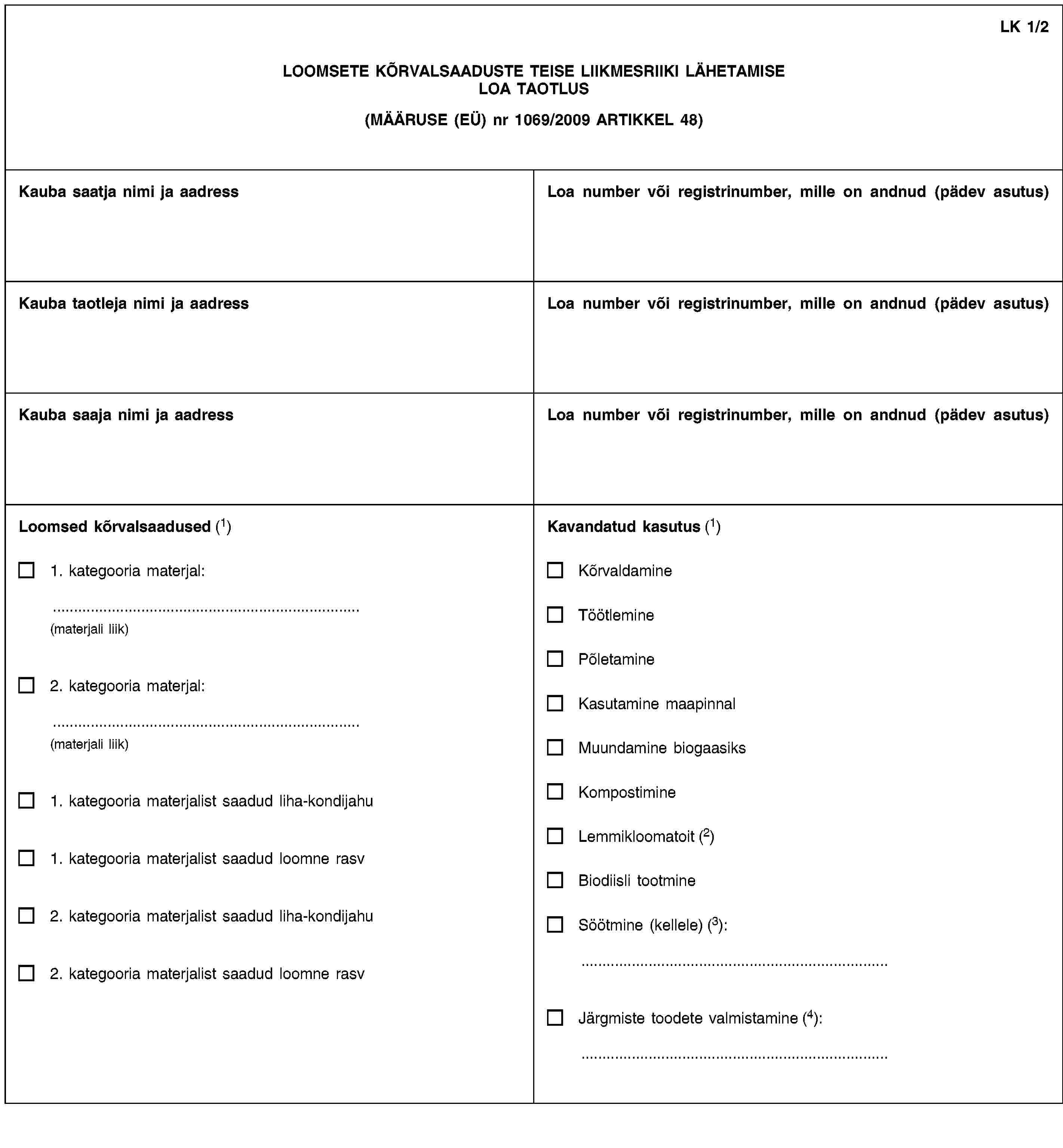 LK 1/2LOOMSETE KÕRVALSAADUSTE TEISE LIIKMESRIIKI LÄHETAMISE LOA TAOTLUS(MÄÄRUSE (EÜ) nr 1069/2009 ARTIKKEL 48)Kauba saatja nimi ja aadressLoa number või registrinumber, mille on andnud (pädev asutus)Kauba taotleja nimi ja aadressLoa number või registrinumber, mille on andnud (pädev asutus)Kauba saaja nimi ja aadressLoa number või registrinumber, mille on andnud (pädev asutus)Loomsed kõrvalsaadused (1)1. kategooria materjal:(materjali liik)2. kategooria materjal:(materjali liik)1. kategooria materjalist saadud liha-kondijahu1. kategooria materjalist saadud loomne rasv2. kategooria materjalist saadud liha-kondijahu2. kategooria materjalist saadud loomne rasvKavandatud kasutus (1)KõrvaldamineTöötleminePõletamineKasutamine maapinnalMuundamine biogaasiksKompostimineLemmikloomatoit (2)Biodiisli tootmineSöötmine (kellele) (3):Järgmiste toodete valmistamine (4):