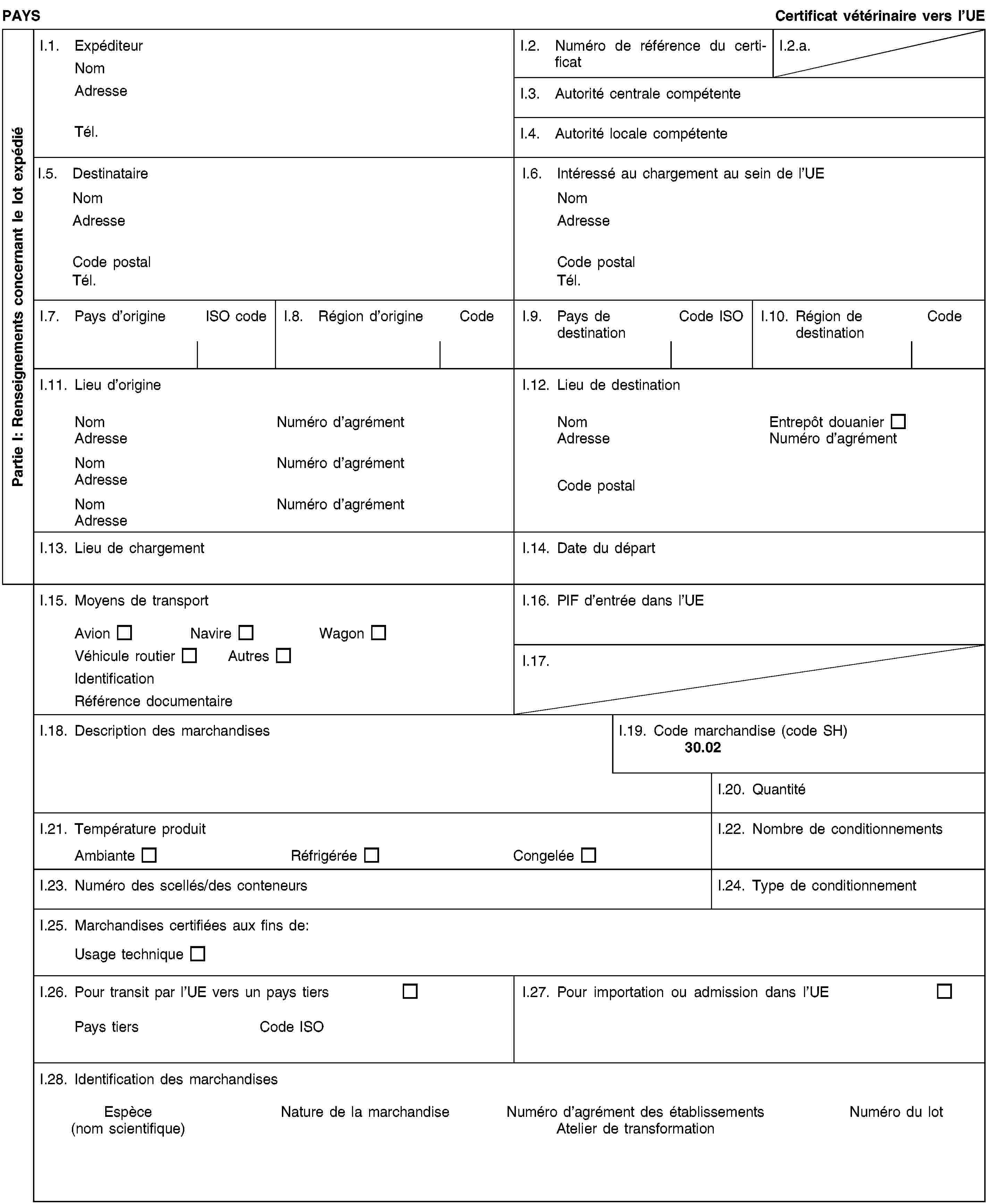 Partie I: Renseignements concernant le lot expédiéPAYSCertificat vétérinaire vers l’UEI.1. ExpéditeurNomAdresseTél.I.2. Numéro de référence du certificatI.2.a.I.3. Autorité centrale compétenteI.4. Autorité locale compétenteI.5. DestinataireNomAdresseCode postalTél.I.6. Intéressé au chargement au sein de l’UENomAdresseCode postalTél.I.7. Pays d’origineISO codeI.8. Région d’origineCodeI.9. Pays de destinationCode ISOI.10. Région de destinationCodeI.11. Lieu d’origineNomNuméro d’agrémentAdresseNomNuméro d’agrémentAdresseNomNuméro d’agrémentAdresseI.12. Lieu de destinationNomEntrepôt douanierAdresseNuméro d’agrémentCode postalI.13. Lieu de chargementI.14. Date du départI.15. Moyens de transportAvionNavireWagonVéhicule routierAutresIdentificationRéférence documentaireI.16. PIF d’entrée dans l’UEI.17.I.18. Description des marchandisesI.19. Code marchandise (code SH)30.02I.20. QuantitéI.21. Température produitAmbianteRéfrigéréeCongeléeI.22. Nombre de conditionnementsI.23. Numéro des scellés/des conteneursI.24. Type de conditionnementI.25. Marchandises certifiées aux fins de:Usage techniqueI.26. Pour transit par l’UE vers un pays tiersPays tiersCode ISOI.27. Pour importation ou admission dans l’UEI.28. Identification des marchandisesEspèce(nom scientifique)Nature de la marchandiseNuméro d’agrément des établissementsAtelier de transformationNuméro du lot
