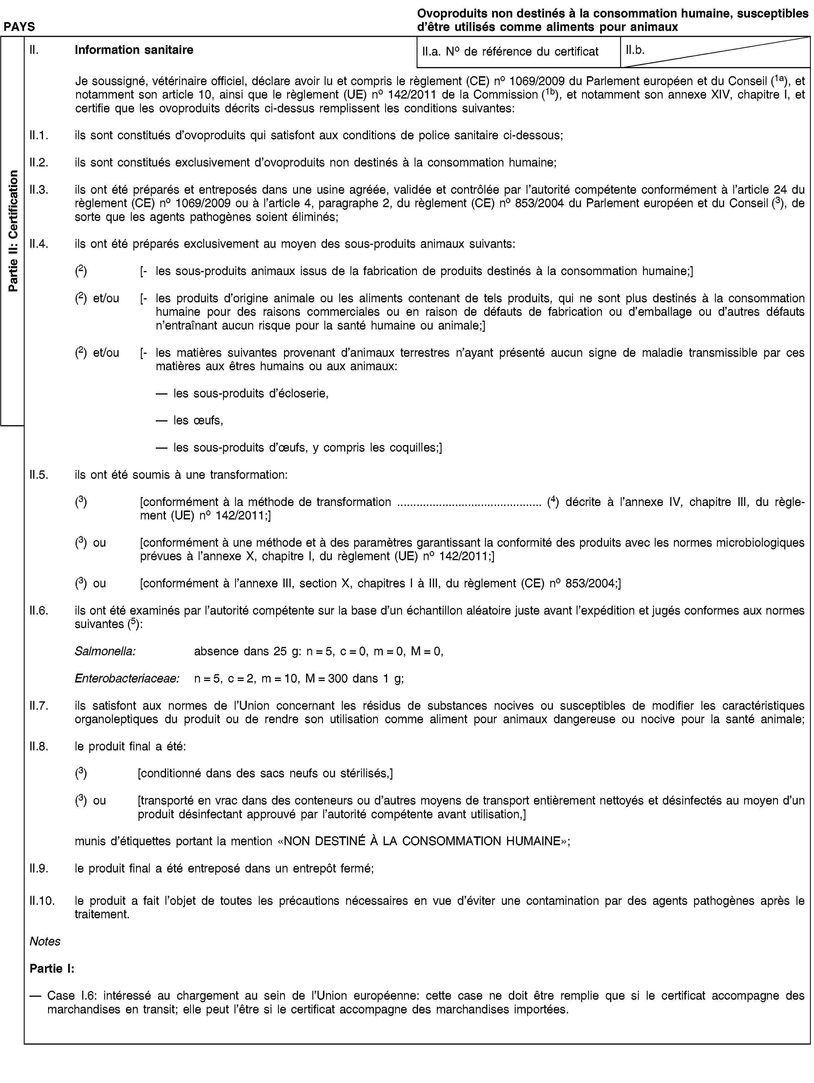 Partie II: CertificationPAYSOvoproduits non destinés à la consommation humaine, susceptibles d’être utilisés comme aliments pour animauxII. Information sanitaireII.a. No de référence du certificatII.b.Je soussigné, vétérinaire officiel, déclare avoir lu et compris le règlement (CE) no 1069/2009 du Parlement européen et du Conseil (1a), et notamment son article 10, ainsi que le règlement (UE) no 142/2011 de la Commission (1b), et notamment son annexe XIV, chapitre I, et certifie que les ovoproduits décrits ci-dessus remplissent les conditions suivantes:II.1. ils sont constitués d’ovoproduits qui satisfont aux conditions de police sanitaire ci-dessous;II.2. ils sont constitués exclusivement d’ovoproduits non destinés à la consommation humaine;II.3. ils ont été préparés et entreposés dans une usine agréée, validée et contrôlée par l’autorité compétente conformément à l’article 24 du règlement (CE) no 1069/2009 ou à l’article 4, paragraphe 2, du règlement (CE) no 853/2004 du Parlement européen et du Conseil (3), de sorte que les agents pathogènes soient éliminés;II.4. ils ont été préparés exclusivement au moyen des sous-produits animaux suivants:(2) [- les sous-produits animaux issus de la fabrication de produits destinés à la consommation humaine;](2) et/ou [- les produits d’origine animale ou les aliments contenant de tels produits, qui ne sont plus destinés à la consommation humaine pour des raisons commerciales ou en raison de défauts de fabrication ou d’emballage ou d’autres défauts n’entraînant aucun risque pour la santé humaine ou animale;](2) et/ou [- les matières suivantes provenant d’animaux terrestres n’ayant présenté aucun signe de maladie transmissible par ces matières aux êtres humains ou aux animaux:les sous-produits d’écloserie,les œufs,les sous-produits d’œufs, y compris les coquilles;]II.5. ils ont été soumis à une transformation:(3) [conformément à la méthode de transformation … (4) décrite à l’annexe IV, chapitre III, du règlement (UE) no 142/2011;](3) ou [conformément à une méthode et à des paramètres garantissant la conformité des produits avec les normes microbiologiques prévues à l’annexe X, chapitre I, du règlement (UE) no 142/2011;](3) ou [conformément à l’annexe III, section X, chapitres I à III, du règlement (CE) no 853/2004;]II.6. ils ont été examinés par l’autorité compétente sur la base d’un échantillon aléatoire juste avant l’expédition et jugés conformes aux normes suivantes (5):Salmonella: absence dans 25 g: n = 5, c = 0, m = 0, M = 0,Enterobacteriaceae: n = 5, c = 2, m = 10, M = 300 dans 1 g;II.7. ils satisfont aux normes de l’Union concernant les résidus de substances nocives ou susceptibles de modifier les caractéristiques organoleptiques du produit ou de rendre son utilisation comme aliment pour animaux dangereuse ou nocive pour la santé animale;II.8. le produit final a été:(3) [conditionné dans des sacs neufs ou stérilisés,](3) ou [transporté en vrac dans des conteneurs ou d’autres moyens de transport entièrement nettoyés et désinfectés au moyen d’un produit désinfectant approuvé par l’autorité compétente avant utilisation,]munis d’étiquettes portant la mention «NON DESTINÉ À LA CONSOMMATION HUMAINE»;II.9. le produit final a été entreposé dans un entrepôt fermé;II.10. le produit a fait l’objet de toutes les précautions nécessaires en vue d’éviter une contamination par des agents pathogènes après le traitement.NotesPartie I:Case I.6: intéressé au chargement au sein de l’Union européenne: cette case ne doit être remplie que si le certificat accompagne des marchandises en transit; elle peut l’être si le certificat accompagne des marchandises importées.