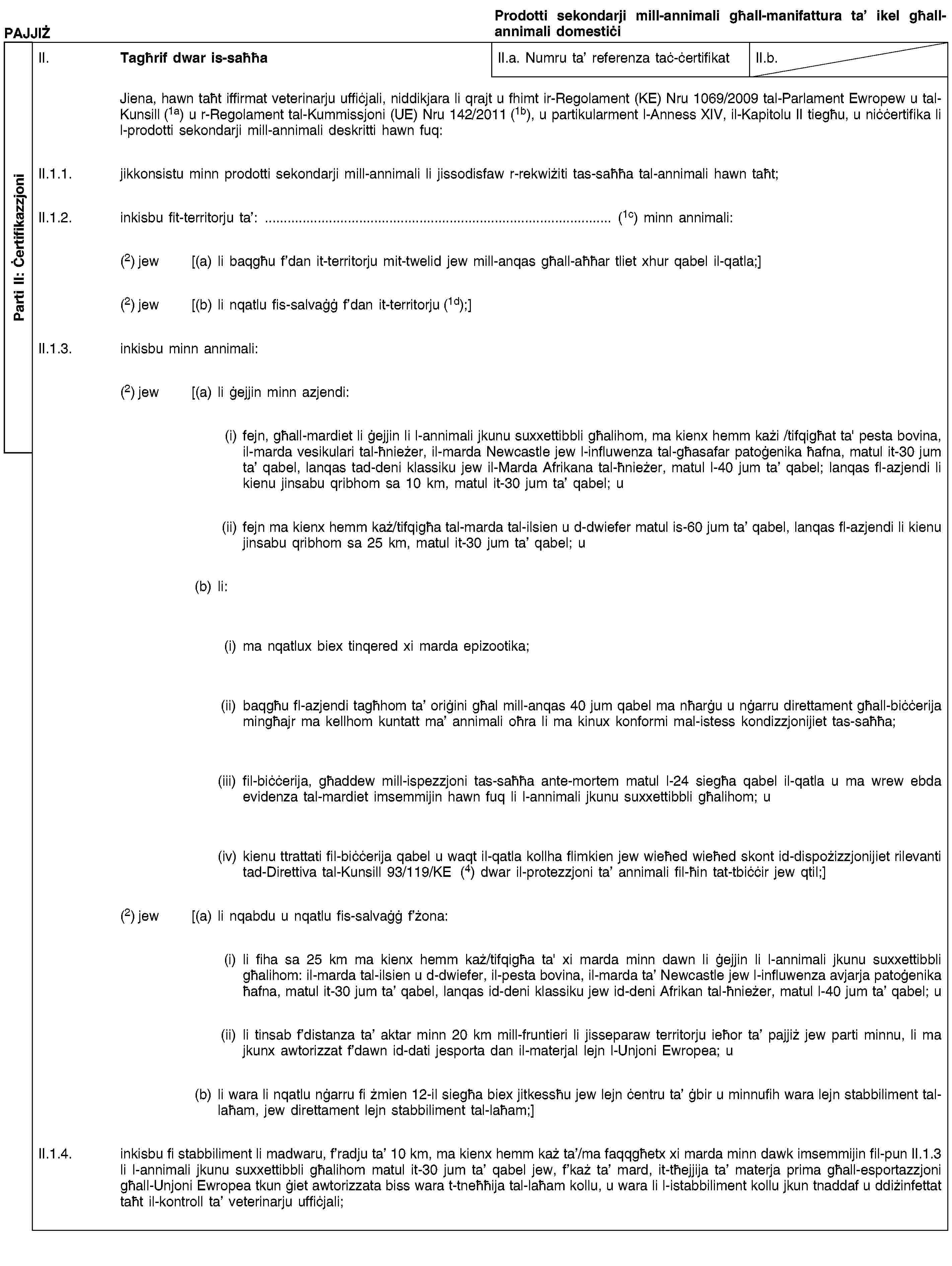 Parti II: ĊertifikazzjoniPAJJIŻProdotti sekondarji mill-annimali għall-manifattura ta’ ikel għall-annimali domestiċiII. Tagħrif dwar is-saħħaII.a. Numru ta’ referenza taċ-ċertifikatII.b.Jiena, hawn taħt iffirmat veterinarju uffiċjali, niddikjara li qrajt u fhimt ir-Regolament (KE) Nru 1069/2009 tal-Parlament Ewropew u tal-Kunsill (1a) u r-Regolament tal-Kummissjoni (UE) Nru 142/2011 (1b), u partikularment l-Anness XIV, il-Kapitolu II tiegħu, u niċċertifika li l-prodotti sekondarji mill-annimali deskritti hawn fuq:II.1.1. jikkonsistu minn prodotti sekondarji mill-annimali li jissodisfaw r-rekwiżiti tas-saħħa tal-annimali hawn taħt;II.1.2. inkisbu fit-territorju ta’: … (1c) minn annimali:(2) jew [(a) li baqgħu f’dan it-territorju mit-twelid jew mill-anqas għall-aħħar tliet xhur qabel il-qatla;](2) jew [(b) li nqatlu fis-salvaġġ f’dan it-territorju (1d);]II.1.3. inkisbu minn annimali:(2) jew [(a) li ġejjin minn azjendi:(i) fejn, għall-mardiet li ġejjin li l-annimali jkunu suxxettibbli għalihom, ma kienx hemm każi /tifqigħat ta' pesta bovina, il-marda vesikulari tal-ħnieżer, il-marda Newcastle jew l-influwenza tal-għasafar patoġenika ħafna, matul it-30 jum ta’ qabel, lanqas tad-deni klassiku jew il-Marda Afrikana tal-ħnieżer, matul l-40 jum ta’ qabel; lanqas fl-azjendi li kienu jinsabu qribhom sa 10 km, matul it-30 jum ta’ qabel; u(ii) fejn ma kienx hemm każ/tifqigħa tal-marda tal-ilsien u d-dwiefer matul is-60 jum ta’ qabel, lanqas fl-azjendi li kienu jinsabu qribhom sa 25 km, matul it-30 jum ta’ qabel; u(b) li:(i) ma nqatlux biex tinqered xi marda epizootika;(ii) baqgħu fl-azjendi tagħhom ta’ oriġini għal mill-anqas 40 jum qabel ma nħarġu u nġarru direttament għall-biċċerija mingħajr ma kellhom kuntatt ma’ annimali oħra li ma kinux konformi mal-istess kondizzjonijiet tas-saħħa;(iii) fil-biċċerija, għaddew mill-ispezzjoni tas-saħħa ante-mortem matul l-24 siegħa qabel il-qatla u ma wrew ebda evidenza tal-mardiet imsemmijin hawn fuq li l-annimali jkunu suxxettibbli għalihom; u(iv) kienu ttrattati fil-biċċerija qabel u waqt il-qatla kollha flimkien jew wieħed wieħed skont id-dispożizzjonijiet rilevanti tad-Direttiva tal-Kunsill 93/119/KE (4) dwar il-protezzjoni ta’ annimali fil-ħin tat-tbiċċir jew qtil;](2) jew [(a) li nqabdu u nqatlu fis-salvaġġ f’żona:(i) li fiha sa 25 km ma kienx hemm każ/tifqigħa ta' xi marda minn dawn li ġejjin li l-annimali jkunu suxxettibbli għalihom: il-marda tal-ilsien u d-dwiefer, il-pesta bovina, il-marda ta’ Newcastle jew l-influwenza avjarja patoġenika ħafna, matul it-30 jum ta’ qabel, lanqas id-deni klassiku jew id-deni Afrikan tal-ħnieżer, matul l-40 jum ta’ qabel; u(ii) li tinsab f’distanza ta’ aktar minn 20 km mill-fruntieri li jisseparaw territorju ieħor ta’ pajjiż jew parti minnu, li ma jkunx awtorizzat f’dawn id-dati jesporta dan il-materjal lejn l-Unjoni Ewropea; u(b) li wara li nqatlu nġarru fi żmien 12-il siegħa biex jitkessħu jew lejn ċentru ta’ ġbir u minnufih wara lejn stabbiliment tal-laħam, jew direttament lejn stabbiliment tal-laħam;]II.1.4. inkisbu fi stabbiliment li madwaru, f’radju ta’ 10 km, ma kienx hemm każ ta’/ma faqqgħetx xi marda minn dawk imsemmijin fil-pun II.1.3 li l-annimali jkunu suxxettibbli għalihom matul it-30 jum ta’ qabel jew, f’każ ta’ mard, it-tħejjija ta’ materja prima għall-esportazzjoni għall-Unjoni Ewropea tkun ġiet awtorizzata biss wara t-tneħħija tal-laħam kollu, u wara li l-istabbiliment kollu jkun tnaddaf u ddiżinfettat taħt il-kontroll ta’ veterinarju uffiċjali;