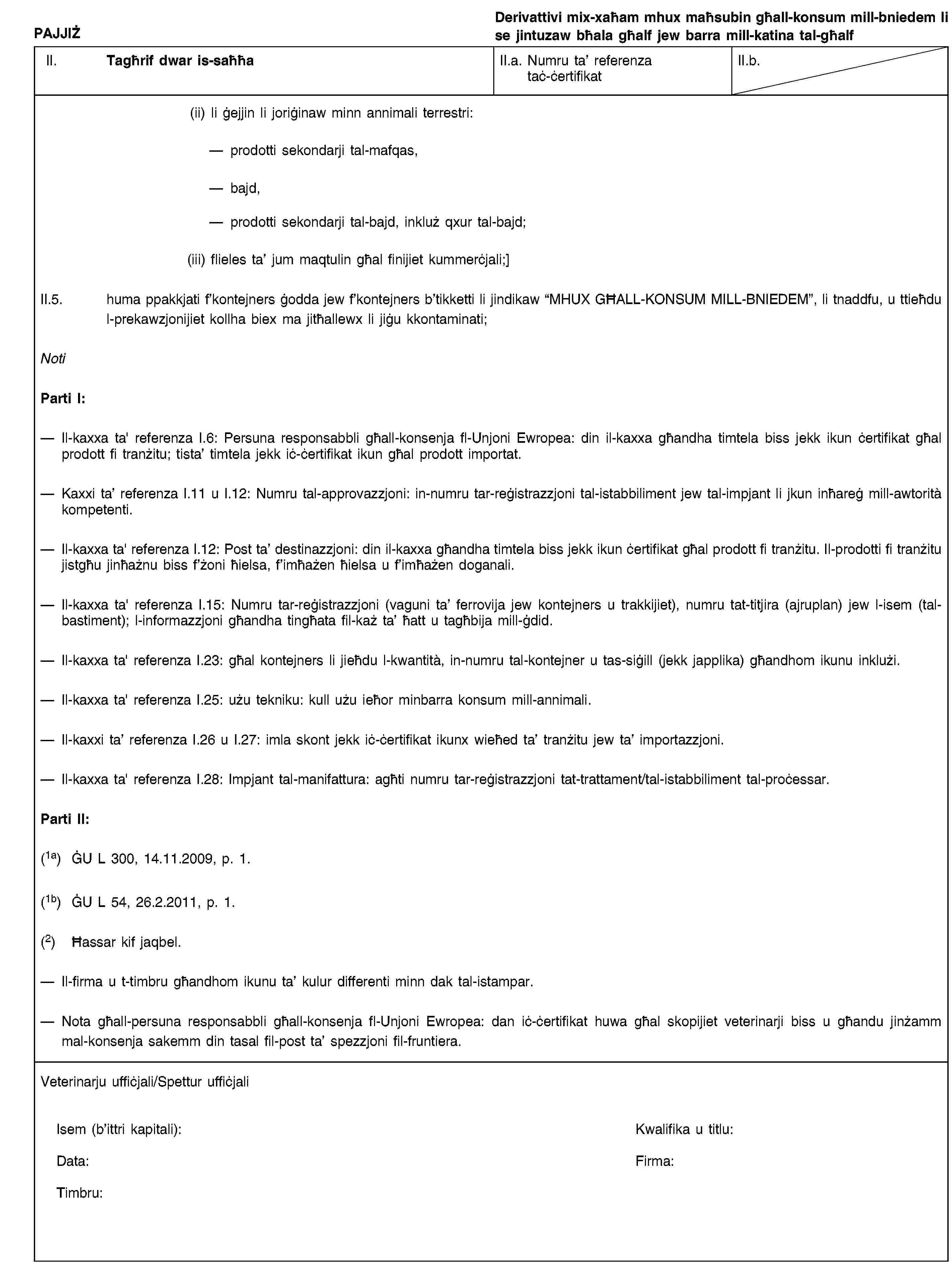 PAJJIŻDerivattivi mix-xaħam mhux maħsubin għall-konsum mill-bniedem li se jintuzaw bħala għalf jew barra mill-katina tal-għalfII. Tagħrif dwar is-saħħaII.a. Numru ta’ referenza taċ-ċertifikatII.b.(ii) li ġejjin li joriġinaw minn annimali terrestri:prodotti sekondarji tal-mafqas,bajd,prodotti sekondarji tal-bajd, inkluż qxur tal-bajd;(iii) flieles ta’ jum maqtulin għal finijiet kummerċjali;]II.5. huma ppakkjati f’kontejners ġodda jew f’kontejners b’tikketti li jindikaw “MHUX GĦALL-KONSUM MILL-BNIEDEM”, li tnaddfu, u ttieħdu l-prekawzjonijiet kollha biex ma jitħallewx li jiġu kkontaminati;NotiParti I:Il-kaxxa ta' referenza I.6: Persuna responsabbli għall-konsenja fl-Unjoni Ewropea: din il-kaxxa għandha timtela biss jekk ikun ċertifikat għal prodott fi tranżitu; tista’ timtela jekk iċ-ċertifikat ikun għal prodott importat.Kaxxi ta’ referenza I.11 u I.12: Numru tal-approvazzjoni: in-numru tar-reġistrazzjoni tal-istabbiliment jew tal-impjant li jkun inħareġ mill-awtorità kompetenti.Il-kaxxa ta' referenza I.12: Post ta’ destinazzjoni: din il-kaxxa għandha timtela biss jekk ikun ċertifikat għal prodott fi tranżitu. Il-prodotti fi tranżitu jistgħu jinħażnu biss f’żoni ħielsa, f’imħażen ħielsa u f’imħażen doganali.Il-kaxxa ta' referenza I.15: Numru tar-reġistrazzjoni (vaguni ta’ ferrovija jew kontejners u trakkijiet), numru tat-titjira (ajruplan) jew l-isem (tal-bastiment); l-informazzjoni għandha tingħata fil-każ ta’ ħatt u tagħbija mill-ġdid.Il-kaxxa ta' referenza I.23: għal kontejners li jieħdu l-kwantità, in-numru tal-kontejner u tas-siġill (jekk japplika) għandhom ikunu inklużi.Il-kaxxa ta' referenza I.25: użu tekniku: kull użu ieħor minbarra konsum mill-annimali.Il-kaxxi ta’ referenza I.26 u I.27: imla skont jekk iċ-ċertifikat ikunx wieħed ta’ tranżitu jew ta’ importazzjoni.Il-kaxxa ta' referenza I.28: Impjant tal-manifattura: agħti numru tar-reġistrazzjoni tat-trattament/tal-istabbiliment tal-proċessar.Parti II:(1a) ĠU L 300, 14.11.2009, p. 1.(1b) ĠU L 54, 26.2.2011, p. 1.(2) Ħassar kif jaqbel.Il-firma u t-timbru għandhom ikunu ta’ kulur differenti minn dak tal-istampar.Nota għall-persuna responsabbli għall-konsenja fl-Unjoni Ewropea: dan iċ-ċertifikat huwa għal skopijiet veterinarji biss u għandu jinżamm mal-konsenja sakemm din tasal fil-post ta’ spezzjoni fil-fruntiera.Veterinarju uffiċjali/Spettur uffiċjaliIsem (b’ittri kapitali):Kwalifika u titlu:Data:Firma:Timbru: