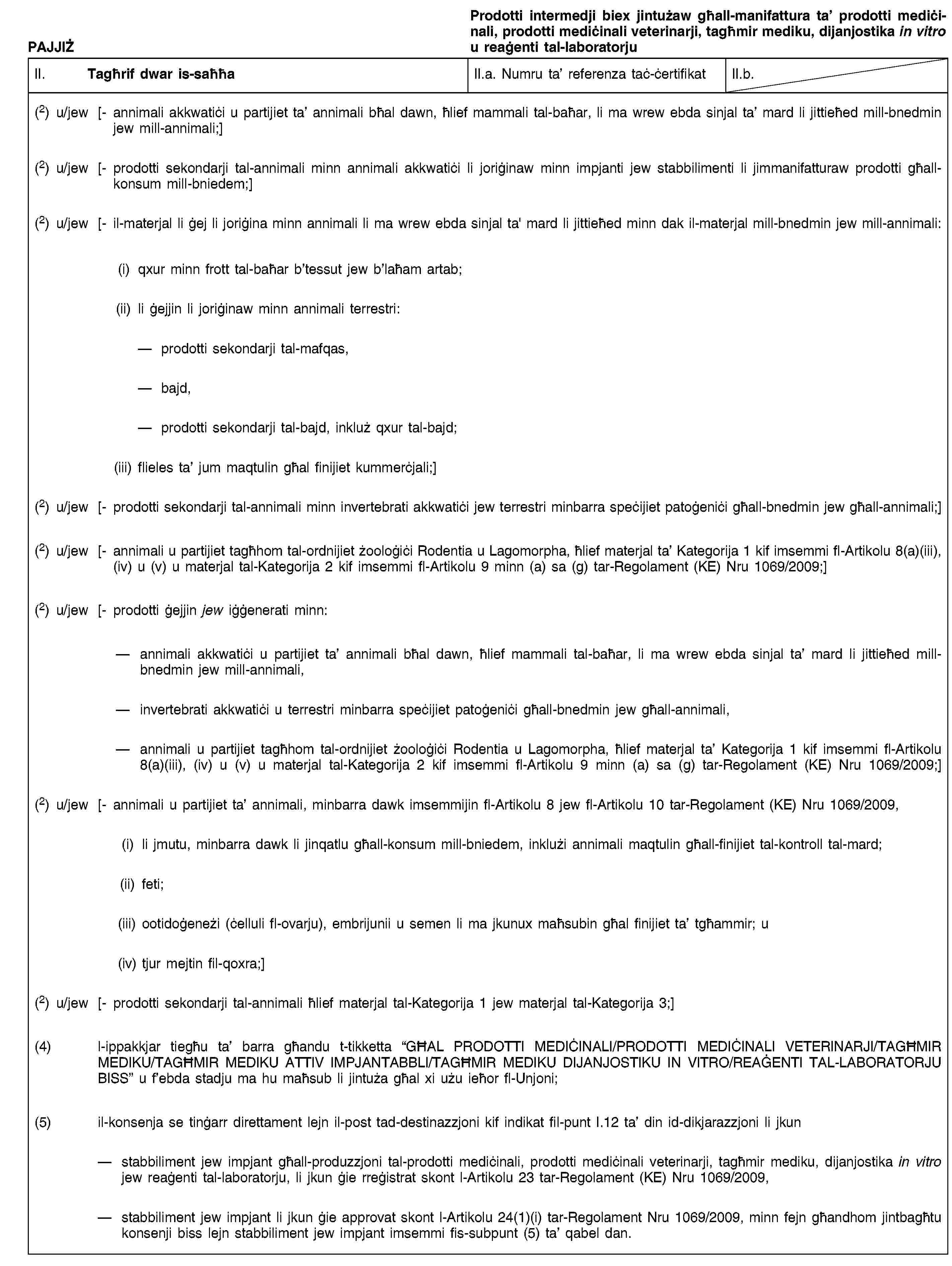 PAJJIŻProdotti intermedji biex jintużaw għall-manifattura ta’ prodotti mediċinali, prodotti mediċinali veterinarji, tagħmir mediku, dijanjostika in vitro u reaġenti tal-laboratorjuII. Tagħrif dwar is-saħħaII.a. Numru ta’ referenza taċ-ċertifikatII.b.(2) u/jew [- annimali akkwatiċi u partijiet ta’ annimali bħal dawn, ħlief mammali tal-baħar, li ma wrew ebda sinjal ta’ mard li jittieħed mill-bnedmin jew mill-annimali;](2) u/jew [- prodotti sekondarji tal-annimali minn annimali akkwatiċi li joriġinaw minn impjanti jew stabbilimenti li jimmanifatturaw prodotti għall-konsum mill-bniedem;](2) u/jew [- il-materjal li ġej li joriġina minn annimali li ma wrew ebda sinjal ta' mard li jittieħed minn dak il-materjal mill-bnedmin jew mill-annimali:(i) qxur minn frott tal-baħar b’tessut jew b’laħam artab;(ii) li ġejjin li joriġinaw minn annimali terrestri:prodotti sekondarji tal-mafqas,bajd,prodotti sekondarji tal-bajd, inkluż qxur tal-bajd;(iii) flieles ta’ jum maqtulin għal finijiet kummerċjali;](2) u/jew [- prodotti sekondarji tal-annimali minn invertebrati akkwatiċi jew terrestri minbarra speċijiet patoġeniċi għall-bnedmin jew għall-annimali;](2) u/jew [- annimali u partijiet tagħhom tal-ordnijiet żooloġiċi Rodentia u Lagomorpha, ħlief materjal ta’ Kategorija 1 kif imsemmi fl-Artikolu 8(a)(iii), (iv) u (v) u materjal tal-Kategorija 2 kif imsemmi fl-Artikolu 9 minn (a) sa (g) tar-Regolament (KE) Nru 1069/2009;](2) u/jew [- prodotti ġejjin jew iġġenerati minn:annimali akkwatiċi u partijiet ta’ annimali bħal dawn, ħlief mammali tal-baħar, li ma wrew ebda sinjal ta’ mard li jittieħed mill-bnedmin jew mill-annimali,invertebrati akkwatiċi u terrestri minbarra speċijiet patoġeniċi għall-bnedmin jew għall-annimali,annimali u partijiet tagħhom tal-ordnijiet żooloġiċi Rodentia u Lagomorpha, ħlief materjal ta’ Kategorija 1 kif imsemmi fl-Artikolu 8(a)(iii), (iv) u (v) u materjal tal-Kategorija 2 kif imsemmi fl-Artikolu 9 minn (a) sa (g) tar-Regolament (KE) Nru 1069/2009;](2) u/jew [- annimali u partijiet ta’ annimali, minbarra dawk imsemmijin fl-Artikolu 8 jew fl-Artikolu 10 tar-Regolament (KE) Nru 1069/2009,(i) li jmutu, minbarra dawk li jinqatlu għall-konsum mill-bniedem, inklużi annimali maqtulin għall-finijiet tal-kontroll tal-mard;(ii) feti;(iii) ootidoġeneżi (ċelluli fl-ovarju), embrijunii u semen li ma jkunux maħsubin għal finijiet ta’ tgħammir; u(iv) tjur mejtin fil-qoxra;](2) u/jew [- prodotti sekondarji tal-annimali ħlief materjal tal-Kategorija 1 jew materjal tal-Kategorija 3;](4) l-ippakkjar tiegħu ta’ barra għandu t-tikketta “GĦAL PRODOTTI MEDIĊINALI/PRODOTTI MEDIĊINALI VETERINARJI/TAGĦMIR MEDIKU/TAGĦMIR MEDIKU ATTIV IMPJANTABBLI/TAGĦMIR MEDIKU DIJANJOSTIKU IN VITRO/REAĠENTI TAL-LABORATORJU BISS” u f’ebda stadju ma hu maħsub li jintuża għal xi użu ieħor fl-Unjoni;(5) il-konsenja se tinġarr direttament lejn il-post tad-destinazzjoni kif indikat fil-punt I.12 ta’ din id-dikjarazzjoni li jkunstabbiliment jew impjant għall-produzzjoni tal-prodotti mediċinali, prodotti mediċinali veterinarji, tagħmir mediku, dijanjostika in vitro jew reaġenti tal-laboratorju, li jkun ġie rreġistrat skont l-Artikolu 23 tar-Regolament (KE) Nru 1069/2009,stabbiliment jew impjant li jkun ġie approvat skont l-Artikolu 24(1)(i) tar-Regolament Nru 1069/2009, minn fejn għandhom jintbagħtu konsenji biss lejn stabbiliment jew impjant imsemmi fis-subpunt (5) ta’ qabel dan.