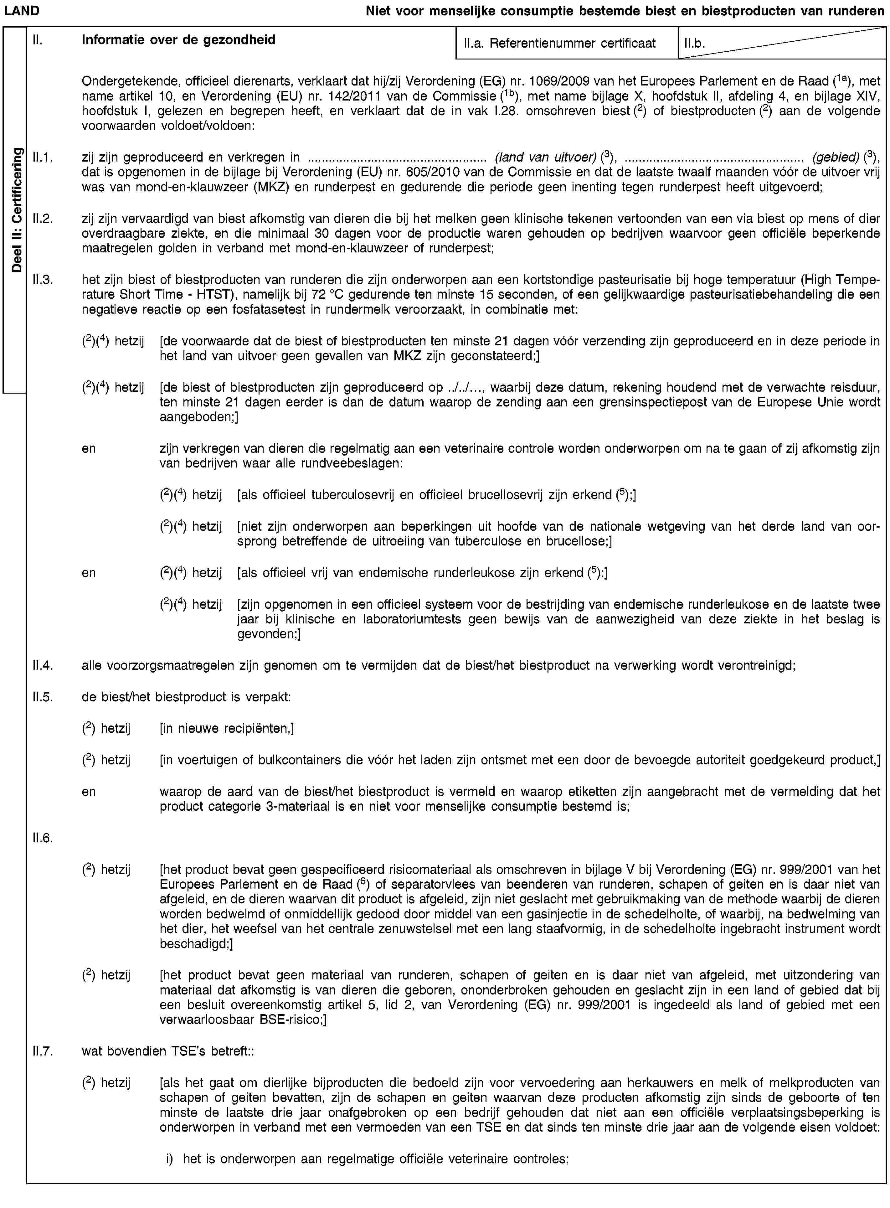 Deel II: CertificeringLANDNiet voor menselijke consumptie bestemde biest en biestproducten van runderenII. Informatie over de gezondheidII.a. Referentienummer certificaatII.b.Ondergetekende, officieel dierenarts, verklaart dat hij/zij Verordening (EG) nr. 1069/2009 van het Europees Parlement en de Raad (1a), met name artikel 10, en Verordening (EU) nr. 142/2011 van de Commissie (1b), met name bijlage X, hoofdstuk II, afdeling 4, en bijlage XIV, hoofdstuk I, gelezen en begrepen heeft, en verklaart dat de in vak I.28. omschreven biest (2) of biestproducten (2) aan de volgende voorwaarden voldoet/voldoen:II.1. zij zijn geproduceerd en verkregen in … (land van uitvoer) (3), … (gebied) (3), dat is opgenomen in de bijlage bij Verordening (EU) nr. 605/2010 van de Commissie en dat de laatste twaalf maanden vóór de uitvoer vrij was van mond-en-klauwzeer (MKZ) en runderpest en gedurende die periode geen inenting tegen runderpest heeft uitgevoerd;II.2. zij zijn vervaardigd van biest afkomstig van dieren die bij het melken geen klinische tekenen vertoonden van een via biest op mens of dier overdraagbare ziekte, en die minimaal 30 dagen voor de productie waren gehouden op bedrijven waarvoor geen officiële beperkende maatregelen golden in verband met mond-en-klauwzeer of runderpest;II.3. het zijn biest of biestproducten van runderen die zijn onderworpen aan een kortstondige pasteurisatie bij hoge temperatuur (High Temperature Short Time - HTST), namelijk bij 72 °C gedurende ten minste 15 seconden, of een gelijkwaardige pasteurisatiebehandeling die een negatieve reactie op een fosfatasetest in rundermelk veroorzaakt, in combinatie met:(2)(4) hetzij [de voorwaarde dat de biest of biestproducten ten minste 21 dagen vóór verzending zijn geproduceerd en in deze periode in het land van uitvoer geen gevallen van MKZ zijn geconstateerd;](2)(4) hetzij [de biest of biestproducten zijn geproduceerd op ../../…, waarbij deze datum, rekening houdend met de verwachte reisduur, ten minste 21 dagen eerder is dan de datum waarop de zending aan een grensinspectiepost van de Europese Unie wordt aangeboden;]en zijn verkregen van dieren die regelmatig aan een veterinaire controle worden onderworpen om na te gaan of zij afkomstig zijn van bedrijven waar alle rundveebeslagen:(2)(4) hetzij [als officieel tuberculosevrij en officieel brucellosevrij zijn erkend (5);](2)(4) hetzij [niet zijn onderworpen aan beperkingen uit hoofde van de nationale wetgeving van het derde land van oorsprong betreffende de uitroeiing van tuberculose en brucellose;]en (2)(4) hetzij [als officieel vrij van endemische runderleukose zijn erkend (5);](2)(4) hetzij [zijn opgenomen in een officieel systeem voor de bestrijding van endemische runderleukose en de laatste twee jaar bij klinische en laboratoriumtests geen bewijs van de aanwezigheid van deze ziekte in het beslag is gevonden;]II.4. alle voorzorgsmaatregelen zijn genomen om te vermijden dat de biest/het biestproduct na verwerking wordt verontreinigd;II.5. de biest/het biestproduct is verpakt:(2) hetzij [in nieuwe recipiënten,](2) hetzij [in voertuigen of bulkcontainers die vóór het laden zijn ontsmet met een door de bevoegde autoriteit goedgekeurd product,]en waarop de aard van de biest/het biestproduct is vermeld en waarop etiketten zijn aangebracht met de vermelding dat het product categorie 3-materiaal is en niet voor menselijke consumptie bestemd is;II.6.(2) hetzij [het product bevat geen gespecificeerd risicomateriaal als omschreven in bijlage V bij Verordening (EG) nr. 999/2001 van het Europees Parlement en de Raad (6) of separatorvlees van beenderen van runderen, schapen of geiten en is daar niet van afgeleid, en de dieren waarvan dit product is afgeleid, zijn niet geslacht met gebruikmaking van de methode waarbij de dieren worden bedwelmd of onmiddellijk gedood door middel van een gasinjectie in de schedelholte, of waarbij, na bedwelming van het dier, het weefsel van het centrale zenuwstelsel met een lang staafvormig, in de schedelholte ingebracht instrument wordt beschadigd;](2) hetzij [het product bevat geen materiaal van runderen, schapen of geiten en is daar niet van afgeleid, met uitzondering van materiaal dat afkomstig is van dieren die geboren, ononderbroken gehouden en geslacht zijn in een land of gebied dat bij een besluit overeenkomstig artikel 5, lid 2, van Verordening (EG) nr. 999/2001 is ingedeeld als land of gebied met een verwaarloosbaar BSE-risico;]II.7. wat bovendien TSE’s betreft::(2) hetzij [als het gaat om dierlijke bijproducten die bedoeld zijn voor vervoedering aan herkauwers en melk of melkproducten van schapen of geiten bevatten, zijn de schapen en geiten waarvan deze producten afkomstig zijn sinds de geboorte of ten minste de laatste drie jaar onafgebroken op een bedrijf gehouden dat niet aan een officiële verplaatsingsbeperking is onderworpen in verband met een vermoeden van een TSE en dat sinds ten minste drie jaar aan de volgende eisen voldoet:i) het is onderworpen aan regelmatige officiële veterinaire controles;