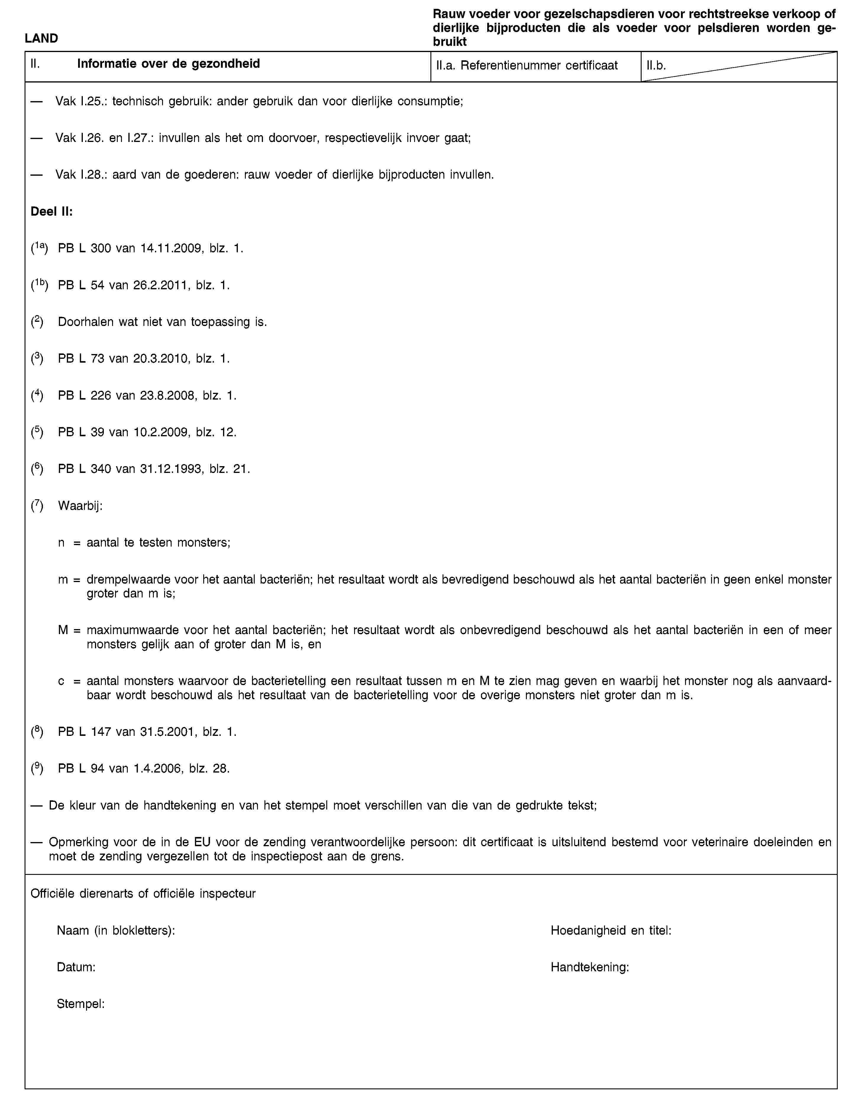 LANDRauw voeder voor gezelschapsdieren voor rechtstreekse verkoop of dierlijke bijproducten die als voeder voor pelsdieren worden gebruiktII. Informatie over de gezondheidII.a. Referentienummer certificaatII.b.Vak I.25.: technisch gebruik: ander gebruik dan voor dierlijke consumptie;Vak I.26. en I.27.: invullen als het om doorvoer, respectievelijk invoer gaat;Vak I.28.: aard van de goederen: rauw voeder of dierlijke bijproducten invullen.Deel II:(1a) PB L 300 van 14.11.2009, blz. 1.(1b) PB L 54 van 26.2.2011, blz. 1.(2) Doorhalen wat niet van toepassing is.(3) PB L 73 van 20.3.2010, blz. 1.(4) PB L 226 van 23.8.2008, blz. 1.(5) PB L 39 van 10.2.2009, blz. 12.(6) PB L 340 van 31.12.1993, blz. 21.(7) Waarbij:n = aantal te testen monsters;m = drempelwaarde voor het aantal bacteriën; het resultaat wordt als bevredigend beschouwd als het aantal bacteriën in geen enkel monster groter dan m is;M = maximumwaarde voor het aantal bacteriën; het resultaat wordt als onbevredigend beschouwd als het aantal bacteriën in een of meer monsters gelijk aan of groter dan M is, enc = aantal monsters waarvoor de bacterietelling een resultaat tussen m en M te zien mag geven en waarbij het monster nog als aanvaardbaar wordt beschouwd als het resultaat van de bacterietelling voor de overige monsters niet groter dan m is.(8) PB L 147 van 31.5.2001, blz. 1.(9) PB L 94 van 1.4.2006, blz. 28.De kleur van de handtekening en van het stempel moet verschillen van die van de gedrukte tekst;Opmerking voor de in de EU voor de zending verantwoordelijke persoon: dit certificaat is uitsluitend bestemd voor veterinaire doeleinden en moet de zending vergezellen tot de inspectiepost aan de grens.Officiële dierenarts of officiële inspecteurNaam (in blokletters):Hoedanigheid en titel:Datum:Handtekening:Stempel: