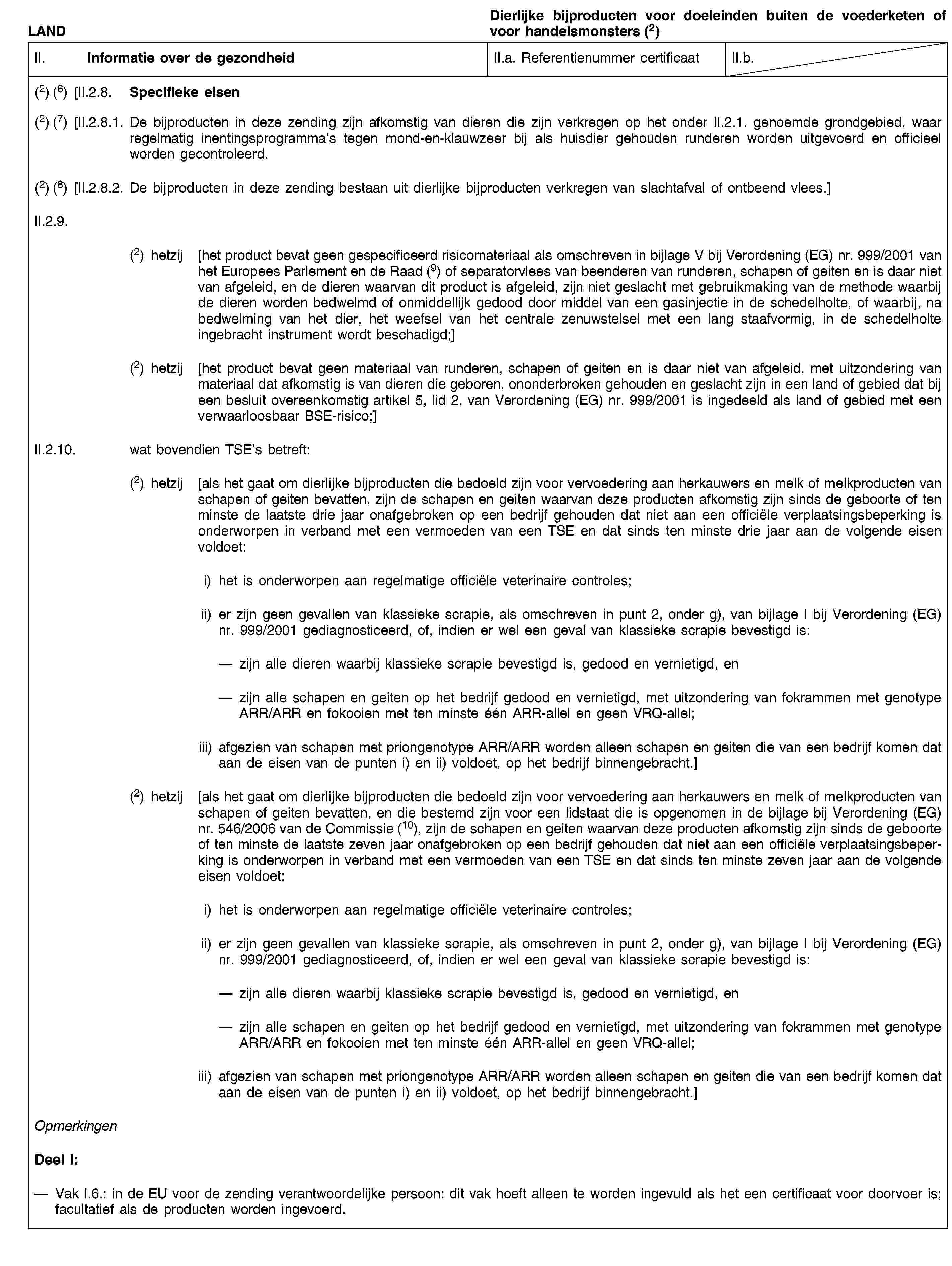 LANDDierlijke bijproducten voor doeleinden buiten de voederketen of voor handelsmonsters (2)II. Informatie over de gezondheidII.a. Referentienummer certificaatII.b.(2) (6) [II.2.8. Specifieke eisen(2) (7) [II.2.8.1. De bijproducten in deze zending zijn afkomstig van dieren die zijn verkregen op het onder II.2.1. genoemde grondgebied, waar regelmatig inentingsprogramma’s tegen mond-en-klauwzeer bij als huisdier gehouden runderen worden uitgevoerd en officieel worden gecontroleerd.(2) (8) [II.2.8.2. De bijproducten in deze zending bestaan uit dierlijke bijproducten verkregen van slachtafval of ontbeend vlees.]II.2.9.(2) hetzij [het product bevat geen gespecificeerd risicomateriaal als omschreven in bijlage V bij Verordening (EG) nr. 999/2001 van het Europees Parlement en de Raad (9) of separatorvlees van beenderen van runderen, schapen of geiten en is daar niet van afgeleid, en de dieren waarvan dit product is afgeleid, zijn niet geslacht met gebruikmaking van de methode waarbij de dieren worden bedwelmd of onmiddellijk gedood door middel van een gasinjectie in de schedelholte, of waarbij, na bedwelming van het dier, het weefsel van het centrale zenuwstelsel met een lang staafvormig, in de schedelholte ingebracht instrument wordt beschadigd;](2) hetzij [het product bevat geen materiaal van runderen, schapen of geiten en is daar niet van afgeleid, met uitzondering van materiaal dat afkomstig is van dieren die geboren, ononderbroken gehouden en geslacht zijn in een land of gebied dat bij een besluit overeenkomstig artikel 5, lid 2, van Verordening (EG) nr. 999/2001 is ingedeeld als land of gebied met een verwaarloosbaar BSE-risico;]II.2.10. wat bovendien TSE’s betreft:(2) hetzij [als het gaat om dierlijke bijproducten die bedoeld zijn voor vervoedering aan herkauwers en melk of melkproducten van schapen of geiten bevatten, zijn de schapen en geiten waarvan deze producten afkomstig zijn sinds de geboorte of ten minste de laatste drie jaar onafgebroken op een bedrijf gehouden dat niet aan een officiële verplaatsingsbeperking is onderworpen in verband met een vermoeden van een TSE en dat sinds ten minste drie jaar aan de volgende eisen voldoet:i) het is onderworpen aan regelmatige officiële veterinaire controles;ii) er zijn geen gevallen van klassieke scrapie, als omschreven in punt 2, onder g), van bijlage I bij Verordening (EG) nr. 999/2001 gediagnosticeerd, of, indien er wel een geval van klassieke scrapie bevestigd is:zijn alle dieren waarbij klassieke scrapie bevestigd is, gedood en vernietigd, enzijn alle schapen en geiten op het bedrijf gedood en vernietigd, met uitzondering van fokrammen met genotype ARR/ARR en fokooien met ten minste één ARR-allel en geen VRQ-allel;iii) afgezien van schapen met priongenotype ARR/ARR worden alleen schapen en geiten die van een bedrijf komen dat aan de eisen van de punten i) en ii) voldoet, op het bedrijf binnengebracht.](2) hetzij [als het gaat om dierlijke bijproducten die bedoeld zijn voor vervoedering aan herkauwers en melk of melkproducten van schapen of geiten bevatten, en die bestemd zijn voor een lidstaat die is opgenomen in de bijlage bij Verordening (EG) nr. 546/2006 van de Commissie (10), zijn de schapen en geiten waarvan deze producten afkomstig zijn sinds de geboorte of ten minste de laatste zeven jaar onafgebroken op een bedrijf gehouden dat niet aan een officiële verplaatsingsbeperking is onderworpen in verband met een vermoeden van een TSE en dat sinds ten minste zeven jaar aan de volgende eisen voldoet:i) het is onderworpen aan regelmatige officiële veterinaire controles;ii) er zijn geen gevallen van klassieke scrapie, als omschreven in punt 2, onder g), van bijlage I bij Verordening (EG) nr. 999/2001 gediagnosticeerd, of, indien er wel een geval van klassieke scrapie bevestigd is:zijn alle dieren waarbij klassieke scrapie bevestigd is, gedood en vernietigd, enzijn alle schapen en geiten op het bedrijf gedood en vernietigd, met uitzondering van fokrammen met genotype ARR/ARR en fokooien met ten minste één ARR-allel en geen VRQ-allel;iii) afgezien van schapen met priongenotype ARR/ARR worden alleen schapen en geiten die van een bedrijf komen dat aan de eisen van de punten i) en ii) voldoet, op het bedrijf binnengebracht.]OpmerkingenDeel I:Vak I.6.: in de EU voor de zending verantwoordelijke persoon: dit vak hoeft alleen te worden ingevuld als het een certificaat voor doorvoer is; facultatief als de producten worden ingevoerd.