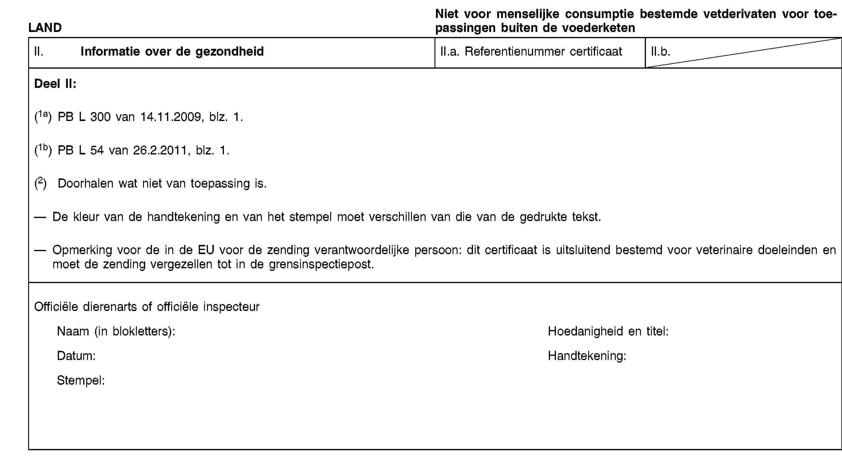 LANDNiet voor menselijke consumptie bestemde vetderivaten voor toepassingen buiten de voederketenII. Informatie over de gezondheidII.a. Referentienummer certificaatII.b.Deel II:(1a) PB L 300 van 14.11.2009, blz. 1.(1b) PB L 54 van 26.2.2011, blz. 1.(2) Doorhalen wat niet van toepassing is.De kleur van de handtekening en van het stempel moet verschillen van die van de gedrukte tekst.Opmerking voor de in de EU voor de zending verantwoordelijke persoon: dit certificaat is uitsluitend bestemd voor veterinaire doeleinden en moet de zending vergezellen tot in de grensinspectiepost.Officiële dierenarts of officiële inspecteurNaam (in blokletters):Hoedanigheid en titel:Datum:Handtekening:Stempel: