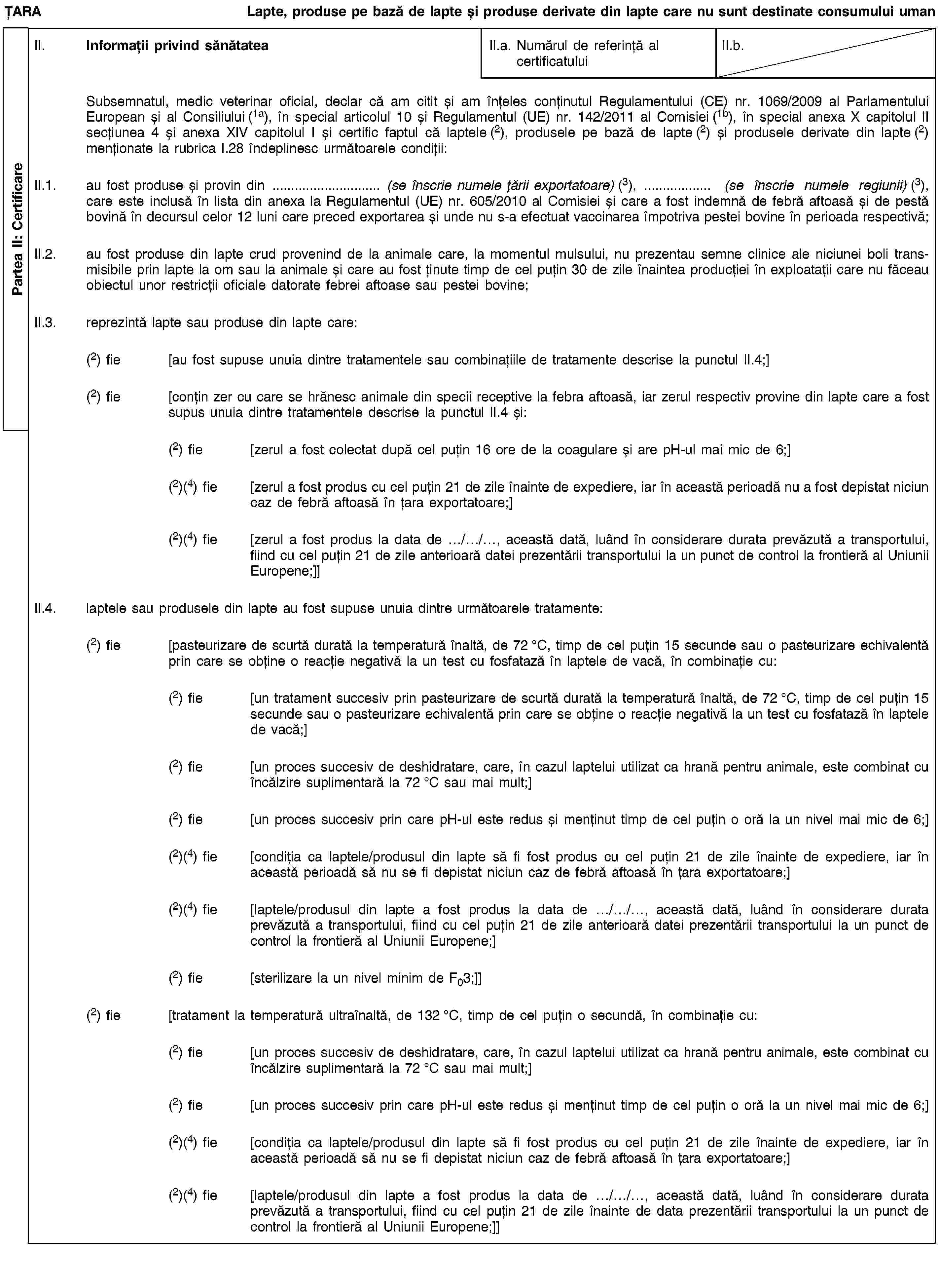 Partea II: CertificareȚARALapte, produse pe bază de lapte și produse derivate din lapte care nu sunt destinate consumului umanII. Informații privind sănătateaII.a. Numărul de referință al certificatuluiII.b.Subsemnatul, medic veterinar oficial, declar că am citit și am înțeles conținutul Regulamentului (CE) nr. 1069/2009 al Parlamentului European și al Consiliului (1a), în special articolul 10 și Regulamentul (UE) nr. 142/2011 al Comisiei (1b), în special anexa X capitolul II secțiunea 4 și anexa XIV capitolul I și certific faptul că laptele (2), produsele pe bază de lapte (2) și produsele derivate din lapte (2) menționate la rubrica I.28 îndeplinesc următoarele condiții:II.1. au fost produse și provin din … (se înscrie numele țării exportatoare) (3), … (se înscrie numele regiunii) (3), care este inclusă în lista din anexa la Regulamentul (UE) nr. 605/2010 al Comisiei și care a fost indemnă de febră aftoasă și de pestă bovină în decursul celor 12 luni care preced exportarea și unde nu s-a efectuat vaccinarea împotriva pestei bovine în perioada respectivă;II.2. au fost produse din lapte crud provenind de la animale care, la momentul mulsului, nu prezentau semne clinice ale niciunei boli transmisibile prin lapte la om sau la animale și care au fost ținute timp de cel puțin 30 de zile înaintea producției în exploatații care nu făceau obiectul unor restricții oficiale datorate febrei aftoase sau pestei bovine;II.3. reprezintă lapte sau produse din lapte care:(2) fie [au fost supuse unuia dintre tratamentele sau combinațiile de tratamente descrise la punctul II.4;](2) fie [conțin zer cu care se hrănesc animale din specii receptive la febra aftoasă, iar zerul respectiv provine din lapte care a fost supus unuia dintre tratamentele descrise la punctul II.4 și:(2) fie [zerul a fost colectat după cel puțin 16 ore de la coagulare și are pH-ul mai mic de 6;](2)(4) fie [zerul a fost produs cu cel puțin 21 de zile înainte de expediere, iar în această perioadă nu a fost depistat niciun caz de febră aftoasă în țara exportatoare;](2)(4) fie [zerul a fost produs la data de …/…/…, această dată, luând în considerare durata prevăzută a transportului, fiind cu cel puțin 21 de zile anterioară datei prezentării transportului la un punct de control la frontieră al Uniunii Europene;]]II.4. laptele sau produsele din lapte au fost supuse unuia dintre următoarele tratamente:(2) fie [pasteurizare de scurtă durată la temperatură înaltă, de 72 °C, timp de cel puțin 15 secunde sau o pasteurizare echivalentă prin care se obține o reacție negativă la un test cu fosfatază în laptele de vacă, în combinație cu:(2) fie [un tratament succesiv prin pasteurizare de scurtă durată la temperatură înaltă, de 72 °C, timp de cel puțin 15 secunde sau o pasteurizare echivalentă prin care se obține o reacție negativă la un test cu fosfatază în laptele de vacă;](2) fie [un proces succesiv de deshidratare, care, în cazul laptelui utilizat ca hrană pentru animale, este combinat cu încălzire suplimentară la 72 °C sau mai mult;](2) fie [un proces succesiv prin care pH-ul este redus și menținut timp de cel puțin o oră la un nivel mai mic de 6;](2)(4) fie [condiția ca laptele/produsul din lapte să fi fost produs cu cel puțin 21 de zile înainte de expediere, iar în această perioadă să nu se fi depistat niciun caz de febră aftoasă în țara exportatoare;](2)(4) fie [laptele/produsul din lapte a fost produs la data de …/…/…, această dată, luând în considerare durata prevăzută a transportului, fiind cu cel puțin 21 de zile anterioară datei prezentării transportului la un punct de control la frontieră al Uniunii Europene;](2) fie [sterilizare la un nivel minim de F03;]](2) fie [tratament la temperatură ultraînaltă, de 132 °C, timp de cel puțin o secundă, în combinație cu:(2) fie [un proces succesiv de deshidratare, care, în cazul laptelui utilizat ca hrană pentru animale, este combinat cu încălzire suplimentară la 72 °C sau mai mult;](2) fie [un proces succesiv prin care pH-ul este redus și menținut timp de cel puțin o oră la un nivel mai mic de 6;](2)(4) fie [condiția ca laptele/produsul din lapte să fi fost produs cu cel puțin 21 de zile înainte de expediere, iar în această perioadă să nu se fi depistat niciun caz de febră aftoasă în țara exportatoare;](2)(4) fie [laptele/produsul din lapte a fost produs la data de …/…/…, această dată, luând în considerare durata prevăzută a transportului, fiind cu cel puțin 21 de zile înainte de data prezentării transportului la un punct de control la frontieră al Uniunii Europene;]]