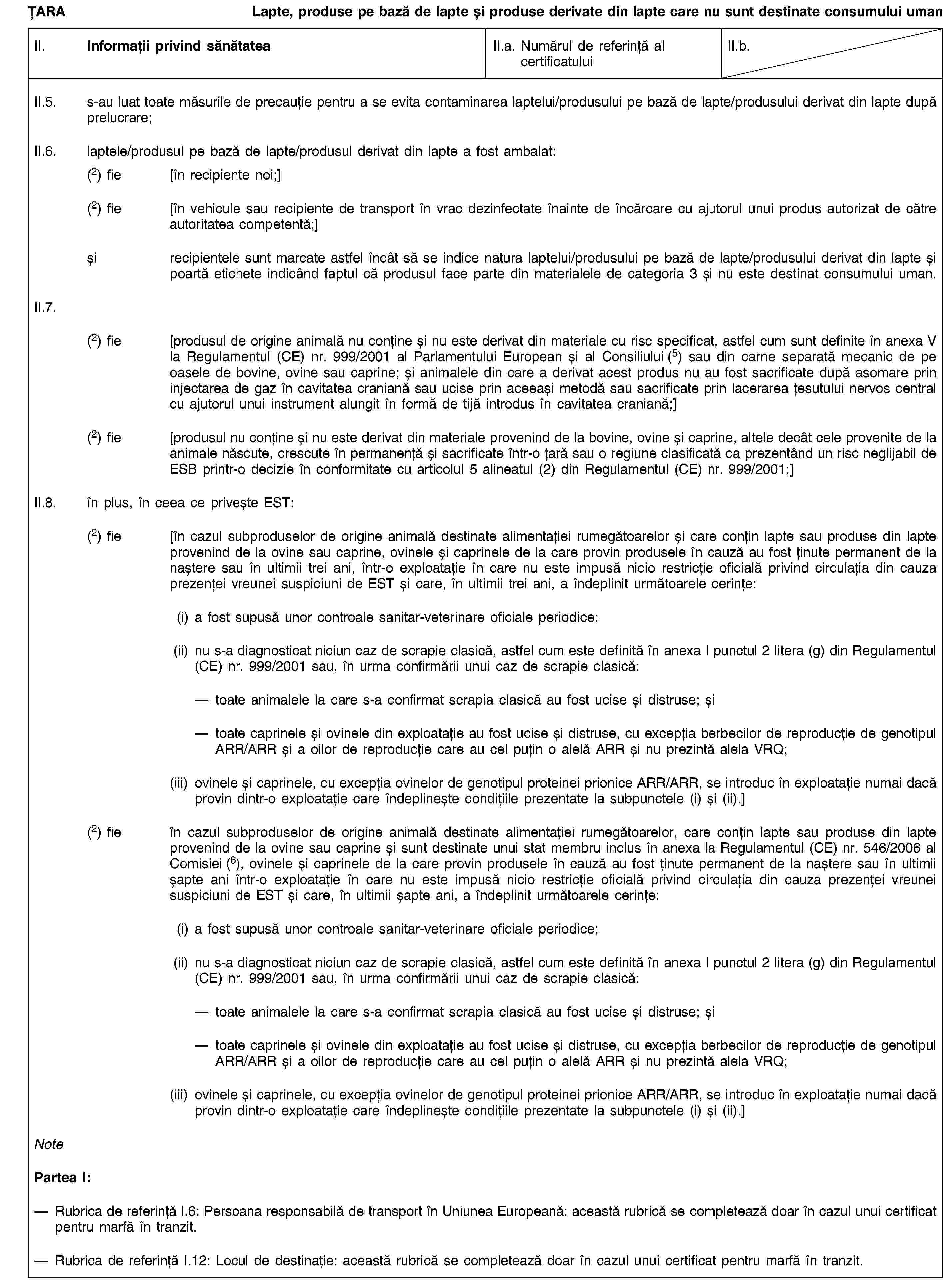 ȚARALapte, produse pe bază de lapte și produse derivate din lapte care nu sunt destinate consumului umanII. Informații privind sănătateaII.a. Numărul de referință al certificatuluiII.b.II.5. s-au luat toate măsurile de precauție pentru a se evita contaminarea laptelui/produsului pe bază de lapte/produsului derivat din lapte după prelucrare;II.6. laptele/produsul pe bază de lapte/produsul derivat din lapte a fost ambalat:(2) fie [în recipiente noi;](2) fie [în vehicule sau recipiente de transport în vrac dezinfectate înainte de încărcare cu ajutorul unui produs autorizat de către autoritatea competentă;]și recipientele sunt marcate astfel încât să se indice natura laptelui/produsului pe bază de lapte/produsului derivat din lapte și poartă etichete indicând faptul că produsul face parte din materialele de categoria 3 și nu este destinat consumului uman.II.7.(2) fie [produsul de origine animală nu conține și nu este derivat din materiale cu risc specificat, astfel cum sunt definite în anexa V la Regulamentul (CE) nr. 999/2001 al Parlamentului European și al Consiliului (5) sau din carne separată mecanic de pe oasele de bovine, ovine sau caprine; și animalele din care a derivat acest produs nu au fost sacrificate după asomare prin injectarea de gaz în cavitatea craniană sau ucise prin aceeași metodă sau sacrificate prin lacerarea țesutului nervos central cu ajutorul unui instrument alungit în formă de tijă introdus în cavitatea craniană;](2) fie [produsul nu conține și nu este derivat din materiale provenind de la bovine, ovine și caprine, altele decât cele provenite de la animale născute, crescute în permanență și sacrificate într-o țară sau o regiune clasificată ca prezentând un risc neglijabil de ESB printr-o decizie în conformitate cu articolul 5 alineatul (2) din Regulamentul (CE) nr. 999/2001;]II.8. în plus, în ceea ce privește EST:(2) fie [în cazul subproduselor de origine animală destinate alimentației rumegătoarelor și care conțin lapte sau produse din lapte provenind de la ovine sau caprine, ovinele și caprinele de la care provin produsele în cauză au fost ținute permanent de la naștere sau în ultimii trei ani, într-o exploatație în care nu este impusă nicio restricție oficială privind circulația din cauza prezenței vreunei suspiciuni de EST și care, în ultimii trei ani, a îndeplinit următoarele cerințe:(i) a fost supusă unor controale sanitar-veterinare oficiale periodice;(ii) nu s-a diagnosticat niciun caz de scrapie clasică, astfel cum este definită în anexa I punctul 2 litera (g) din Regulamentul (CE) nr. 999/2001 sau, în urma confirmării unui caz de scrapie clasică:toate animalele la care s-a confirmat scrapia clasică au fost ucise și distruse; șitoate caprinele și ovinele din exploatație au fost ucise și distruse, cu excepția berbecilor de reproducție de genotipul ARR/ARR și a oilor de reproducție care au cel puțin o alelă ARR și nu prezintă alela VRQ;(iii) ovinele și caprinele, cu excepția ovinelor de genotipul proteinei prionice ARR/ARR, se introduc în exploatație numai dacă provin dintr-o exploatație care îndeplinește condițiile prezentate la subpunctele (i) și (ii).](2) fie în cazul subproduselor de origine animală destinate alimentației rumegătoarelor, care conțin lapte sau produse din lapte provenind de la ovine sau caprine și sunt destinate unui stat membru inclus în anexa la Regulamentul (CE) nr. 546/2006 al Comisiei (6), ovinele și caprinele de la care provin produsele în cauză au fost ținute permanent de la naștere sau în ultimii șapte ani într-o exploatație în care nu este impusă nicio restricție oficială privind circulația din cauza prezenței vreunei suspiciuni de EST și care, în ultimii șapte ani, a îndeplinit următoarele cerințe:(i) a fost supusă unor controale sanitar-veterinare oficiale periodice;(ii) nu s-a diagnosticat niciun caz de scrapie clasică, astfel cum este definită în anexa I punctul 2 litera (g) din Regulamentul (CE) nr. 999/2001 sau, în urma confirmării unui caz de scrapie clasică:toate animalele la care s-a confirmat scrapia clasică au fost ucise și distruse; șitoate caprinele și ovinele din exploatație au fost ucise și distruse, cu excepția berbecilor de reproducție de genotipul ARR/ARR și a oilor de reproducție care au cel puțin o alelă ARR și nu prezintă alela VRQ;(iii) ovinele și caprinele, cu excepția ovinelor de genotipul proteinei prionice ARR/ARR, se introduc în exploatație numai dacă provin dintr-o exploatație care îndeplinește condițiile prezentate la subpunctele (i) și (ii).]NotePartea I:Rubrica de referință I.6: Persoana responsabilă de transport în Uniunea Europeană: această rubrică se completează doar în cazul unui certificat pentru marfă în tranzit.Rubrica de referință I.12: Locul de destinație: această rubrică se completează doar în cazul unui certificat pentru marfă în tranzit.