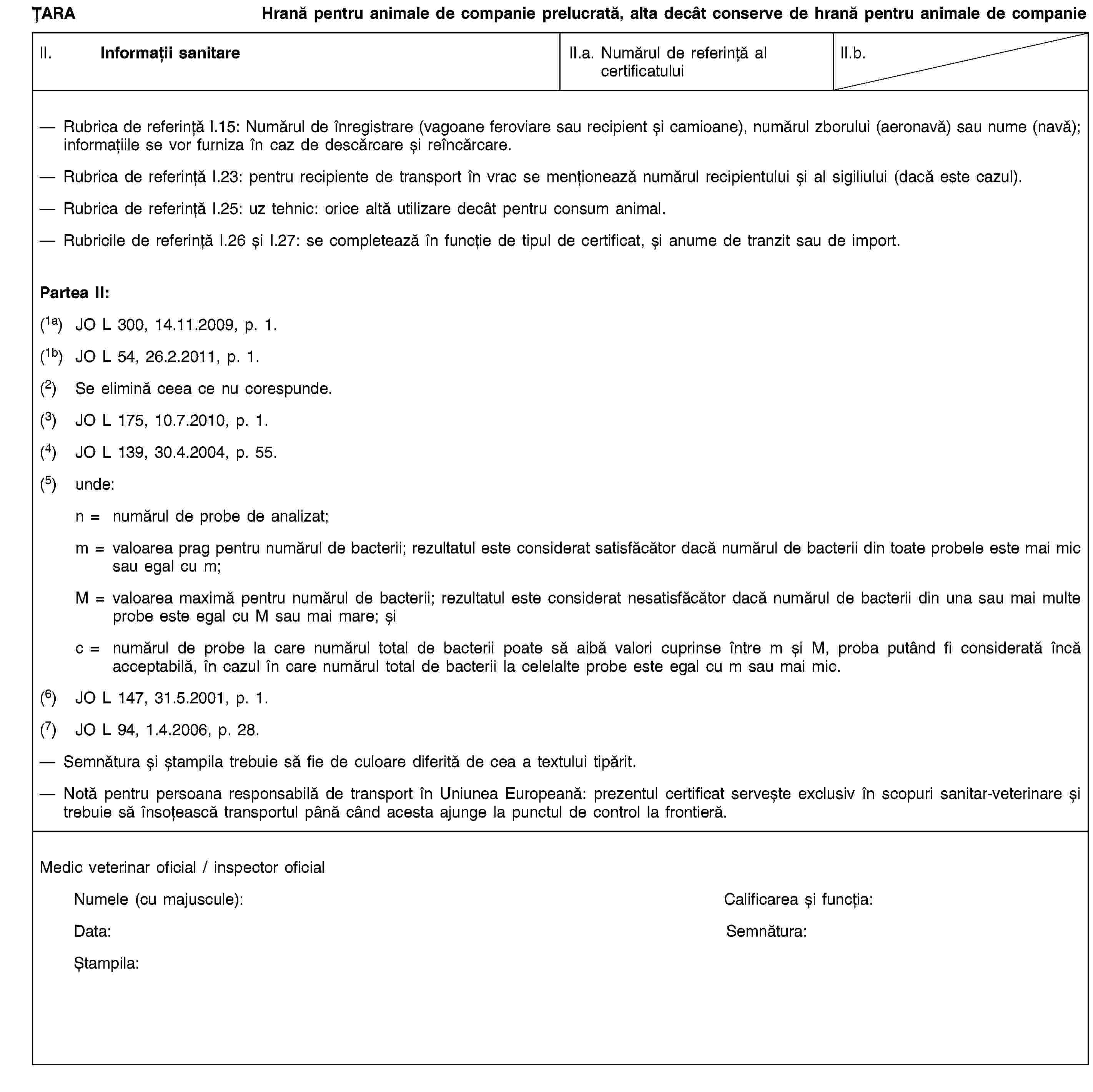 ȚARAHrană pentru animale de companie prelucrată, alta decât conserve de hrană pentru animale de companieII. Informații sanitareII.a. Numărul de referință al certificatuluiII.b.Rubrica de referință I.15: Numărul de înregistrare (vagoane feroviare sau recipient și camioane), numărul zborului (aeronavă) sau nume (navă); informațiile se vor furniza în caz de descărcare și reîncărcare.Rubrica de referință I.23: pentru recipiente de transport în vrac se menționează numărul recipientului și al sigiliului (dacă este cazul).Rubrica de referință I.25: uz tehnic: orice altă utilizare decât pentru consum animal.Rubricile de referință I.26 și I.27: se completează în funcție de tipul de certificat, și anume de tranzit sau de import.Partea II:(1a) JO L 300, 14.11.2009, p. 1.(1b) JO L 54, 26.2.2011, p. 1.(2) Se elimină ceea ce nu corespunde.(3) JO L 175, 10.7.2010, p. 1.(4) JO L 139, 30.4.2004, p. 55.(5) unde:n = numărul de probe de analizat;m = valoarea prag pentru numărul de bacterii; rezultatul este considerat satisfăcător dacă numărul de bacterii din toate probele este mai mic sau egal cu m;M = valoarea maximă pentru numărul de bacterii; rezultatul este considerat nesatisfăcător dacă numărul de bacterii din una sau mai multe probe este egal cu M sau mai mare; șic = numărul de probe la care numărul total de bacterii poate să aibă valori cuprinse între m și M, proba putând fi considerată încă acceptabilă, în cazul în care numărul total de bacterii la celelalte probe este egal cu m sau mai mic.(6) JO L 147, 31.5.2001, p. 1.(7) JO L 94, 1.4.2006, p. 28.Semnătura și ștampila trebuie să fie de culoare diferită de cea a textului tipărit.Notă pentru persoana responsabilă de transport în Uniunea Europeană: prezentul certificat servește exclusiv în scopuri sanitar-veterinare și trebuie să însoțească transportul până când acesta ajunge la punctul de control la frontieră.Medic veterinar oficial / inspector oficialNumele (cu majuscule):Calificarea și funcția:Data:Semnătura:Ștampila: