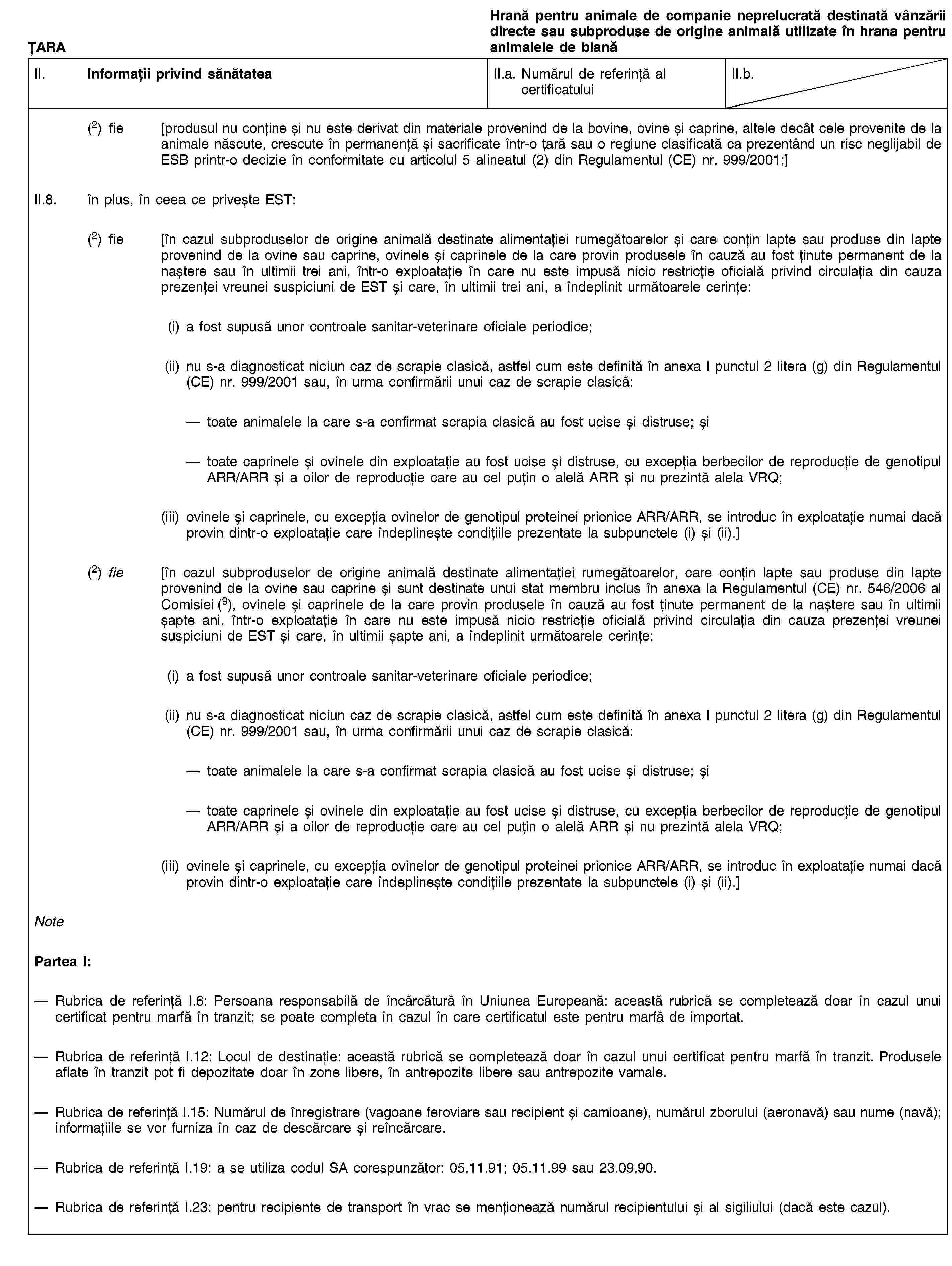 ȚARAHrană pentru animale de companie neprelucrată destinată vânzării directe sau subproduse de origine animală utilizate în hrana pentru animalele de blanăII. Informații privind sănătateaII.a. Numărul de referință al certificatuluiII.b.(2) fie [produsul nu conține și nu este derivat din materiale provenind de la bovine, ovine și caprine, altele decât cele provenite de la animale născute, crescute în permanență și sacrificate într-o țară sau o regiune clasificată ca prezentând un risc neglijabil de ESB printr-o decizie în conformitate cu articolul 5 alineatul (2) din Regulamentul (CE) nr. 999/2001;]II.8. în plus, în ceea ce privește EST:(2) fie [în cazul subproduselor de origine animală destinate alimentației rumegătoarelor și care conțin lapte sau produse din lapte provenind de la ovine sau caprine, ovinele și caprinele de la care provin produsele în cauză au fost ținute permanent de la naștere sau în ultimii trei ani, într-o exploatație în care nu este impusă nicio restricție oficială privind circulația din cauza prezenței vreunei suspiciuni de EST și care, în ultimii trei ani, a îndeplinit următoarele cerințe:(i) a fost supusă unor controale sanitar-veterinare oficiale periodice;(ii) nu s-a diagnosticat niciun caz de scrapie clasică, astfel cum este definită în anexa I punctul 2 litera (g) din Regulamentul (CE) nr. 999/2001 sau, în urma confirmării unui caz de scrapie clasică:toate animalele la care s-a confirmat scrapia clasică au fost ucise și distruse; șitoate caprinele și ovinele din exploatație au fost ucise și distruse, cu excepția berbecilor de reproducție de genotipul ARR/ARR și a oilor de reproducție care au cel puțin o alelă ARR și nu prezintă alela VRQ;(iii) ovinele și caprinele, cu excepția ovinelor de genotipul proteinei prionice ARR/ARR, se introduc în exploatație numai dacă provin dintr-o exploatație care îndeplinește condițiile prezentate la subpunctele (i) și (ii).](2) fie [în cazul subproduselor de origine animală destinate alimentației rumegătoarelor, care conțin lapte sau produse din lapte provenind de la ovine sau caprine și sunt destinate unui stat membru inclus în anexa la Regulamentul (CE) nr. 546/2006 al Comisiei (9), ovinele și caprinele de la care provin produsele în cauză au fost ținute permanent de la naștere sau în ultimii șapte ani, într-o exploatație în care nu este impusă nicio restricție oficială privind circulația din cauza prezenței vreunei suspiciuni de EST și care, în ultimii șapte ani, a îndeplinit următoarele cerințe:(i) a fost supusă unor controale sanitar-veterinare oficiale periodice;(ii) nu s-a diagnosticat niciun caz de scrapie clasică, astfel cum este definită în anexa I punctul 2 litera (g) din Regulamentul (CE) nr. 999/2001 sau, în urma confirmării unui caz de scrapie clasică:toate animalele la care s-a confirmat scrapia clasică au fost ucise și distruse; șitoate caprinele și ovinele din exploatație au fost ucise și distruse, cu excepția berbecilor de reproducție de genotipul ARR/ARR și a oilor de reproducție care au cel puțin o alelă ARR și nu prezintă alela VRQ;(iii) ovinele și caprinele, cu excepția ovinelor de genotipul proteinei prionice ARR/ARR, se introduc în exploatație numai dacă provin dintr-o exploatație care îndeplinește condițiile prezentate la subpunctele (i) și (ii).]NotePartea I:Rubrica de referință I.6: Persoana responsabilă de încărcătură în Uniunea Europeană: această rubrică se completează doar în cazul unui certificat pentru marfă în tranzit; se poate completa în cazul în care certificatul este pentru marfă de importat.Rubrica de referință I.12: Locul de destinație: această rubrică se completează doar în cazul unui certificat pentru marfă în tranzit. Produsele aflate în tranzit pot fi depozitate doar în zone libere, în antrepozite libere sau antrepozite vamale.Rubrica de referință I.15: Numărul de înregistrare (vagoane feroviare sau recipient și camioane), numărul zborului (aeronavă) sau nume (navă); informațiile se vor furniza în caz de descărcare și reîncărcare.Rubrica de referință I.19: a se utiliza codul SA corespunzător: 05.11.91; 05.11.99 sau 23.09.90.Rubrica de referință I.23: pentru recipiente de transport în vrac se menționează numărul recipientului și al sigiliului (dacă este cazul).