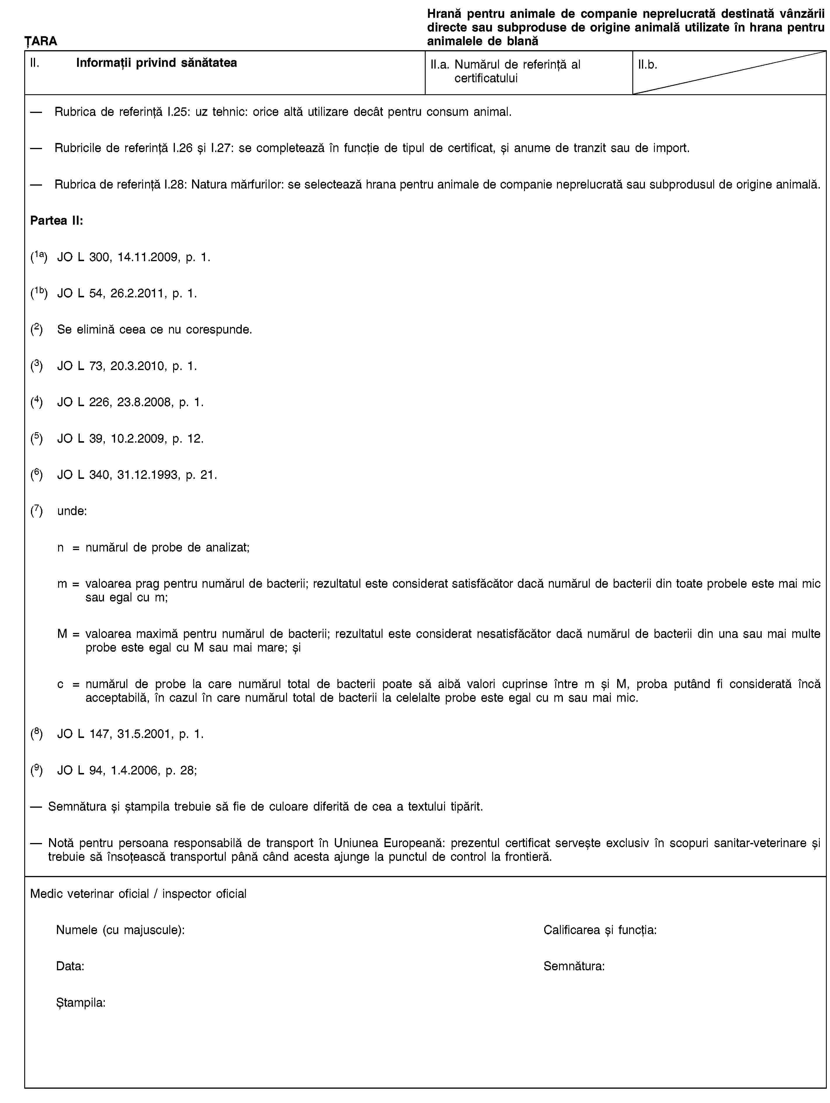 ȚARAHrană pentru animale de companie neprelucrată destinată vânzării directe sau subproduse de origine animală utilizate în hrana pentru animalele de blanăII. Informații privind sănătateaII.a. Numărul de referință al certificatuluiII.b.Rubrica de referință I.25: uz tehnic: orice altă utilizare decât pentru consum animal.Rubricile de referință I.26 și I.27: se completează în funcție de tipul de certificat, și anume de tranzit sau de import.Rubrica de referință I.28: Natura mărfurilor: se selectează hrana pentru animale de companie neprelucrată sau subprodusul de origine animală.Partea II:(1a) JO L 300, 14.11.2009, p. 1.(1b) JO L 54, 26.2.2011, p. 1.(2) Se elimină ceea ce nu corespunde.(3) JO L 73, 20.3.2010, p. 1.(4) JO L 226, 23.8.2008, p. 1.(5) JO L 39, 10.2.2009, p. 12.(6) JO L 340, 31.12.1993, p. 21.(7) unde:n = numărul de probe de analizat;m = valoarea prag pentru numărul de bacterii; rezultatul este considerat satisfăcător dacă numărul de bacterii din toate probele este mai mic sau egal cu m;M = valoarea maximă pentru numărul de bacterii; rezultatul este considerat nesatisfăcător dacă numărul de bacterii din una sau mai multe probe este egal cu M sau mai mare; șic = numărul de probe la care numărul total de bacterii poate să aibă valori cuprinse între m și M, proba putând fi considerată încă acceptabilă, în cazul în care numărul total de bacterii la celelalte probe este egal cu m sau mai mic.(8) JO L 147, 31.5.2001, p. 1.(9) JO L 94, 1.4.2006, p. 28;Semnătura și ștampila trebuie să fie de culoare diferită de cea a textului tipărit.Notă pentru persoana responsabilă de transport în Uniunea Europeană: prezentul certificat servește exclusiv în scopuri sanitar-veterinare și trebuie să însoțească transportul până când acesta ajunge la punctul de control la frontieră.Medic veterinar oficial / inspector oficialNumele (cu majuscule):Calificarea și funcția:Data:Semnătura:Ștampila: