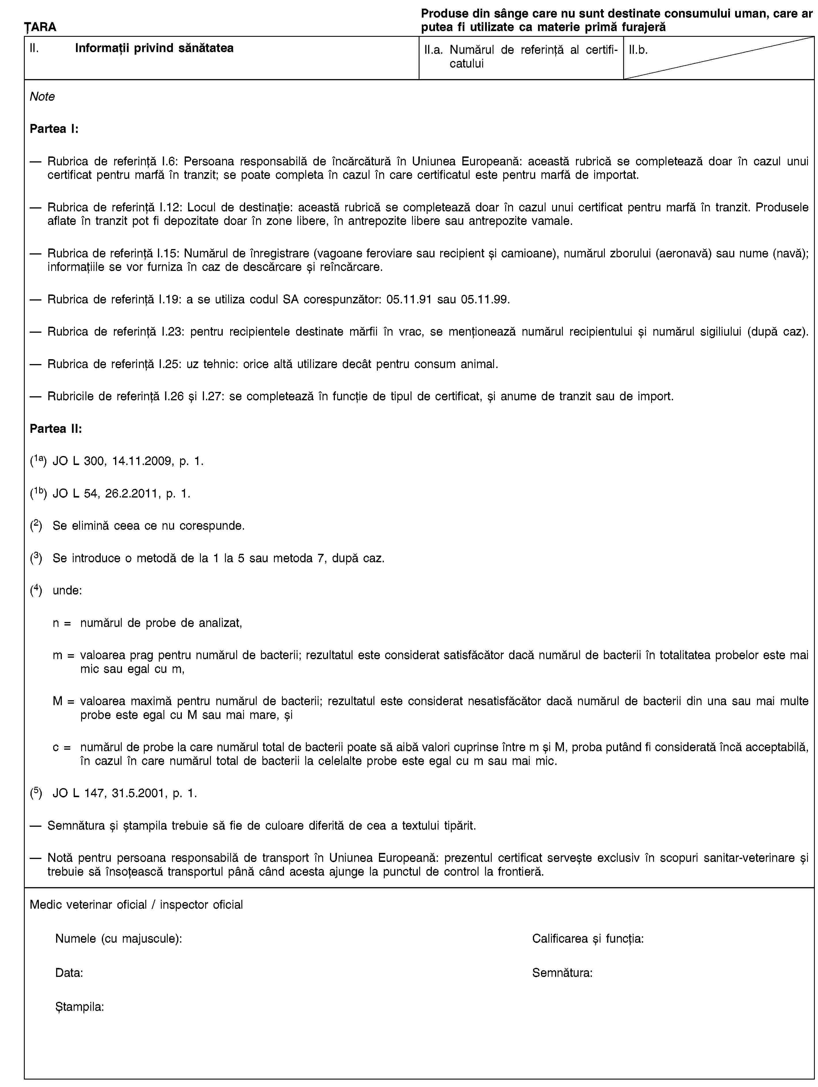 ȚARAProduse din sânge care nu sunt destinate consumului uman, care ar putea fi utilizate ca materie primă furajerăII. Informații privind sănătateaII.a. Numărul de referință al certificatuluiII.b.NotePartea I:Rubrica de referință I.6: Persoana responsabilă de încărcătură în Uniunea Europeană: această rubrică se completează doar în cazul unui certificat pentru marfă în tranzit; se poate completa în cazul în care certificatul este pentru marfă de importat.Rubrica de referință I.12: Locul de destinație: această rubrică se completează doar în cazul unui certificat pentru marfă în tranzit. Produsele aflate în tranzit pot fi depozitate doar în zone libere, în antrepozite libere sau antrepozite vamale.Rubrica de referință I.15: Numărul de înregistrare (vagoane feroviare sau recipient și camioane), numărul zborului (aeronavă) sau nume (navă); informațiile se vor furniza în caz de descărcare și reîncărcare.Rubrica de referință I.19: a se utiliza codul SA corespunzător: 05.11.91 sau 05.11.99.Rubrica de referință I.23: pentru recipientele destinate mărfii în vrac, se menționează numărul recipientului și numărul sigiliului (după caz).Rubrica de referință I.25: uz tehnic: orice altă utilizare decât pentru consum animal.Rubricile de referință I.26 și I.27: se completează în funcție de tipul de certificat, și anume de tranzit sau de import.Partea II:(1a) JO L 300, 14.11.2009, p. 1.(1b) JO L 54, 26.2.2011, p. 1.(2) Se elimină ceea ce nu corespunde.(3) Se introduce o metodă de la 1 la 5 sau metoda 7, după caz.(4) unde:n = numărul de probe de analizat,m = valoarea prag pentru numărul de bacterii; rezultatul este considerat satisfăcător dacă numărul de bacterii în totalitatea probelor este mai mic sau egal cu m,M = valoarea maximă pentru numărul de bacterii; rezultatul este considerat nesatisfăcător dacă numărul de bacterii din una sau mai multe probe este egal cu M sau mai mare, șic = numărul de probe la care numărul total de bacterii poate să aibă valori cuprinse între m și M, proba putând fi considerată încă acceptabilă, în cazul în care numărul total de bacterii la celelalte probe este egal cu m sau mai mic.(5) JO L 147, 31.5.2001, p. 1.Semnătura și ștampila trebuie să fie de culoare diferită de cea a textului tipărit.Notă pentru persoana responsabilă de transport în Uniunea Europeană: prezentul certificat servește exclusiv în scopuri sanitar-veterinare și trebuie să însoțească transportul până când acesta ajunge la punctul de control la frontieră.Medic veterinar oficial / inspector oficialNumele (cu majuscule):Calificarea și funcția:Data:Semnătura:Ștampila: