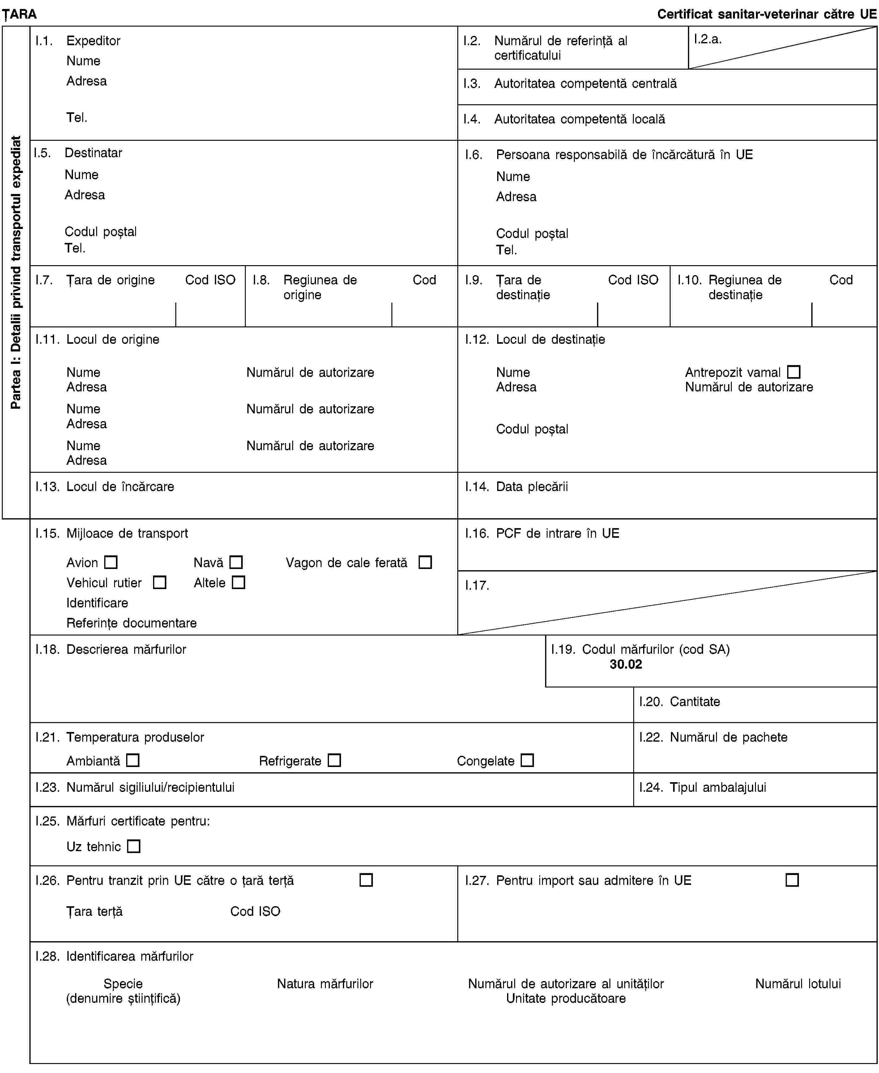 Partea I: Detalii privind transportul expediatȚARACertificat sanitar-veterinar către UEI.1. ExpeditorNumeAdresaTel.I.2. Numărul de referință al certificatuluiI.2.a.I.3. Autoritatea competentă centralăI.4. Autoritatea competentă localăI.5. DestinatarNumeAdresaCodul poștalTel.I.6. Persoana responsabilă de încărcătură în UENumeAdresaCodul poștalTel.I.7. Țara de origineCod ISOI.8. Regiunea de origineCodI.9. Țara de destinațieCod ISOI.10. Regiunea de destinațieCodI.11. Locul de origineNumeNumărul de autorizareAdresaNumeNumărul de autorizareAdresaNumeNumărul de autorizareAdresaI.12. Locul de destinațieNumeAntrepozit vamalAdresaNumărul de autorizareCodul poștalI.13. Locul de încărcareI.14. Data plecăriiI.15. Mijloace de transportAvionNavăVagon de cale feratăVehicul rutierAlteleIdentificareReferințe documentareI.16. PCF de intrare în UEI.17.I.18. Descrierea mărfurilorI.19. Codul mărfurilor (cod SA)30.02I.20. CantitateI.21. Temperatura produselorAmbiantăRefrigerateCongelateI.22. Numărul de pacheteI.23. Numărul sigiliului/recipientuluiI.24. Tipul ambalajuluiI.25. Mărfuri certificate pentru:Uz tehnicI.26. Pentru tranzit prin UE către o țară terțăȚara terțăCod ISOI.27. Pentru import sau admitere în UEI.28. Identificarea mărfurilorSpecie(denumire științifică)Natura mărfurilorNumărul de autorizare al unitățilorUnitate producătoareNumărul lotului