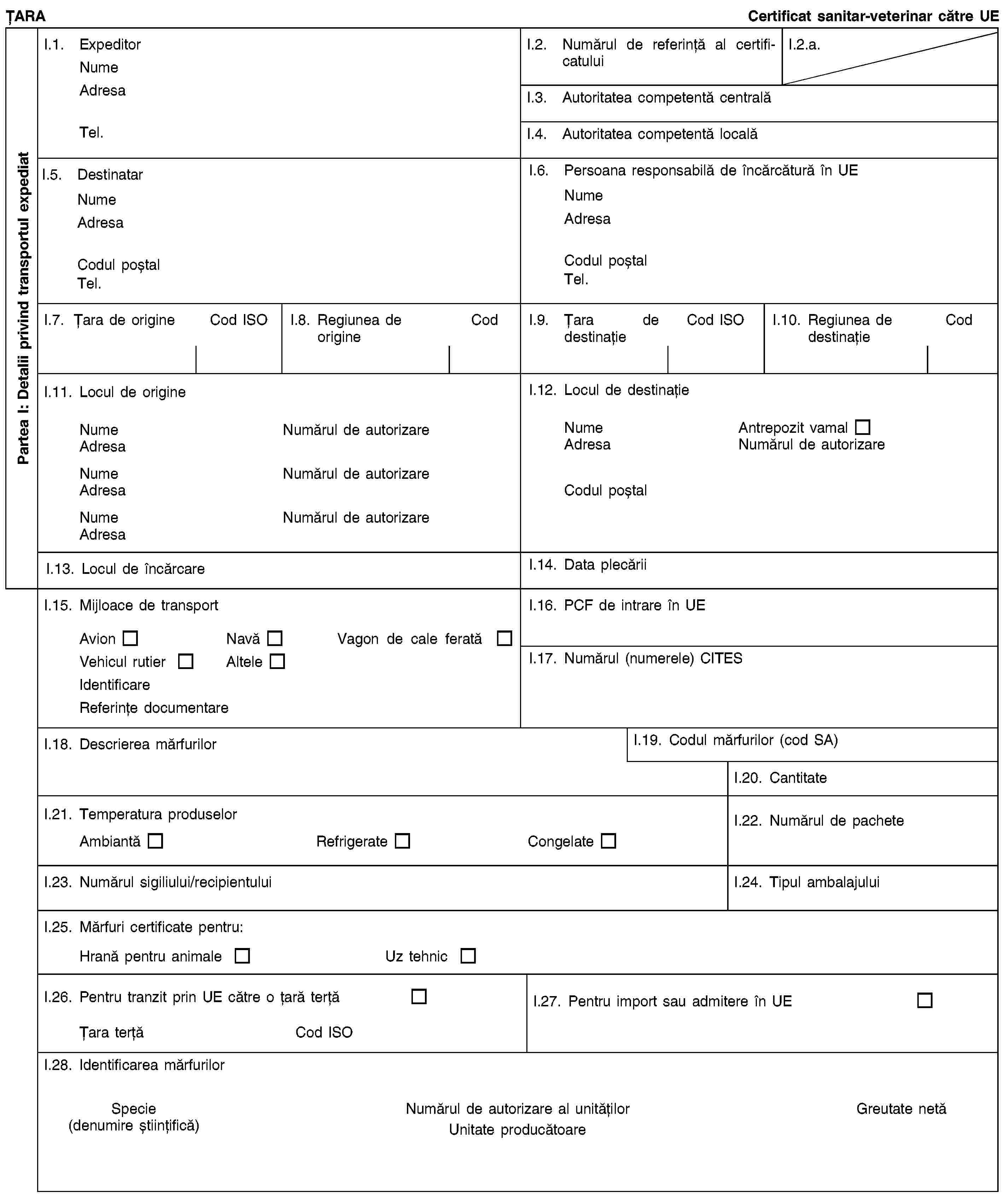 Partea I: Detalii privind transportul expediatȚARACertificat sanitar-veterinar către UEI.1. ExpeditorNumeAdresaTel.I.2. Numărul de referință al certificatuluiI.2.a.I.3. Autoritatea competentă centralăI.4. Autoritatea competentă localăI.5. DestinatarNumeAdresaCodul poștalTel.I.6. Persoana responsabilă de încărcătură în UENumeAdresaCodul poștalTel.I.7. Țara de origineCod ISOI.8. Regiunea de origineCodI.9. Țara de destinațieCod ISOI.10. Regiunea de destinațieCodI.11. Locul de origineNumeNumărul de autorizareAdresaNumeNumărul de autorizareAdresaNumeNumărul de autorizareAdresaI.12. Locul de destinațieNumeAntrepozit vamalAdresaNumărul de autorizareCodul poștalI.13. Locul de încărcareI.14. Data plecăriiI.15. Mijloace de transportAvionNavăVagon de cale feratăVehicul rutierAlteleIdentificareReferințe documentareI.16. PCF de intrare în UEI.17. Numărul (numerele) CITESI.18. Descrierea mărfurilorI.19. Codul mărfurilor (cod SA)I.20. CantitateI.21. Temperatura produselorAmbiantăRefrigerateCongelateI.22. Numărul de pacheteI.23. Numărul sigiliului/recipientuluiI.24. Tipul ambalajuluiI.25. Mărfuri certificate pentru:Hrană pentru animaleUz tehnicI.26. Pentru tranzit prin UE către o țară terțăȚara terțăCod ISOI.27. Pentru import sau admitere în UEI.28. Identificarea mărfurilorSpecie(denumire științifică)Numărul de autorizare al unitățilorUnitate producătoareGreutate netă