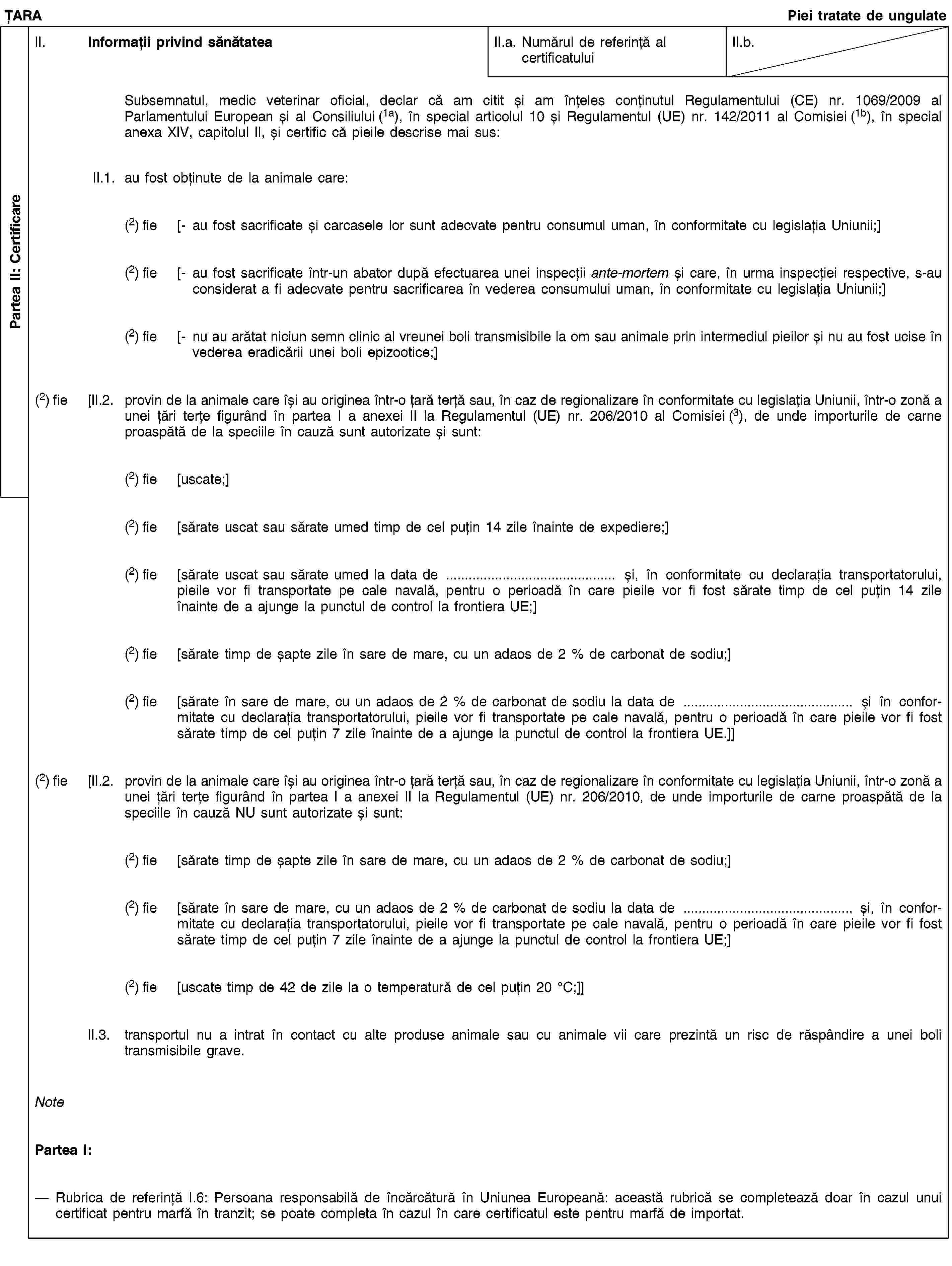 Partea II: CertificareȚARAPiei tratate de ungulateII. Informații privind sănătateaII.a. Numărul de referință al certificatuluiII.b.Subsemnatul, medic veterinar oficial, declar că am citit și am înțeles conținutul Regulamentului (CE) nr. 1069/2009 al Parlamentului European și al Consiliului (1a), în special articolul 10 și Regulamentul (UE) nr. 142/2011 al Comisiei (1b), în special anexa XIV, capitolul II, și certific că pieile descrise mai sus:II.1. au fost obținute de la animale care:(2) fie [- au fost sacrificate și carcasele lor sunt adecvate pentru consumul uman, în conformitate cu legislația Uniunii;](2) fie [- au fost sacrificate într-un abator după efectuarea unei inspecții ante-mortem și care, în urma inspecției respective, s-au considerat a fi adecvate pentru sacrificarea în vederea consumului uman, în conformitate cu legislația Uniunii;](2) fie [- nu au arătat niciun semn clinic al vreunei boli transmisibile la om sau animale prin intermediul pieilor și nu au fost ucise în vederea eradicării unei boli epizootice;](2) fie [II.2. provin de la animale care își au originea într-o țară terță sau, în caz de regionalizare în conformitate cu legislația Uniunii, într-o zonă a unei țări terțe figurând în partea I a anexei II la Regulamentul (UE) nr. 206/2010 al Comisiei (3), de unde importurile de carne proaspătă de la speciile în cauză sunt autorizate și sunt:(2) fie [uscate;](2) fie [sărate uscat sau sărate umed timp de cel puțin 14 zile înainte de expediere;](2) fie [sărate uscat sau sărate umed la data de … și, în conformitate cu declarația transportatorului, pieile vor fi transportate pe cale navală, pentru o perioadă în care pieile vor fi fost sărate timp de cel puțin 14 zile înainte de a ajunge la punctul de control la frontiera UE;](2) fie [sărate timp de șapte zile în sare de mare, cu un adaos de 2 % de carbonat de sodiu;](2) fie [sărate în sare de mare, cu un adaos de 2 % de carbonat de sodiu la data de … și în conformitate cu declarația transportatorului, pieile vor fi transportate pe cale navală, pentru o perioadă în care pieile vor fi fost sărate timp de cel puțin 7 zile înainte de a ajunge la punctul de control la frontiera UE.]](2) fie [II.2. provin de la animale care își au originea într-o țară terță sau, în caz de regionalizare în conformitate cu legislația Uniunii, într-o zonă a unei țări terțe figurând în partea I a anexei II la Regulamentul (UE) nr. 206/2010, de unde importurile de carne proaspătă de la speciile în cauză NU sunt autorizate și sunt:(2) fie [sărate timp de șapte zile în sare de mare, cu un adaos de 2 % de carbonat de sodiu;](2) fie [sărate în sare de mare, cu un adaos de 2 % de carbonat de sodiu la data de … și, în conformitate cu declarația transportatorului, pieile vor fi transportate pe cale navală, pentru o perioadă în care pieile vor fi fost sărate timp de cel puțin 7 zile înainte de a ajunge la punctul de control la frontiera UE;](2) fie [uscate timp de 42 de zile la o temperatură de cel puțin 20 °C;]]II.3. transportul nu a intrat în contact cu alte produse animale sau cu animale vii care prezintă un risc de răspândire a unei boli transmisibile grave.NotePartea I:Rubrica de referință I.6: Persoana responsabilă de încărcătură în Uniunea Europeană: această rubrică se completează doar în cazul unui certificat pentru marfă în tranzit; se poate completa în cazul în care certificatul este pentru marfă de importat.