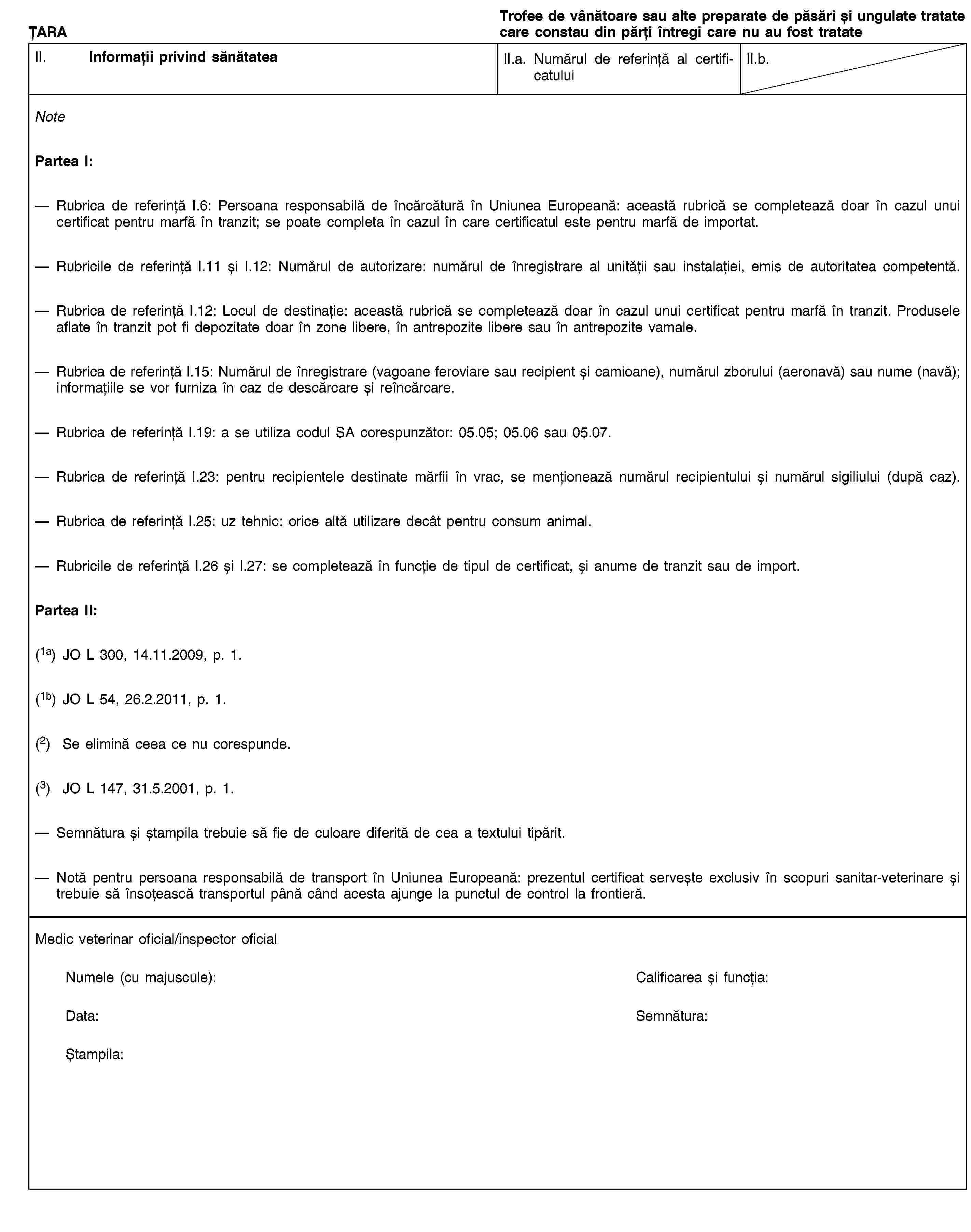 ȚARATrofee de vânătoare sau alte preparate de păsări și ungulate tratate care constau din părți întregi care nu au fost tratateII. Informații privind sănătateaII.a. Numărul de referință al certificatuluiII.b.NotePartea I:Rubrica de referință I.6: Persoana responsabilă de încărcătură în Uniunea Europeană: această rubrică se completează doar în cazul unui certificat pentru marfă în tranzit; se poate completa în cazul în care certificatul este pentru marfă de importat.Rubricile de referință I.11 și I.12: Numărul de autorizare: numărul de înregistrare al unității sau instalației, emis de autoritatea competentă.Rubrica de referință I.12: Locul de destinație: această rubrică se completează doar în cazul unui certificat pentru marfă în tranzit. Produsele aflate în tranzit pot fi depozitate doar în zone libere, în antrepozite libere sau în antrepozite vamale.Rubrica de referință I.15: Numărul de înregistrare (vagoane feroviare sau recipient și camioane), numărul zborului (aeronavă) sau nume (navă); informațiile se vor furniza în caz de descărcare și reîncărcare.Rubrica de referință I.19: a se utiliza codul SA corespunzător: 05.05; 05.06 sau 05.07.Rubrica de referință I.23: pentru recipientele destinate mărfii în vrac, se menționează numărul recipientului și numărul sigiliului (după caz).Rubrica de referință I.25: uz tehnic: orice altă utilizare decât pentru consum animal.Rubricile de referință I.26 și I.27: se completează în funcție de tipul de certificat, și anume de tranzit sau de import.Partea II:(1a) JO L 300, 14.11.2009, p. 1.(1b) JO L 54, 26.2.2011, p. 1.(2) Se elimină ceea ce nu corespunde.(3) JO L 147, 31.5.2001, p. 1.Semnătura și ștampila trebuie să fie de culoare diferită de cea a textului tipărit.Notă pentru persoana responsabilă de transport în Uniunea Europeană: prezentul certificat servește exclusiv în scopuri sanitar-veterinare și trebuie să însoțească transportul până când acesta ajunge la punctul de control la frontieră.Medic veterinar oficial/inspector oficialNumele (cu majuscule):Calificarea și funcția:Data:Semnătura:Ștampila: