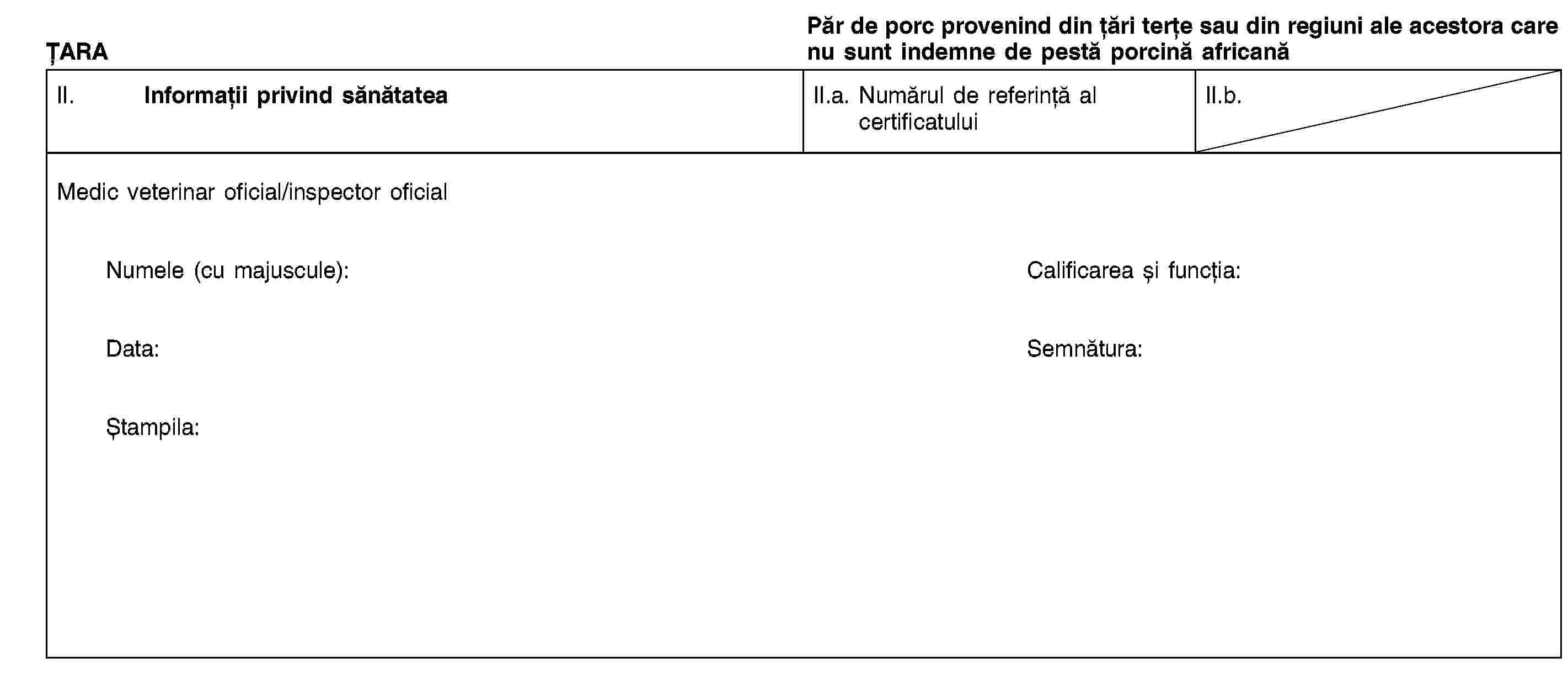 ȚARAPăr de porc provenind din țări terțe sau din regiuni ale acestora care nu sunt indemne de pestă porcină africanăII. Informații privind sănătateaII.a. Numărul de referință al certificatuluiII.b.Medic veterinar oficial/inspector oficialNumele (cu majuscule):Calificarea și funcția:Data:Semnătura:Ștampila: