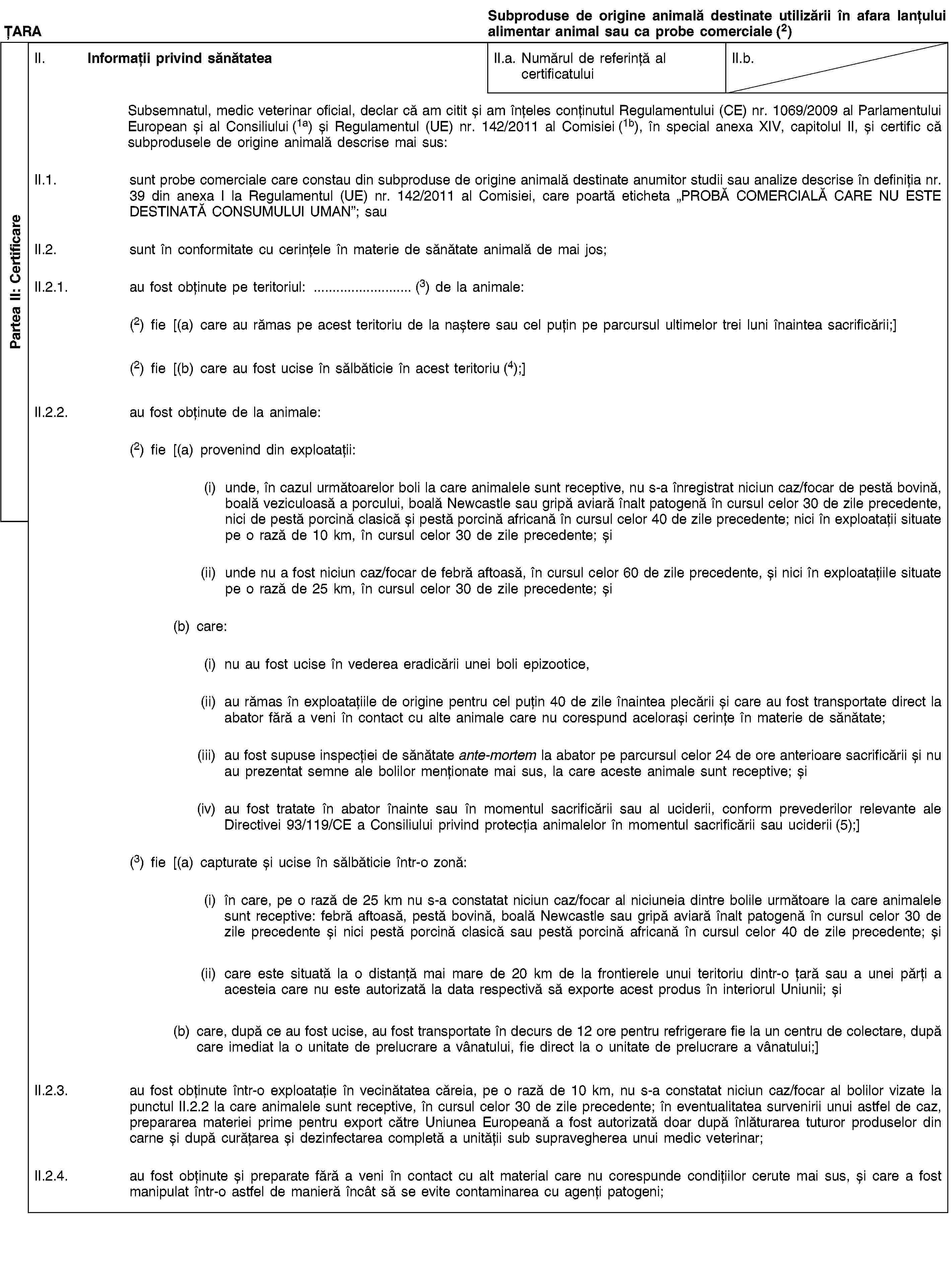 Partea II: CertificareȚARASubproduse de origine animală destinate utilizării în afara lanțului alimentar animal sau ca probe comerciale (2)II. Informații privind sănătateaII.a. Numărul de referință al certificatuluiII.b.Subsemnatul, medic veterinar oficial, declar că am citit și am înțeles conținutul Regulamentului (CE) nr. 1069/2009 al Parlamentului European și al Consiliului (1a) și Regulamentul (UE) nr. 142/2011 al Comisiei (1b), în special anexa XIV, capitolul II, și certific că subprodusele de origine animală descrise mai sus:II.1. sunt probe comerciale care constau din subproduse de origine animală destinate anumitor studii sau analize descrise în definiția nr. 39 din anexa I la Regulamentul (UE) nr. 142/2011 al Comisiei, care poartă eticheta „PROBĂ COMERCIALĂ CARE NU ESTE DESTINATĂ CONSUMULUI UMAN”; sauII.2. sunt în conformitate cu cerințele în materie de sănătate animală de mai jos;II.2.1. au fost obținute pe teritoriul: … (3) de la animale:(2) fie [(a) care au rămas pe acest teritoriu de la naștere sau cel puțin pe parcursul ultimelor trei luni înaintea sacrificării;](2) fie [(b) care au fost ucise în sălbăticie în acest teritoriu (4);]II.2.2. au fost obținute de la animale:(2) fie [(a) provenind din exploatații:(i) unde, în cazul următoarelor boli la care animalele sunt receptive, nu s-a înregistrat niciun caz/focar de pestă bovină, boală veziculoasă a porcului, boală Newcastle sau gripă aviară înalt patogenă în cursul celor 30 de zile precedente, nici de pestă porcină clasică și pestă porcină africană în cursul celor 40 de zile precedente; nici în exploatații situate pe o rază de 10 km, în cursul celor 30 de zile precedente; și(ii) unde nu a fost niciun caz/focar de febră aftoasă, în cursul celor 60 de zile precedente, și nici în exploatațiile situate pe o rază de 25 km, în cursul celor 30 de zile precedente; și(b) care:(i) nu au fost ucise în vederea eradicării unei boli epizootice,(ii) au rămas în exploatațiile de origine pentru cel puțin 40 de zile înaintea plecării și care au fost transportate direct la abator fără a veni în contact cu alte animale care nu corespund acelorași cerințe în materie de sănătate;(iii) au fost supuse inspecției de sănătate ante-mortem la abator pe parcursul celor 24 de ore anterioare sacrificării și nu au prezentat semne ale bolilor menționate mai sus, la care aceste animale sunt receptive; și(iv) au fost tratate în abator înainte sau în momentul sacrificării sau al uciderii, conform prevederilor relevante ale Directivei 93/119/CE a Consiliului privind protecția animalelor în momentul sacrificării sau uciderii (5);](3) fie [(a) capturate și ucise în sălbăticie într-o zonă:(i) în care, pe o rază de 25 km nu s-a constatat niciun caz/focar al niciuneia dintre bolile următoare la care animalele sunt receptive: febră aftoasă, pestă bovină, boală Newcastle sau gripă aviară înalt patogenă în cursul celor 30 de zile precedente și nici pestă porcină clasică sau pestă porcină africană în cursul celor 40 de zile precedente; și(ii) care este situată la o distanță mai mare de 20 km de la frontierele unui teritoriu dintr-o țară sau a unei părți a acesteia care nu este autorizată la data respectivă să exporte acest produs în interiorul Uniunii; și(b) care, după ce au fost ucise, au fost transportate în decurs de 12 ore pentru refrigerare fie la un centru de colectare, după care imediat la o unitate de prelucrare a vânatului, fie direct la o unitate de prelucrare a vânatului;]II.2.3. au fost obținute într-o exploatație în vecinătatea căreia, pe o rază de 10 km, nu s-a constatat niciun caz/focar al bolilor vizate la punctul II.2.2 la care animalele sunt receptive, în cursul celor 30 de zile precedente; în eventualitatea survenirii unui astfel de caz, prepararea materiei prime pentru export către Uniunea Europeană a fost autorizată doar după înlăturarea tuturor produselor din carne și după curățarea și dezinfectarea completă a unității sub supravegherea unui medic veterinar;II.2.4. au fost obținute și preparate fără a veni în contact cu alt material care nu corespunde condițiilor cerute mai sus, și care a fost manipulat într-o astfel de manieră încât să se evite contaminarea cu agenți patogeni;