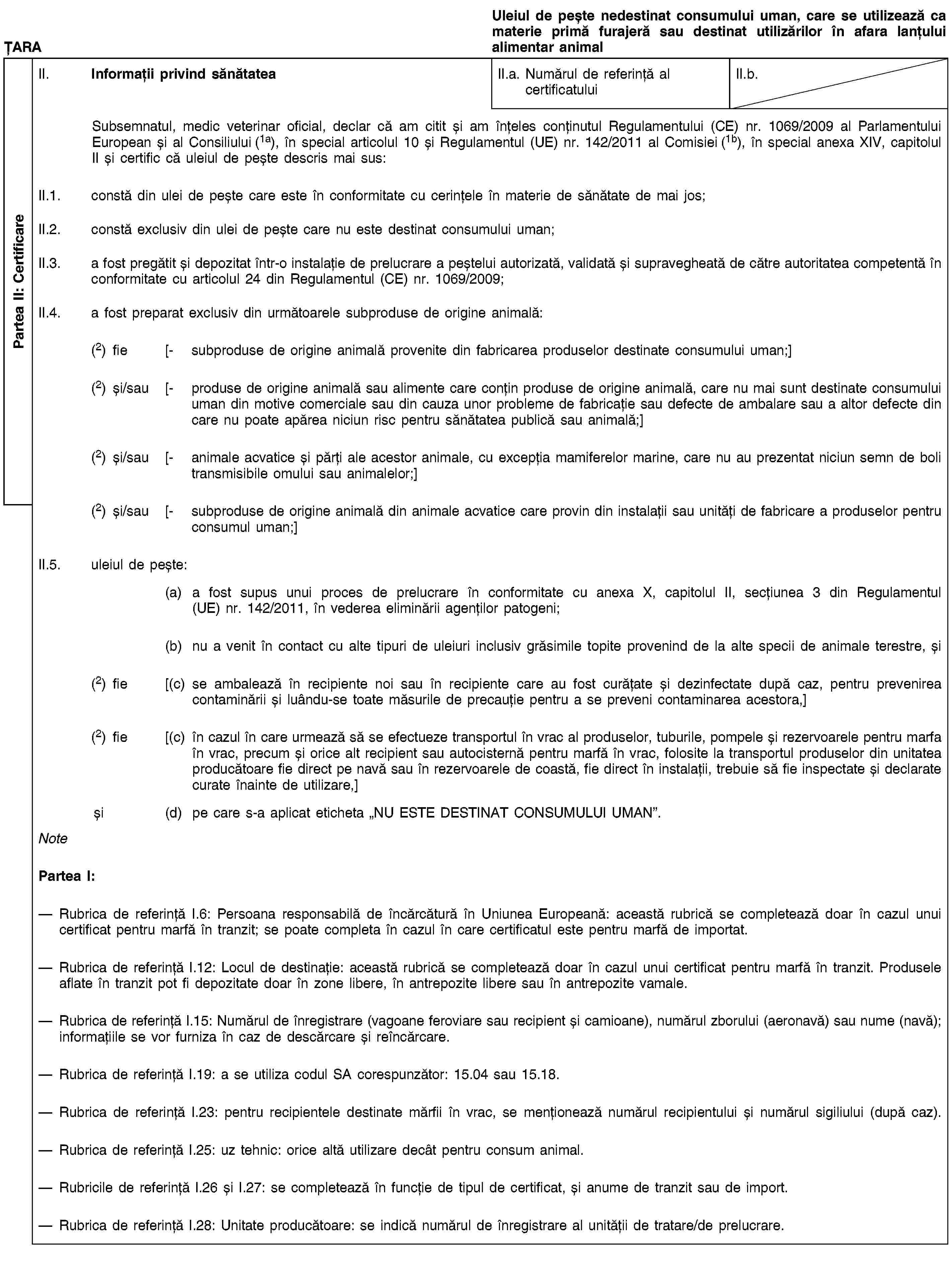 Partea II: CertificareȚARAUleiul de pește nedestinat consumului uman, care se utilizează ca materie primă furajeră sau destinat utilizărilor în afara lanțului alimentar animalII. Informații privind sănătateaII.a. Numărul de referință al certificatuluiII.b.Subsemnatul, medic veterinar oficial, declar că am citit și am înțeles conținutul Regulamentului (CE) nr. 1069/2009 al Parlamentului European și al Consiliului (1a), în special articolul 10 și Regulamentul (UE) nr. 142/2011 al Comisiei (1b), în special anexa XIV, capitolul II și certific că uleiul de pește descris mai sus:II.1. constă din ulei de pește care este în conformitate cu cerințele în materie de sănătate de mai jos;II.2. constă exclusiv din ulei de pește care nu este destinat consumului uman;II.3. a fost pregătit și depozitat într-o instalație de prelucrare a peștelui autorizată, validată și supravegheată de către autoritatea competentă în conformitate cu articolul 24 din Regulamentul (CE) nr. 1069/2009;II.4. a fost preparat exclusiv din următoarele subproduse de origine animală:(2) fie [- subproduse de origine animală provenite din fabricarea produselor destinate consumului uman;](2) și/sau [- produse de origine animală sau alimente care conțin produse de origine animală, care nu mai sunt destinate consumului uman din motive comerciale sau din cauza unor probleme de fabricație sau defecte de ambalare sau a altor defecte din care nu poate apărea niciun risc pentru sănătatea publică sau animală;](2) și/sau [- animale acvatice și părți ale acestor animale, cu excepția mamiferelor marine, care nu au prezentat niciun semn de boli transmisibile omului sau animalelor;](2) și/sau [- subproduse de origine animală din animale acvatice care provin din instalații sau unități de fabricare a produselor pentru consumul uman;]II.5. uleiul de pește:(a) a fost supus unui proces de prelucrare în conformitate cu anexa X, capitolul II, secțiunea 3 din Regulamentul (UE) nr. 142/2011, în vederea eliminării agenților patogeni;(b) nu a venit în contact cu alte tipuri de uleiuri inclusiv grăsimile topite provenind de la alte specii de animale terestre, și(2) fie [(c) se ambalează în recipiente noi sau în recipiente care au fost curățate și dezinfectate după caz, pentru prevenirea contaminării și luându-se toate măsurile de precauție pentru a se preveni contaminarea acestora,](2) fie [(c) în cazul în care urmează să se efectueze transportul în vrac al produselor, tuburile, pompele și rezervoarele pentru marfa în vrac, precum și orice alt recipient sau autocisternă pentru marfă în vrac, folosite la transportul produselor din unitatea producătoare fie direct pe navă sau în rezervoarele de coastă, fie direct în instalații, trebuie să fie inspectate și declarate curate înainte de utilizare,]și (d) pe care s-a aplicat eticheta „NU ESTE DESTINAT CONSUMULUI UMAN”.NotePartea I:Rubrica de referință I.6: Persoana responsabilă de încărcătură în Uniunea Europeană: această rubrică se completează doar în cazul unui certificat pentru marfă în tranzit; se poate completa în cazul în care certificatul este pentru marfă de importat.Rubrica de referință I.12: Locul de destinație: această rubrică se completează doar în cazul unui certificat pentru marfă în tranzit. Produsele aflate în tranzit pot fi depozitate doar în zone libere, în antrepozite libere sau în antrepozite vamale.Rubrica de referință I.15: Numărul de înregistrare (vagoane feroviare sau recipient și camioane), numărul zborului (aeronavă) sau nume (navă); informațiile se vor furniza în caz de descărcare și reîncărcare.Rubrica de referință I.19: a se utiliza codul SA corespunzător: 15.04 sau 15.18.Rubrica de referință I.23: pentru recipientele destinate mărfii în vrac, se menționează numărul recipientului și numărul sigiliului (după caz).Rubrica de referință I.25: uz tehnic: orice altă utilizare decât pentru consum animal.Rubricile de referință I.26 și I.27: se completează în funcție de tipul de certificat, și anume de tranzit sau de import.Rubrica de referință I.28: Unitate producătoare: se indică numărul de înregistrare al unității de tratare/de prelucrare.