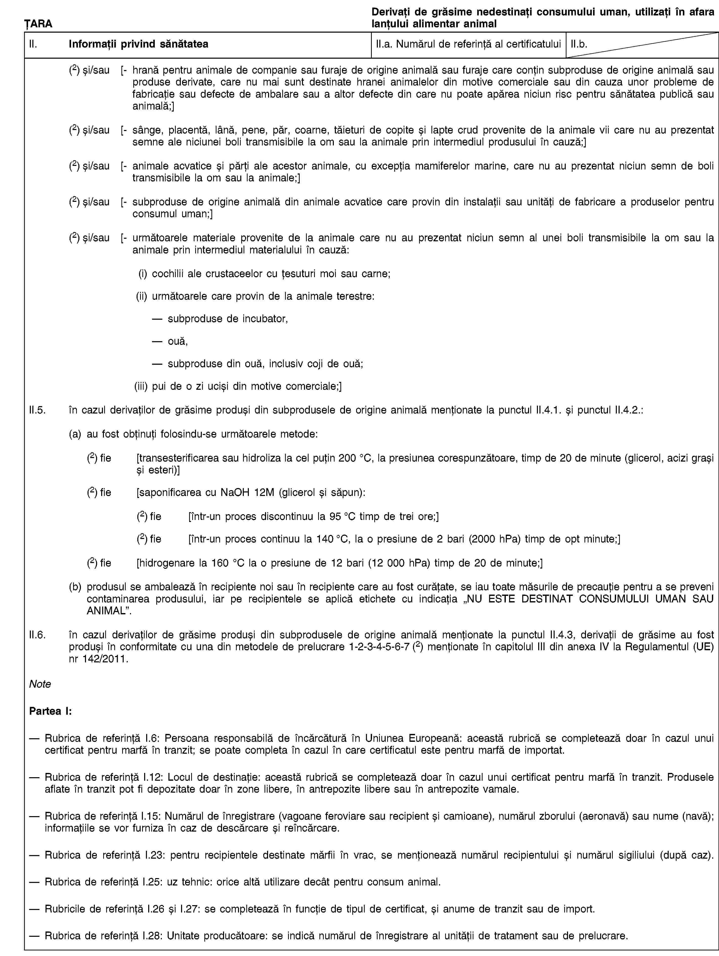 ȚARADerivați de grăsime nedestinați consumului uman, utilizați în afara lanțului alimentar animalII. Informații privind sănătateaII.a. Numărul de referință al certificatuluiII.b.(2) și/sau [- hrană pentru animale de companie sau furaje de origine animală sau furaje care conțin subproduse de origine animală sau produse derivate, care nu mai sunt destinate hranei animalelor din motive comerciale sau din cauza unor probleme de fabricație sau defecte de ambalare sau a altor defecte din care nu poate apărea niciun risc pentru sănătatea publică sau animală;](2) și/sau [- sânge, placentă, lână, pene, păr, coarne, tăieturi de copite și lapte crud provenite de la animale vii care nu au prezentat semne ale niciunei boli transmisibile la om sau la animale prin intermediul produsului în cauză;](2) și/sau [- animale acvatice și părți ale acestor animale, cu excepția mamiferelor marine, care nu au prezentat niciun semn de boli transmisibile la om sau la animale;](2) și/sau [- subproduse de origine animală din animale acvatice care provin din instalații sau unități de fabricare a produselor pentru consumul uman;](2) și/sau [- următoarele materiale provenite de la animale care nu au prezentat niciun semn al unei boli transmisibile la om sau la animale prin intermediul materialului în cauză:(i) cochilii ale crustaceelor cu țesuturi moi sau carne;(ii) următoarele care provin de la animale terestre:subproduse de incubator,ouă,subproduse din ouă, inclusiv coji de ouă;(iii) pui de o zi uciși din motive comerciale;]II.5. în cazul derivaților de grăsime produși din subprodusele de origine animală menționate la punctul II.4.1. și punctul II.4.2.:(a) au fost obținuți folosindu-se următoarele metode:(2) fie [transesterificarea sau hidroliza la cel puțin 200 °C, la presiunea corespunzătoare, timp de 20 de minute (glicerol, acizi grași și esteri)](2) fie [saponificarea cu NaOH 12M (glicerol și săpun):(2) fie [într-un proces discontinuu la 95 °C timp de trei ore;](2) fie [într-un proces continuu la 140 °C, la o presiune de 2 bari (2000 hPa) timp de opt minute;](2) fie [hidrogenare la 160 °C la o presiune de 12 bari (12 000 hPa) timp de 20 de minute;](b) produsul se ambalează în recipiente noi sau în recipiente care au fost curățate, se iau toate măsurile de precauție pentru a se preveni contaminarea produsului, iar pe recipientele se aplică etichete cu indicația „NU ESTE DESTINAT CONSUMULUI UMAN SAU ANIMAL”.II.6. în cazul derivaților de grăsime produși din subprodusele de origine animală menționate la punctul II.4.3, derivații de grăsime au fost produși în conformitate cu una din metodele de prelucrare 1-2-3-4-5-6-7 (2) menționate în capitolul III din anexa IV la Regulamentul (UE) nr 142/2011.NotePartea I:Rubrica de referință I.6: Persoana responsabilă de încărcătură în Uniunea Europeană: această rubrică se completează doar în cazul unui certificat pentru marfă în tranzit; se poate completa în cazul în care certificatul este pentru marfă de importat.Rubrica de referință I.12: Locul de destinație: această rubrică se completează doar în cazul unui certificat pentru marfă în tranzit. Produsele aflate în tranzit pot fi depozitate doar în zone libere, în antrepozite libere sau în antrepozite vamale.Rubrica de referință I.15: Numărul de înregistrare (vagoane feroviare sau recipient și camioane), numărul zborului (aeronavă) sau nume (navă); informațiile se vor furniza în caz de descărcare și reîncărcare.Rubrica de referință I.23: pentru recipientele destinate mărfii în vrac, se menționează numărul recipientului și numărul sigiliului (după caz).Rubrica de referință I.25: uz tehnic: orice altă utilizare decât pentru consum animal.Rubricile de referință I.26 și I.27: se completează în funcție de tipul de certificat, și anume de tranzit sau de import.Rubrica de referință I.28: Unitate producătoare: se indică numărul de înregistrare al unității de tratament sau de prelucrare.
