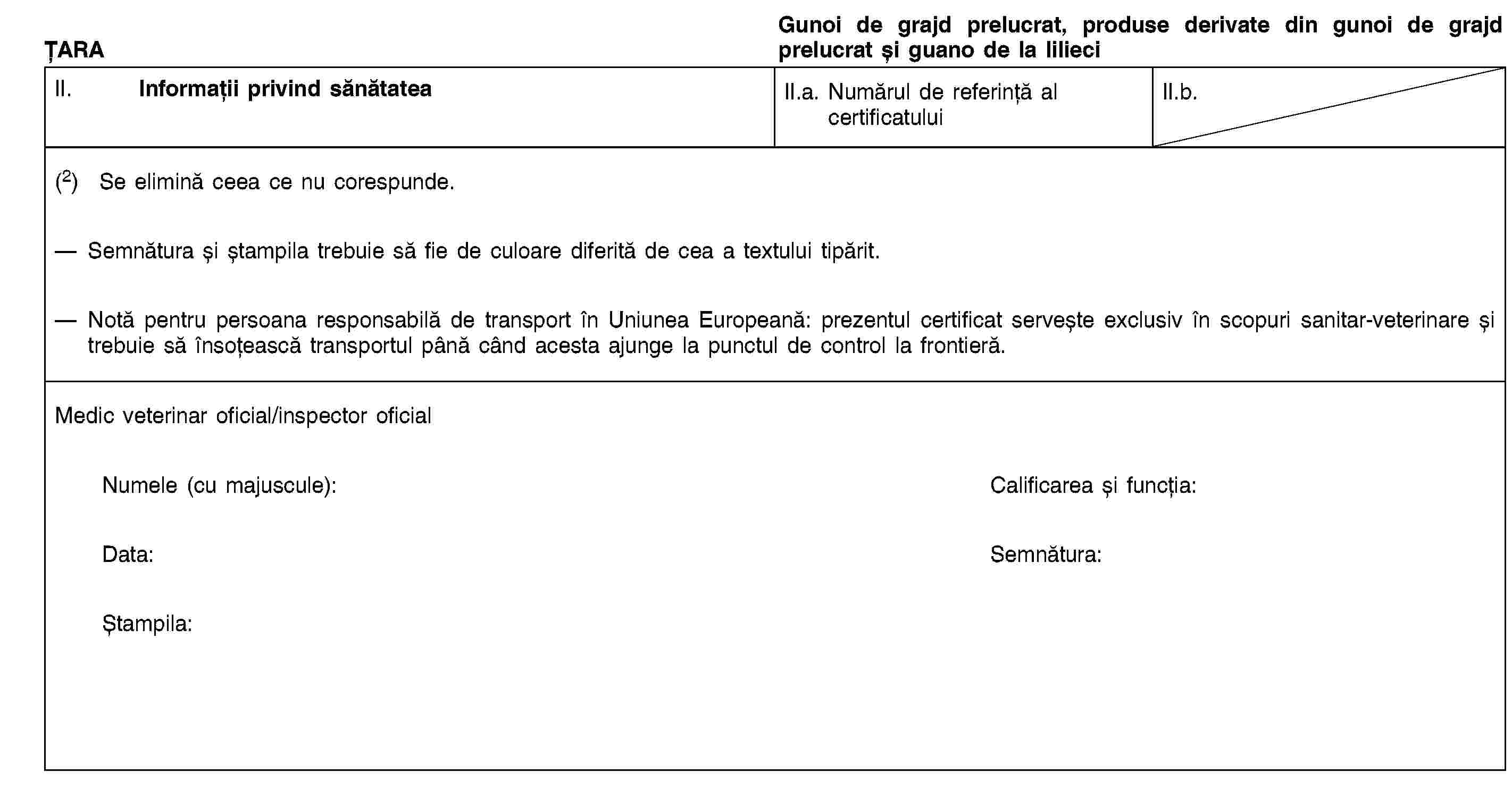 ȚARAGunoi de grajd prelucrat, produse derivate din gunoi de grajd prelucrat și guano de la lilieciII. Informații privind sănătateaII.a. Numărul de referință al certificatuluiII.b.(2) Se elimină ceea ce nu corespunde.Semnătura și ștampila trebuie să fie de culoare diferită de cea a textului tipărit.Notă pentru persoana responsabilă de transport în Uniunea Europeană: prezentul certificat servește exclusiv în scopuri sanitar-veterinare și trebuie să însoțească transportul până când acesta ajunge la punctul de control la frontieră.Medic veterinar oficial/inspector oficialNumele (cu majuscule):Calificarea și funcția:Data:Semnătura:Ștampila: