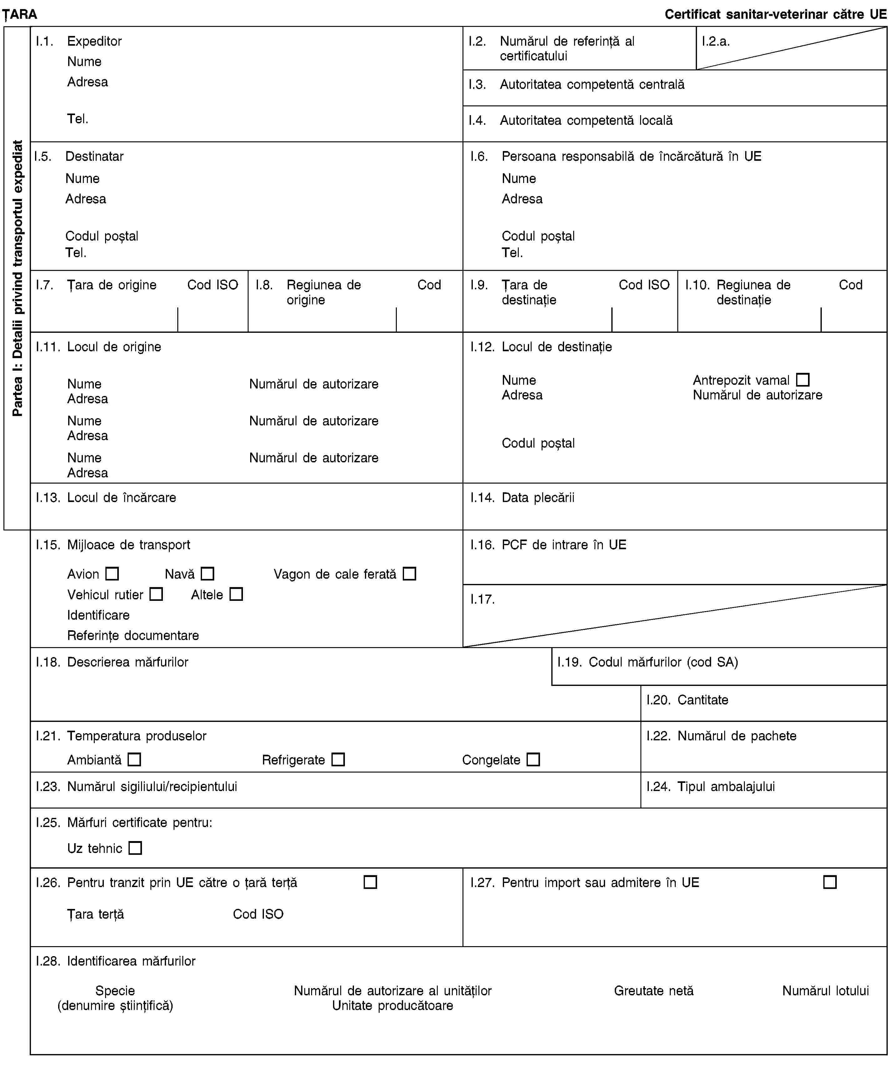 Partea I: Detalii privind transportul expediatȚARACertificat sanitar-veterinar către UEI.1. ExpeditorNumeAdresaTel.I.2. Numărul de referință al certificatuluiI.2.a.I.3. Autoritatea competentă centralăI.4. Autoritatea competentă localăI.5. DestinatarNumeAdresaCodul poștalTel.I.6. Persoana responsabilă de încărcătură în UENumeAdresaCodul poștalTel.I.7. Țara de origineCod ISOI.8. Regiunea de origineCodI.9. Țara de destinațieCod ISOI.10. Regiunea de destinațieCodI.11. Locul de origineNumeNumărul de autorizareAdresaNumeNumărul de autorizareAdresaNumeNumărul de autorizareAdresaI.12. Locul de destinațieNumeAntrepozit vamalAdresaNumărul de autorizareCodul poștalI.13. Locul de încărcareI.14. Data plecăriiI.15. Mijloace de transportAvionNavăVagon de cale feratăVehicul rutierAlteleIdentificareReferințe documentareI.16. PCF de intrare în UEI.17.I.18. Descrierea mărfurilorI.19. Codul mărfurilor (cod SA)I.20. CantitateI.21. Temperatura produselorAmbiantăRefrigerateCongelateI.22. Numărul de pacheteI.23. Numărul sigiliului/recipientuluiI.24. Tipul ambalajuluiI.25. Mărfuri certificate pentru:Uz tehnicI.26. Pentru tranzit prin UE către o țară terțăȚara terțăCod ISOI.27. Pentru import sau admitere în UEI.28. Identificarea mărfurilorSpecie(denumire științifică)Numărul de autorizare al unitățilorUnitate producătoareGreutate netăNumărul lotului