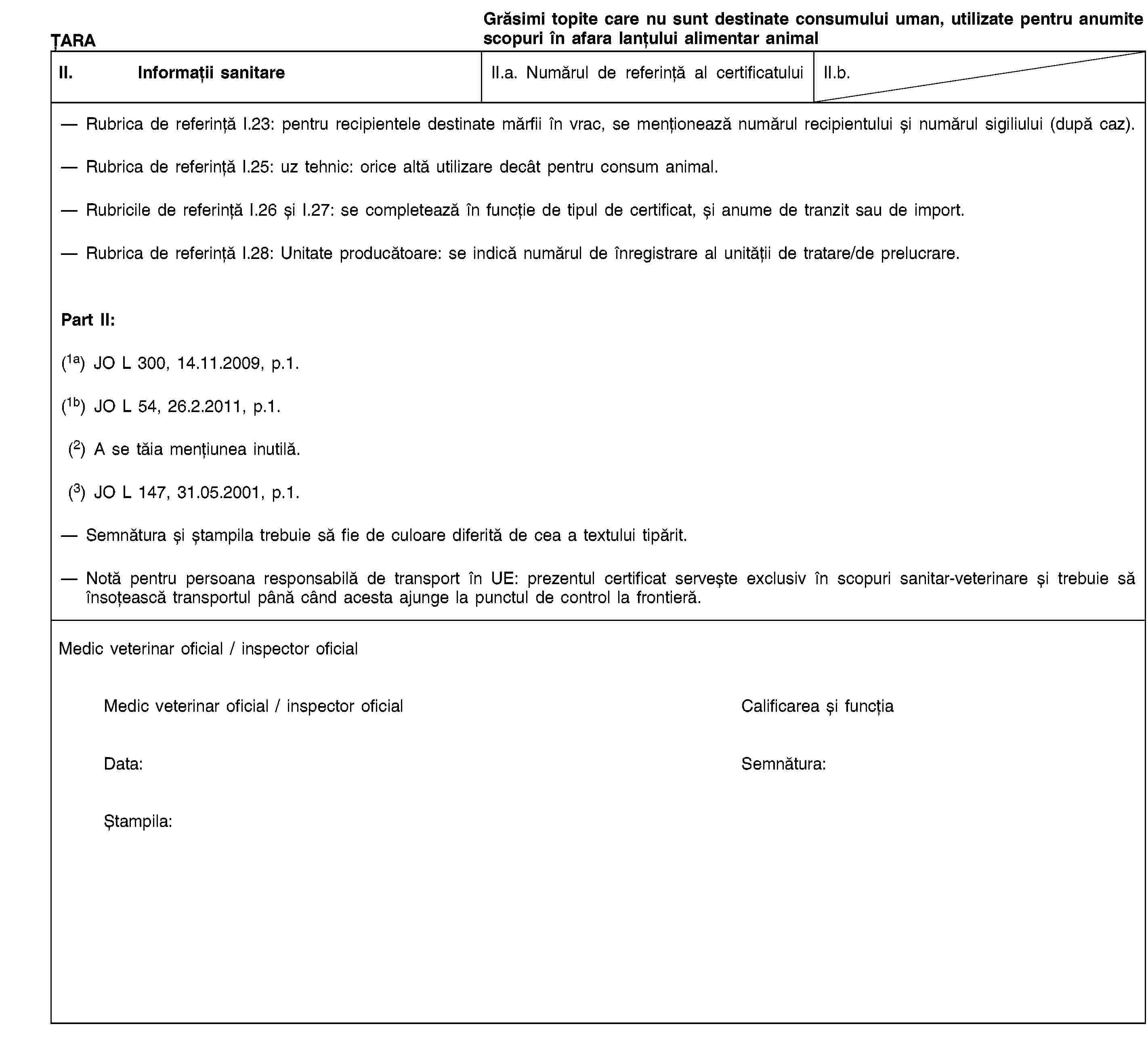 ȚARAGrăsimi topite care nu sunt destinate consumului uman, utilizate pentru anumite scopuri în afara lanțului alimentar animalII. Informații sanitareII.a. Numărul de referință al certificatuluiII.b.Rubrica de referință I.23: pentru recipientele destinate mărfii în vrac, se menționează numărul recipientului și numărul sigiliului (după caz).Rubrica de referință I.25: uz tehnic: orice altă utilizare decât pentru consum animal.Rubricile de referință I.26 și I.27: se completează în funcție de tipul de certificat, și anume de tranzit sau de import.Rubrica de referință I.28: Unitate producătoare: se indică numărul de înregistrare al unității de tratare/de prelucrare.Part II:(1a) JO L 300, 14.11.2009, p.1.(1b) JO L 54, 26.2.2011, p.1.(2) A se tăia mențiunea inutilă.(3) JO L 147, 31.05.2001, p.1.Semnătura și ștampila trebuie să fie de culoare diferită de cea a textului tipărit.Notă pentru persoana responsabilă de transport în UE: prezentul certificat servește exclusiv în scopuri sanitar-veterinare și trebuie să însoțească transportul până când acesta ajunge la punctul de control la frontieră.Medic veterinar oficial / inspector oficialMedic veterinar oficial / inspector oficialCalificarea și funcțiaData:Semnătura:Ștampila: