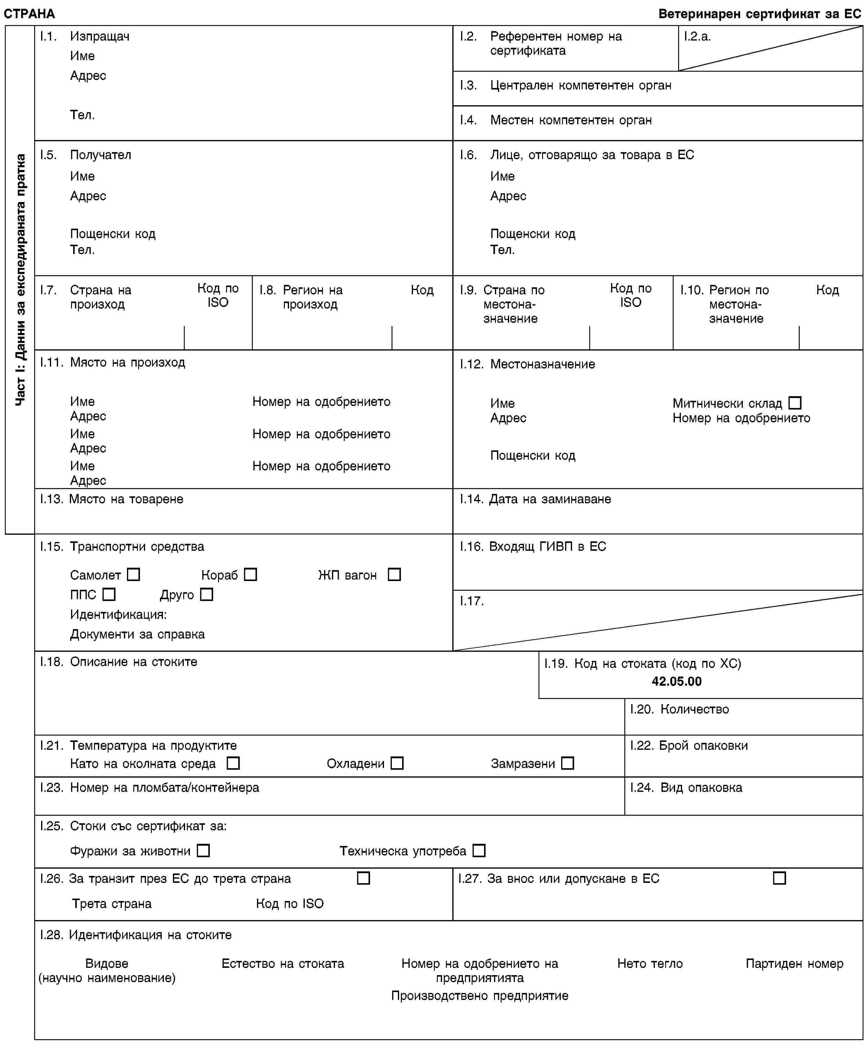 Част I: Данни за експедираната праткаСТРАНАВетеринарен сертификат за ЕСI.1. ИзпращачИмеАдресТел.I.2. Референтен номер на сертификатаI.2.a.I.3. Централен компетентен органI.4. Местен компетентен органI.5. ПолучателИмеАдресПощенски кодТел.I.6. Лице, отговарящо за товара в ЕСИмеАдресПощенски кодТел.I.7. Страна на произходКод по ISOI.8. Регион на произходКодI.9. Страна по местоназначениеКод по ISOI.10. Регион по местоназначениеКодI.11. Място на произходИмеНомер на одобрениетоАдресИмеНомер на одобрениетоАдресИмеНомер на одобрениетоАдресI.12. МестоназначениеИмеМитнически складАдресНомер на одобрениетоПощенски кодI.13. Място на товаренеI.14. Дата на заминаванеI.15. Транспортни средстваСамолетКорабЖП вагонППСДругоИдентификация:Документи за справкаI.16. Входящ ГИВП в ЕСI.17.I.18. Описание на стокитеI.19. Код на стоката (код по ХС)42.05.00I.20. КоличествоI.21. Температура на продуктитеКато на околната средаОхладениЗамразениI.22. Брой опаковкиI.23. Номер на пломбата/контейнераI.24. Вид опаковкаI.25. Стоки със сертификат за:Фуражи за животниТехническа употребаI.26. За транзит през ЕС до трета странаТрета странаКод по ISOI.27. За внос или допускане в ЕСI.28. Идентификация на стокитеВидове(научно наименование)Естество на стокатаНомер на одобрението на предприятиятаПроизводствено предприятиеНето теглоПартиден номер