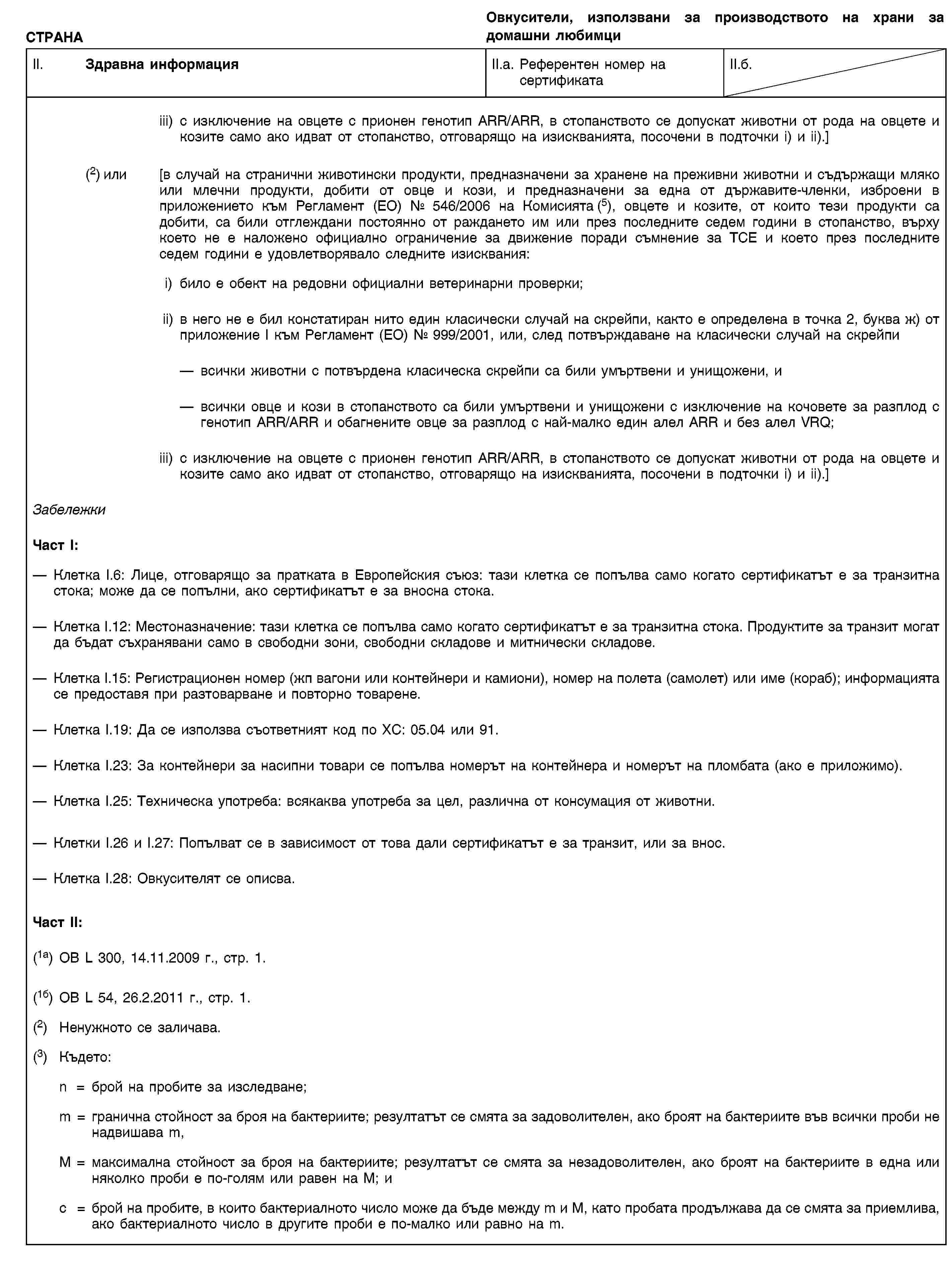 СТРАНАОвкусители, използвани за производството на храни за домашни любимциII. Здравна информацияII.a. Референтен номер на сертификатаII.б.iii) с изключение на овцете с прионен генотип ARR/ARR, в стопанството се допускат животни от рода на овцете и козите само ако идват от стопанство, отговарящо на изискванията, посочени в подточки i) и ii).](2) или [в случай на странични животински продукти, предназначени за хранене на преживни животни и съдържащи мляко или млечни продукти, добити от овце и кози, и предназначени за една от държавите-членки, изброени в приложението към Регламент (ЕО) № 546/2006 на Комисията (5), овцете и козите, от които тези продукти са добити, са били отглеждани постоянно от раждането им или през последните седем години в стопанство, върху което не е наложено официално ограничение за движение поради съмнение за ТСЕ и което през последните седем години е удовлетворявало следните изисквания:i) било е обект на редовни официални ветеринарни проверки;ii) в него не е бил констатиран нито един класически случай на скрейпи, както е определена в точка 2, буква ж) от приложение I към Регламент (ЕО) № 999/2001, или, след потвърждаване на класически случай на скрейпивсички животни с потвърдена класическа скрейпи са били умъртвени и унищожени, ивсички овце и кози в стопанството са били умъртвени и унищожени с изключение на кочовете за разплод с генотип ARR/ARR и обагнените овце за разплод с най-малко един алел ARR и без алел VRQ;iii) с изключение на овцете с прионен генотип ARR/ARR, в стопанството се допускат животни от рода на овцете и козите само ако идват от стопанство, отговарящо на изискванията, посочени в подточки i) и ii).]ЗабележкиЧаст I:Клетка I.6: Лице, отговарящо за пратката в Европейския съюз: тази клетка се попълва само когато сертификатът е за транзитна стока; може да се попълни, ако сертификатът е за вносна стока.Клетка I.12: Местоназначение: тази клетка се попълва само когато сертификатът е за транзитна стока. Продуктите за транзит могат да бъдат съхранявани само в свободни зони, свободни складове и митнически складове.Клетка I.15: Регистрационен номер (жп вагони или контейнери и камиони), номер на полета (самолет) или име (кораб); информацията се предоставя при разтоварване и повторно товарене.Клетка I.19: Да се използва съответният код по ХС: 05.04 или 91.Клетка I.23: За контейнери за насипни товари се попълва номерът на контейнера и номерът на пломбата (ако е приложимо).Клетка I.25: Техническа употреба: всякаква употреба за цел, различна от консумация от животни.Клетки I.26 и I.27: Попълват се в зависимост от това дали сертификатът е за транзит, или за внос.Клетка I.28: Овкусителят се описва.Част II:(1a) ОВ L 300, 14.11.2009 г., стр. 1.(1б) ОВ L 54, 26.2.2011 г., стр. 1.(2) Ненужното се заличава.(3) Където:n = брой на пробите за изследване;m = гранична стойност за броя на бактериите; резултатът се смята за задоволителен, ако броят на бактериите във всички проби не надвишава m,M = максимална стойност за броя на бактериите; резултатът се смята за незадоволителен, ако броят на бактериите в една или няколко проби е по-голям или равен на M; иc = брой на пробите, в които бактериалното число може да бъде между m и M, като пробата продължава да се смята за приемлива, ако бактериалното число в другите проби е по-малко или равно на m.
