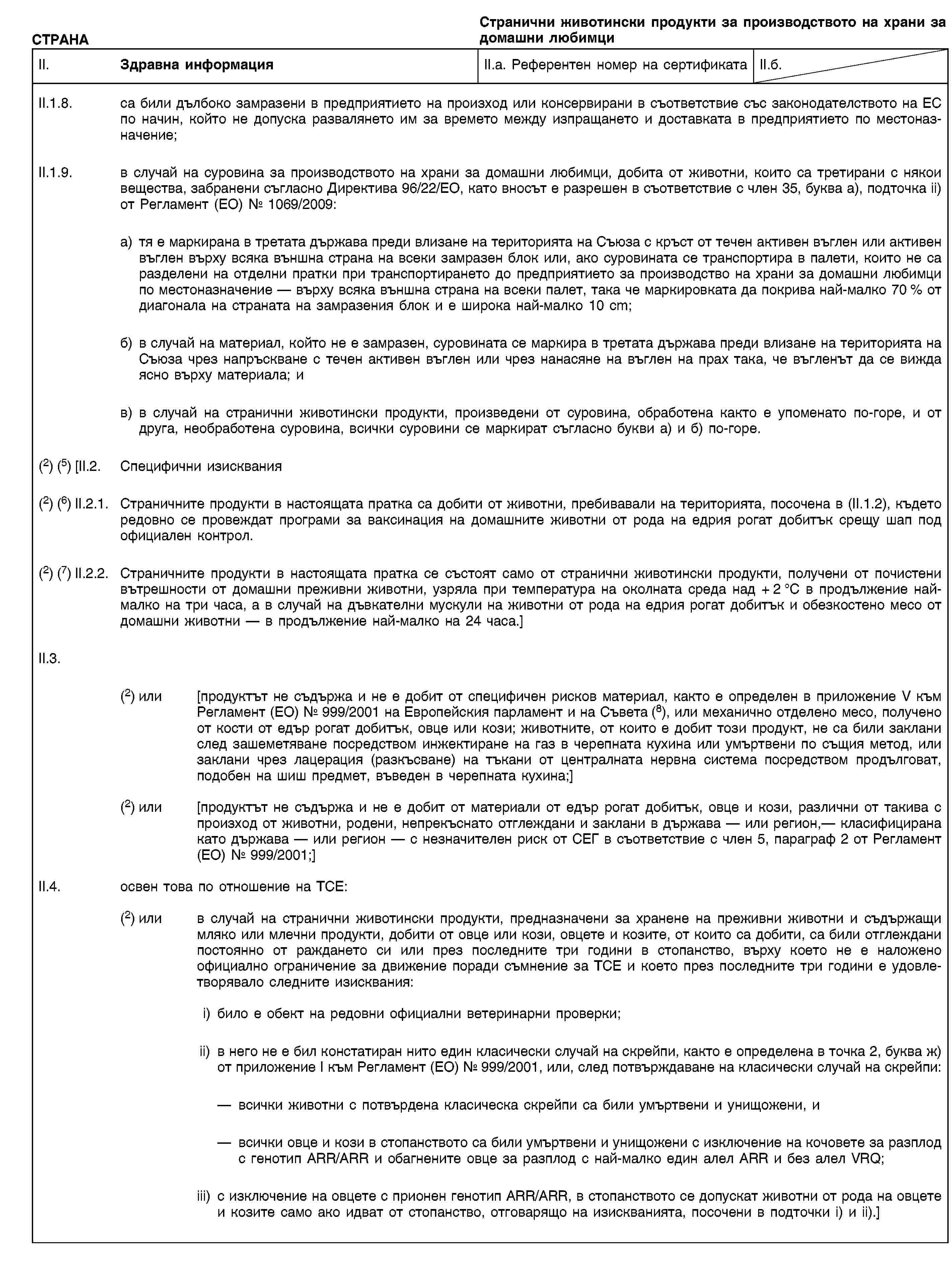 СТРАНАСтранични животински продукти за производството на храни за домашни любимциII. Здравна информацияII.a. Референтен номер на сертификатаII.б.II.1.8. са били дълбоко замразени в предприятието на произход или консервирани в съответствие със законодателството на ЕС по начин, който не допуска развалянето им за времето между изпращането и доставката в предприятието по местоназначение;II.1.9. в случай на суровина за производството на храни за домашни любимци, добита от животни, които са третирани с някои вещества, забранени съгласно Директива 96/22/ЕО, като вносът е разрешен в съответствие с член 35, буква а), подточка ii) от Регламент (ЕО) № 1069/2009:а) тя е маркирана в третата държава преди влизане на територията на Съюза с кръст от течен активен въглен или активен въглен върху всяка външна страна на всеки замразен блок или, ако суровината се транспортира в палети, които не са разделени на отделни пратки при транспортирането до предприятието за производство на храни за домашни любимци по местоназначение — върху всяка външна страна на всеки палет, така че маркировката да покрива най-малко 70 % от диагонала на страната на замразения блок и е широка най-малко 10 cm;б) в случай на материал, който не е замразен, суровината се маркира в третата държава преди влизане на територията на Съюза чрез напръскване с течен активен въглен или чрез нанасяне на въглен на прах така, че въгленът да се вижда ясно върху материала; ив) в случай на странични животински продукти, произведени от суровина, обработена както е упоменато по-горе, и от друга, необработена суровина, всички суровини се маркират съгласно букви а) и б) по-горе.(2) (5) [II.2. Специфични изисквания(2) (6) II.2.1. Страничните продукти в настоящата пратка са добити от животни, пребивавали на територията, посочена в (II.1.2), където редовно се провеждат програми за ваксинация на домашните животни от рода на едрия рогат добитък срещу шап под официален контрол.(2) (7) II.2.2. Страничните продукти в настоящата пратка се състоят само от странични животински продукти, получени от почистени вътрешности от домашни преживни животни, узряла при температура на околната среда над + 2 °C в продължение най-малко на три часа, а в случай на дъвкателни мускули на животни от рода на едрия рогат добитък и обезкостено месо от домашни животни — в продължение най-малко на 24 часа.]II.3.(2) или [продуктът не съдържа и не е добит от специфичен рисков материал, както е определен в приложение V към Регламент (ЕО) № 999/2001 на Европейския парламент и на Съвета (8), или механично отделено месо, получено от кости от едър рогат добитък, овце или кози; животните, от които е добит този продукт, не са били заклани след зашеметяване посредством инжектиране на газ в черепната кухина или умъртвени по същия метод, или заклани чрез лацерация (разкъсване) на тъкани от централната нервна система посредством продълговат, подобен на шиш предмет, въведен в черепната кухина;](2) или [продуктът не съдържа и не е добит от материали от едър рогат добитък, овце и кози, различни от такива с произход от животни, родени, непрекъснато отглеждани и заклани в държава — или регион,— класифицирана като държава — или регион — с незначителен риск от СЕГ в съответствие с член 5, параграф 2 от Регламент (ЕО) № 999/2001;]II.4. освен това по отношение на ТСЕ:(2) или в случай на странични животински продукти, предназначени за хранене на преживни животни и съдържащи мляко или млечни продукти, добити от овце или кози, овцете и козите, от които са добити, са били отглеждани постоянно от раждането си или през последните три години в стопанство, върху което не е наложено официално ограничение за движение поради съмнение за ТСЕ и което през последните три години е удовлетворявало следните изисквания:i) било е обект на редовни официални ветеринарни проверки;ii) в него не е бил констатиран нито един класически случай на скрейпи, както е определена в точка 2, буква ж) от приложение I към Регламент (ЕО) № 999/2001, или, след потвърждаване на класически случай на скрейпи:всички животни с потвърдена класическа скрейпи са били умъртвени и унищожени, ивсички овце и кози в стопанството са били умъртвени и унищожени с изключение на кочовете за разплод с генотип ARR/ARR и обагнените овце за разплод с най-малко един алел ARR и без алел VRQ;iii) с изключение на овцете с прионен генотип ARR/ARR, в стопанството се допускат животни от рода на овцете и козите само ако идват от стопанство, отговарящо на изискванията, посочени в подточки i) и ii).]