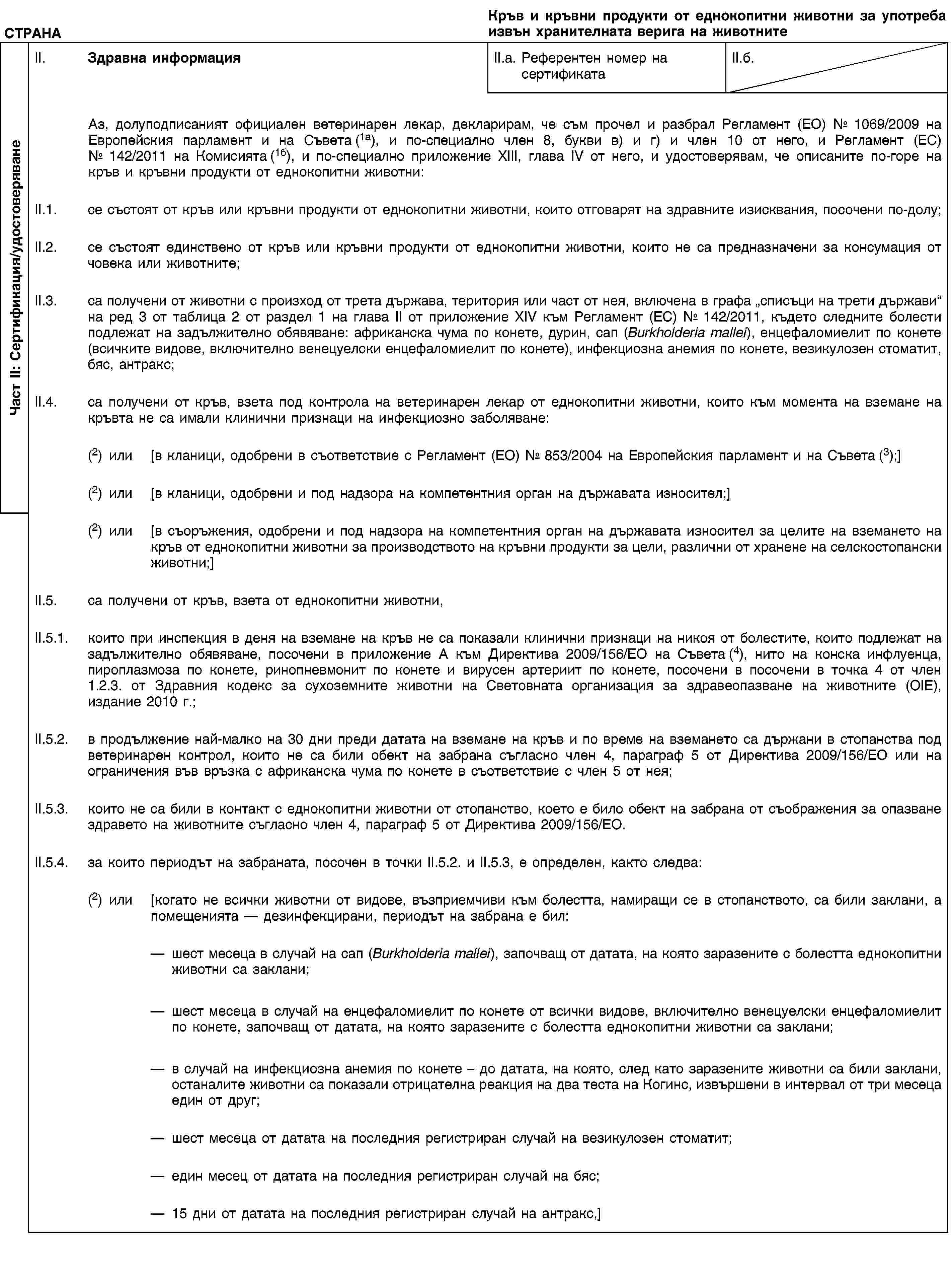 Част II: Сертификация/удостоверяванеСТРАНАКръв и кръвни продукти от еднокопитни животни за употреба извън хранителната верига на животнитеII. Здравна информацияII.a. Референтен номер на сертификатаII.б.Аз, долуподписаният официален ветеринарен лекар, декларирам, че съм прочел и разбрал Регламент (ЕО) № 1069/2009 на Европейския парламент и на Съвета (1а), и по-специално член 8, букви в) и г) и член 10 от него, и Регламент (ЕС) № 142/2011 на Комисията (1б), и по-специално приложение XIII, глава IV от него, и удостоверявам, че описаните по-горе на кръв и кръвни продукти от еднокопитни животни:II.1. се състоят от кръв или кръвни продукти от еднокопитни животни, които отговарят на здравните изисквания, посочени по-долу;II.2. се състоят единствено от кръв или кръвни продукти от еднокопитни животни, които не са предназначени за консумация от човека или животните;II.3. са получени от животни с произход от трета държава, територия или част от нея, включена в графа „списъци на трети държави“ на ред 3 от таблица 2 от раздел 1 на глава II от приложение XIV към Регламент (ЕС) № 142/2011, където следните болести подлежат на задължително обявяване: африканска чума по конете, дурин, сап (Burkholderia mallei), енцефаломиелит по конете (всичките видове, включително венецуелски енцефаломиелит по конете), инфекциозна анемия по конете, везикулозен стоматит, бяс, антракс;II.4. са получени от кръв, взета под контрола на ветеринарен лекар от еднокопитни животни, които към момента на вземане на кръвта не са имали клинични признаци на инфекциозно заболяване:(2) или [в кланици, одобрени в съответствие с Регламент (ЕО) № 853/2004 на Европейския парламент и на Съвета (3);](2) или [в кланици, одобрени и под надзора на компетентния орган на държавата износител;](2) или [в съоръжения, одобрени и под надзора на компетентния орган на държавата износител за целите на вземането на кръв от еднокопитни животни за производството на кръвни продукти за цели, различни от хранене на селскостопански животни;]II.5. са получени от кръв, взета от еднокопитни животни,II.5.1. които при инспекция в деня на вземане на кръв не са показали клинични признаци на никоя от болестите, които подлежат на задължително обявяване, посочени в приложение А към Директива 2009/156/ЕО на Съвета (4), нито на конска инфлуенца, пироплазмоза по конете, ринопневмонит по конете и вирусен артериит по конете, посочени в посочени в точка 4 от член 1.2.3. от Здравния кодекс за сухоземните животни на Световната организация за здравеопазване на животните (OIE), издание 2010 г.;II.5.2. в продължение най-малко на 30 дни преди датата на вземане на кръв и по време на вземането са държани в стопанства под ветеринарен контрол, които не са били обект на забрана съгласно член 4, параграф 5 от Директива 2009/156/ЕО или на ограничения във връзка с африканска чума по конете в съответствие с член 5 от нея;II.5.3. които не са били в контакт с еднокопитни животни от стопанство, което е било обект на забрана от съображения за опазване здравето на животните съгласно член 4, параграф 5 от Директива 2009/156/ЕО.II.5.4. за които периодът на забраната, посочен в точки II.5.2. и II.5.3, е определен, както следва:(2) или [когато не всички животни от видове, възприемчиви към болестта, намиращи се в стопанството, са били заклани, а помещенията — дезинфекцирани, периодът на забрана е бил:шест месеца в случай на сап (Burkholderia mallei), започващ от датата, на която заразените с болестта еднокопитни животни са заклани;шест месеца в случай на енцефаломиелит по конете от всички видове, включително венецуелски енцефаломиелит по конете, започващ от датата, на която заразените с болестта еднокопитни животни са заклани;в случай на инфекциозна анемия по конете – до датата, на която, след като заразените животни са били заклани, останалите животни са показали отрицателна реакция на два теста на Когинс, извършени в интервал от три месеца един от друг;шест месеца от датата на последния регистриран случай на везикулозен стоматит;един месец от датата на последния регистриран случай на бяс;15 дни от датата на последния регистриран случай на антракс,]